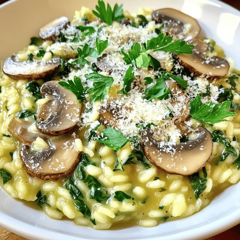 - 1 cup Arborio rice - 4 cups vegetable broth - 1 cup mushrooms, sliced The main ingredients create the base of your Mushroom Spinach Risotto. Arborio rice is key because it absorbs liquid well, giving you that creamy texture. Vegetable broth adds flavor and depth. Use fresh mushrooms, like cremini or button, for a savory taste. - 2 cups fresh spinach, chopped - 1 small onion, finely chopped - 2 cloves garlic, minced - 1 tablespoon olive oil - 1 tablespoon butter These additional ingredients add layers of flavor. Fresh spinach wilts perfectly into the risotto and gives it a bright color. Onion and garlic provide a sweet aroma while sautéing. Olive oil and butter add richness to the dish. - ½ cup grated Parmesan cheese - Salt and pepper to taste - Fresh parsley for garnish While not necessary, Parmesan cheese enhances the creaminess and adds a salty kick. Salt and pepper help you season the risotto to your liking. Fresh parsley makes the dish look beautiful and adds a pop of freshness. First, heat the vegetable broth. Use a saucepan and set it over low heat. You want the broth warm but not boiling. Keeping it warm helps the rice cook evenly. Next, grab a large skillet. Heat olive oil and butter over medium heat. Add the finely chopped onion. Sauté it until it turns translucent, which takes about 3-4 minutes. Now, add minced garlic and sliced mushrooms. Cook these together for 5-6 minutes. The mushrooms should become tender and release moisture. This step adds a lot of flavor to the dish. It's time to add the Arborio rice. Stir it in and cook for 2-3 minutes. This will let the rice absorb all the tasty flavors. Start adding the warm broth, one ladleful at a time. Keep stirring as you add broth. Let the rice absorb most of the liquid before adding more. This should take around 18-20 minutes. The rice should become creamy and al dente. When the rice is almost ready, fold in the chopped spinach. Cook for about 2-3 minutes until the spinach wilts. If you like, stir in grated Parmesan cheese. Season with salt and pepper to taste. Once done, allow it to sit for a couple of minutes before serving. This resting time helps the flavors come together nicely. Stirring often is key to a creamy risotto. This process helps release the starches in the rice. The more you stir, the creamier it gets. It’s fun to feel the rice change texture! Add broth slowly. Use one ladle at a time. Wait until the rice absorbs most of the liquid before adding more. This method takes about 18 to 20 minutes. Patience pays off! To boost flavor, season wisely. A little salt and pepper can make a big difference. Try adding a pinch of red pepper flakes for heat. Fresh herbs like thyme or basil also work well. Using high-quality broth is essential. A rich vegetable broth adds depth. If you have homemade broth, even better! It brings warmth and comfort to your dish. Serve risotto in shallow bowls for a nice look. The creamy texture looks inviting. For garnish, sprinkle fresh parsley on top. It adds color and freshness. Adding extra Parmesan cheese creates a lovely finish. Just a little sprinkle makes the dish shine. Serve it warm, and enjoy the smiles around your table! {{image_2}} You can add proteins to your Mushroom Spinach Risotto to make it heartier. Chicken or shrimp are great options. Just cook them in the skillet before adding the rice. If you prefer a vegan dish, try chickpeas or tofu. These options add protein without changing the dish’s flair. Feel free to swap out spinach and mushrooms for other veggies. Asparagus, peas, or zucchini can fit well. You can also use seasonal vegetables like squash in the fall or tomatoes in the summer. This helps keep the dish fresh and exciting. Cheese adds creaminess to risotto. Besides Parmesan, you can try goat cheese or feta for different flavors. If you want a dairy-free option, use nutritional yeast. It gives a cheesy taste without the dairy. Each choice adds a unique twist to the dish. To keep your Mushroom Spinach Risotto fresh, you should store it in the fridge. Place the risotto in an airtight container. Make sure it cools down first before sealing it. This helps prevent moisture buildup. It lasts about 3 to 5 days in the refrigerator. You can freeze Mushroom Spinach Risotto for longer storage. Use a freezer-safe container or a zip-top bag. Make sure to remove as much air as possible to prevent freezer burn. When you want to eat it, thaw it overnight in the fridge. Reheat it on the stove over low heat, adding a splash of broth or water to help it regain its creamy texture. For the best taste, eat the risotto within 3 to 5 days if refrigerated. If you freeze it, try to eat it within 2 to 3 months. This keeps it tasting great. Always check for any off smells or changes in texture before eating. Proper storage helps maintain the flavor and quality of your delicious dish! The best type of rice for risotto is Arborio rice. This rice has high starch content. The starch creates a creamy texture as you cook it. Other rice types, like jasmine or basmati, won’t give the same result. Arborio rice absorbs flavors well. It also cooks evenly, making it ideal for risotto. This is why it is a favorite among chefs. Yes, you can make risotto in advance. To prepare ahead, cook it until it is just al dente. Once cooled, store it in an airtight container. When you are ready to eat, warm it on the stove. Add a little broth to help restore creaminess. Stir constantly while heating. This keeps the rice from sticking. If you plan to make it a day ahead, follow these steps for the best results. Mushroom Spinach Risotto is quite healthy. It contains many nutrients and vitamins. Spinach is rich in iron, calcium, and vitamins A and C. Mushrooms also add fiber and antioxidants. Arborio rice provides carbohydrates for energy. Using vegetable broth adds flavor without extra calories. If you choose to skip the cheese, you cut down on fat. Overall, this dish can be a balanced meal when served in moderation. This blog post covered how to make Mushroom Spinach Risotto. We explored key ingredients like Arborio rice, mushrooms, and fresh spinach. I shared step-by-step instructions for preparing broth, sautéing vegetables, and cooking the risotto. Remember, stirring and choosing a quality broth are key for creaminess. You can play with proteins, vegetables, and even cheese to create your perfect dish. Enjoy your cooking journey and feel free to try different flavor combinations. Happy cooking!