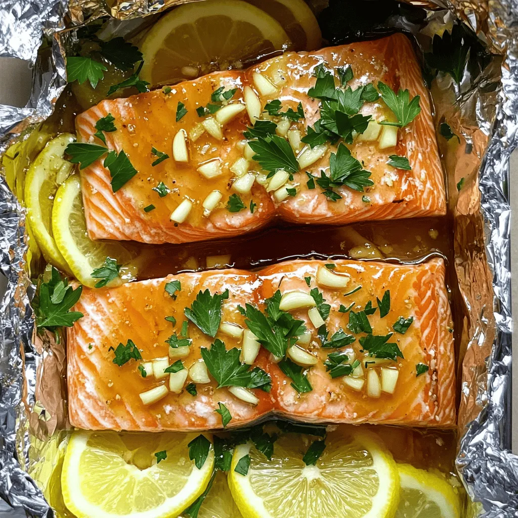 - 2 salmon fillets - 2 tablespoons unsalted butter, melted - 3 tablespoons honey - 3 cloves garlic, minced - 1 tablespoon fresh lemon juice - 1 teaspoon soy sauce (or coconut aminos for a gluten-free option) - Salt and black pepper to taste - Fresh parsley, chopped (for garnish) - Lemon slices (for garnish) To make Honey Garlic Butter Salmon in Foil, you need fresh salmon fillets. I love using wild-caught salmon when I can. It has a rich flavor that shines in this dish. You will want unsalted butter for this recipe. The butter adds creaminess and helps to blend the flavors. Honey provides sweetness that balances the garlic and salt. Garlic is a must. It adds depth to the sauce and makes everything smell amazing. Fresh lemon juice brightens the dish and adds a nice tang. Soy sauce or coconut aminos gives a savory touch. Soy sauce works great, but coconut aminos are perfect for a gluten-free option. Don't forget salt and black pepper. They boost the dish's flavor. Finally, we use fresh parsley and lemon slices for garnish. They make the dish look pretty and fresh. Gather these simple ingredients, and you are ready to create a delicious meal. Each ingredient plays a role in making this dish special. - First, set your oven to 400°F (200°C). This high heat cooks the salmon well. - Next, take a large piece of aluminum foil. It should be big enough to wrap the salmon completely. - In a small bowl, mix together the melted butter, honey, minced garlic, lemon juice, and soy sauce. - Whisk this mixture until it is smooth and well combined. This will be your honey garlic butter sauce. - Place the salmon fillets on the aluminum foil, skin side down. - Fold the sides of the foil up to create a pouch around the salmon. - Pour the honey garlic butter sauce evenly over the salmon fillets. Ensure they are well coated. - Season the salmon with salt and black pepper to your liking. - Fold the foil tightly over the salmon to seal the pouch and keep the flavors inside. - Place the foil pouch on a baking sheet and bake it in the preheated oven for 15-20 minutes. - To check if the salmon is done, use a fork. It should flake easily. - Carefully open the foil pouch. Beware of the hot steam that will escape. - Finally, garnish your salmon with fresh parsley and lemon slices for a nice look. How do you adjust seasoning? Start with salt and black pepper. Taste your honey garlic butter mix before pouring it over the salmon. You can add more garlic if you love that taste. Try adding a pinch of chili flakes for a bit of heat. What are the best practices for marinating? Marinate your salmon for at least 15 minutes. If you have more time, let it sit for 30 minutes. This lets the flavors soak in well. You can also use a resealable bag for easy marinating. Just pour the sauce in, add the salmon, seal the bag, and shake gently. What are foil pouch tips for even cooking? Make sure the foil is tightly sealed. This will keep the steam in for even cooking. Place the salmon skin side down to avoid sticking. You can also fold the edges of the foil to trap the steam better. What are alternative cooking methods? You can grill the salmon for a smoky taste. Just place the foil pouch on the grill and cook for about 15 minutes. You can also air fry it at 375°F for about 12 minutes. Both methods keep the salmon juicy and flavorful. {{image_2}} You can easily change some ingredients for different tastes. For a gluten-free option, use coconut aminos instead of soy sauce. It gives a nice flavor without gluten. You can also swap out the garlic. Try shallots or green onions for a unique twist. Fresh herbs like dill or thyme can add great taste too. If you want more heat, add red pepper flakes. This salmon pairs well with many sides. Try it with steamed broccoli or asparagus for a light meal. You can also serve it with fluffy rice or quinoa for a filling dish. For garnishes, fresh parsley adds a bright touch. Lemon slices not only look nice but also add flavor. You can also sprinkle some sesame seeds on top for crunch. Enjoy your meal! To keep your honey garlic butter salmon fresh, follow these steps. First, let the salmon cool down to room temperature. Then, place it in an airtight container. If you do not have one, wrap the salmon tightly in plastic wrap. Store it in the fridge. It stays good for up to three days. For best taste, eat it soon. When you’re ready to eat the leftovers, reheat the salmon safely. You can use the oven or a microwave. For the oven, preheat it to 350°F (175°C). Place the salmon on a baking sheet. Cover it with foil to keep it moist. Heat for about 10-15 minutes, or until hot. If using a microwave, place the salmon on a microwave-safe plate. Cover it with a damp paper towel. Heat on medium for 1-2 minutes. Always check that it is hot throughout before eating. To check if salmon is done, look for a few signs. Cooked salmon should be opaque and lightly flake with a fork. You can also use a fork to gently press down. If it easily breaks apart, it is ready. The internal temperature should be around 145°F (63°C). Yes, you can use frozen salmon. First, thaw it before cooking. You can do this by placing it in the fridge overnight. If you need it fast, place the sealed salmon in cold water for about an hour. Once thawed, pat it dry with paper towels before using it in the recipe. Honey garlic butter salmon can be a healthy choice. Salmon is rich in omega-3 fatty acids, which are good for heart health. The butter and honey add flavor but should be used in moderation. You can adjust the amount of butter or honey based on your dietary needs. Pair it with veggies for a balanced meal. In this blog post, I shared how to make delicious honey garlic butter salmon in foil. We covered key ingredients, simple steps, and tips to boost flavor. I also offered variations and storage info for your convenience. This dish is easy and tasty for any meal. Try it out, and impress your family or friends. Enjoy the cooking process, and savor every bite of your creation!