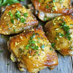 - 4 chicken thighs (bone-in, skin-on) - 3 tablespoons olive oil - Zest of 1 lemon - 1/4 cup fresh lemon juice - 4 garlic cloves, minced - 1 teaspoon dried oregano - 1 teaspoon dried thyme - Salt and pepper to taste - Fresh parsley, chopped (for garnish) Choosing the right chicken thighs is key. Bone-in and skin-on thighs stay juicy. They also add flavor. Olive oil gives moisture and taste. Fresh lemon juice brightens the dish. Lemon zest adds intense flavor. Minced garlic gives a nice kick. Oregano and thyme add depth to the taste. Salt and pepper enhance all the flavors. Finally, parsley adds a fresh touch. You can swap fresh lemon juice with bottled lemon juice. It works in a pinch but lacks some brightness. If you do not have fresh garlic, garlic powder can work but use less. You can replace olive oil with another oil like canola or avocado. If you need dried herbs, use Italian seasoning as a mix. Just remember, fresh herbs add the best taste. Start by preheating your oven to 400°F (200°C). This step is key for even cooking. In a large bowl, mix together the olive oil, lemon zest, lemon juice, minced garlic, oregano, thyme, salt, and pepper. Whisk these ingredients until they blend well. Next, add the chicken thighs to the bowl. Make sure each thigh gets a nice coating of the marinade. Let them sit for at least 15 minutes. If you have time, marinate them in the fridge for up to 2 hours. This helps the flavors soak in. Heat a large oven-safe skillet over medium-high heat. Once hot, place the chicken thighs skin-side down in the skillet. Sear them for 5-7 minutes. You want the skin to turn golden brown and crispy. This step locks in the juices. After that, flip the thighs over carefully. Pour any remaining marinade over the top. This adds more flavor as they cook. Then, transfer the skillet to the preheated oven. Bake the chicken for 25-30 minutes. Ensure the internal temperature reaches 165°F (75°C). This ensures the chicken is safe to eat. To get that perfect crispy skin, start with a hot skillet. The heat helps render the fat in the skin. Don’t crowd the skillet; this can cause steaming instead of searing. If you have more thighs, cook them in batches. Another tip is to pat the skin dry with paper towels before seasoning. This helps the skin crisp up better. Lastly, let the chicken rest for 5 minutes after cooking. This keeps the juices inside, making every bite tender and juicy. Marinating chicken thighs makes them taste better. The lemon juice and garlic work together to add flavor. I like to marinate for at least 15 minutes. For even more taste, try marinating for up to 2 hours in the fridge. This allows the chicken to soak up all the good stuff. Always coat the chicken well. Use a large bowl to mix the marinade. The right temperature is key for juicy chicken. Preheat your oven to 400°F (200°C). This heat helps cook the chicken evenly. Start by searing the thighs in a hot skillet. This gives the skin a golden crust. After searing, bake them until they reach 165°F (75°C). Use a meat thermometer to check. To boost flavors, try adding fresh herbs. Fresh parsley on top adds brightness. You can also switch herbs in the marinade. Rosemary or basil works well. If you want extra zing, add a pinch of red pepper flakes. This gives a nice kick to your dish. Always taste the marinade before adding the chicken. Adjust salt and pepper as needed for the perfect balance. {{image_2}} You can change the herbs and spices in this recipe. For a fresh taste, try fresh herbs instead of dried. Use 1 tablespoon of fresh oregano or thyme. You can also add rosemary for a woodsy flavor. For heat, add red pepper flakes. They give a nice kick to the dish. If you want something sweet, try adding a little honey or maple syrup. This will balance the tartness of the lemon. Feel free to experiment with the marinade. You can use lime juice instead of lemon juice for a zesty twist. Adding soy sauce can give a savory depth. You can also mix in some Dijon mustard for a tangy punch. If you like a sweeter flavor, include a tablespoon of brown sugar. Let your imagination run wild with these changes! Lemon garlic chicken thighs pair well with many sides. Serve them with rice or quinoa for a filling meal. Roasted vegetables or a fresh salad also make great choices. You can even add some crusty bread to soak up the tasty juices. For a complete meal, try serving with a light pasta dish. Whatever you choose, these thighs will shine on your plate! After cooking, let your lemon garlic chicken thighs cool down. Keep them in an airtight container. The chicken can stay fresh for up to 3 days in the fridge. Make sure to store it with any juices or sauce for extra flavor. If you want to save some chicken for later, freezing works great. Place the cooled chicken thighs in a freezer-safe bag. Press out as much air as you can before sealing. These can last for up to 3 months in the freezer. Label the bag with the date to keep track. To reheat, first thaw any frozen chicken in the fridge overnight. You can use an oven or a skillet for reheating. If using the oven, set it to 350°F (175°C). Heat for about 15 to 20 minutes, or until warm. A skillet will take about 5 to 7 minutes over medium heat. You can add a splash of broth or water to keep it juicy. Enjoy your chicken just as you made it! You can pair Lemon Garlic Chicken Thighs with many sides. Here are a few ideas: - Rice: Serve with fluffy white rice or lemon rice for a nice twist. - Vegetables: Roasted or steamed veggies like asparagus or green beans work well. - Salad: A fresh green salad with a light vinaigrette adds a crisp touch. - Potatoes: Mashed, roasted, or baked potatoes make a hearty side. These options round out the meal and complement the chicken's flavors. To keep chicken thighs juicy, follow these tips: - Marinate: Let the chicken sit in the marinade for at least 15 minutes. This builds flavor and moisture. - Cook at the right temperature: Cook them at 400°F (200°C) to get a nice sear while keeping them tender. - Use a meat thermometer: Check for an internal temperature of 165°F (75°C). This ensures they are done, not dry. - Rest the chicken: Let the thighs rest for 5 minutes after cooking. This helps the juices stay inside. These steps will help you achieve juicy, flavorful chicken every time. Yes, you can use boneless chicken thighs. They cook faster, so adjust your time: - Cooking time: Bake for about 20-25 minutes instead of 25-30 minutes. - Marinade soak: You can still marinate them for great flavor. Boneless thighs will be just as tasty and easy to prepare! This blog post covered all you need for cooking flavorful lemon garlic chicken thighs. We discussed key ingredients, cooking steps, and tips for crispy skin. You learned about substitutions and marinating strategies. We also shared variations and storage tips to extend your meal's lifespan. Remember, using the right ingredients and techniques can make a difference. Enjoy creating tasty dishes that impress your family and friends!