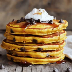 - 1 cup all-purpose flour - 1 tablespoon baking powder - 1/2 teaspoon baking soda - 1/2 teaspoon salt - 1 teaspoon pumpkin pie spice - 1/2 cup canned pumpkin puree - 1 tablespoon brown sugar - 1 large egg - 3/4 cup milk (dairy or non-dairy) - 1 teaspoon vanilla extract - 1/2 cup semi-sweet chocolate chips - Butter or oil for cooking When I make chocolate chip pumpkin pancakes, I always start with these key ingredients. They work together to create a fluffy and delicious pancake. The canned pumpkin puree adds moisture and flavor. The chocolate chips give a sweet surprise in every bite. - Chopped nuts (like walnuts or pecans) - Whipped cream for serving - Maple syrup for drizzling - Additional spices (like cinnamon or nutmeg) Adding optional ingredients can elevate your pancakes. Chopped nuts add crunch and flavor. Whipped cream makes them extra special. A drizzle of maple syrup brings all the flavors together perfectly. - Whole wheat flour instead of all-purpose flour - Coconut milk instead of regular milk - Honey or maple syrup in place of brown sugar - Dark chocolate chips instead of semi-sweet If you want to change things up, try these substitutes. Whole wheat flour gives a nutty taste. Coconut milk makes it dairy-free. Using honey or maple syrup can add a different sweetness. Dark chocolate chips can enhance the richness of your pancakes. To start, gather your ingredients. You will need: - 1 cup all-purpose flour - 1 tablespoon baking powder - 1/2 teaspoon baking soda - 1/2 teaspoon salt - 1 teaspoon pumpkin pie spice - 1/2 cup canned pumpkin puree - 1 tablespoon brown sugar - 1 large egg - 3/4 cup milk - 1 teaspoon vanilla extract - 1/2 cup semi-sweet chocolate chips - Butter or oil for cooking In a medium bowl, whisk the flour, baking powder, baking soda, salt, and pumpkin pie spice together. This mix should be light and fluffy. In another bowl, mix the pumpkin puree, brown sugar, egg, milk, and vanilla extract until it’s smooth. This step combines the sweet and creamy flavors. Now, gently add the wet mixture into the dry mix. Stir until just combined. It’s okay to have small lumps; they help keep the pancakes light. Finally, fold in the chocolate chips. This adds a touch of sweetness in every bite. Heat a non-stick skillet or griddle over medium heat. Add a small amount of butter or oil until it melts. This helps the pancakes not stick. Pour about 1/4 cup of batter onto the skillet for each pancake. Cook until you see bubbles on the surface and the edges look set, which takes about 2-3 minutes. Carefully flip the pancakes and cook for another 2-3 minutes until they turn golden brown. Once cooked, remove the pancakes from the skillet. Keep them warm while you finish cooking the rest of the batter. Now it’s time to serve! Stack the pancakes on a plate. Drizzle with warm maple syrup. For a splash of color, add more chocolate chips on top. A sprinkle of pumpkin spice adds a nice touch. You can also serve with a dollop of whipped cream on the side. This makes each bite even more delightful. Enjoy your tasty fall breakfast! To get the best texture, use the right flour. All-purpose flour works wonders here. It gives a soft, fluffy pancake. You can also sift your flour to remove lumps. This simple step helps mix better. If you like a lighter pancake, add a little extra baking powder. Just a pinch can help lift them. Mixing is key, but don’t overdo it. When you combine wet and dry ingredients, stir gently. A few lumps in your batter is perfectly okay. Overmixing makes pancakes tough instead of soft. Remember, you want a smooth batter without too much work. Timing is important for perfect pancakes. Heat your pan over medium heat. Pour about 1/4 cup of batter for each pancake. Cook for about 2-3 minutes. Look for bubbles on the surface. Once you see them, it’s time to flip! Cook for another 2-3 minutes until golden brown. Adjust your heat if needed to avoid burning. Each pancake should be cooked through but still moist inside. {{image_2}} You can change the taste of your pancakes easily. Try adding a pinch of nutmeg for warmth. This spice pairs well with pumpkin. You can also use different types of chocolate. Dark chocolate chips add a rich taste. For a fruity twist, mix in blueberries or chopped bananas. Each option brings a new flavor to your pancakes. If you need to make these pancakes fit your diet, it’s simple. For a gluten-free version, use almond flour or a gluten-free mix. You can swap the milk for almond or oat milk for a dairy-free treat. If you want to cut sugar, use a sugar substitute or skip the brown sugar. These changes help everyone enjoy the meal. The right toppings can elevate your pancakes. Maple syrup is a classic choice, but you can try honey or agave syrup. For extra fun, add whipped cream or yogurt on top. Fresh fruit like strawberries or raspberries adds color and taste. You can even sprinkle more chocolate chips or nuts for crunch. Choose what you love! Store leftover pancakes in an airtight container. Place parchment paper between layers to prevent sticking. They will stay fresh in the fridge for up to three days. If you want to enjoy them later, make sure they cool completely before sealing. To freeze pancakes, let them cool completely. Then, stack them with parchment paper in between. Place the stack in a freezer-safe bag or container. They can last up to two months in the freezer. Label the bag with the date for easy tracking. To reheat pancakes, you have a few options. For the microwave, place them on a plate and cover with a damp paper towel. Heat in 20-second bursts until warm. For a toaster, pop them in until heated through. You can also use a skillet on low heat, flipping them occasionally. Enjoy your tasty pancakes! Yes, you can use fresh pumpkin. First, cook the pumpkin until soft. Then, mash it or blend it into a smooth puree. This will give your pancakes a fresh taste. Just make sure to measure out 1/2 cup of the fresh puree. It works well in place of canned pumpkin. To make gluten-free pancakes, swap the all-purpose flour with a gluten-free blend. Look for a blend that has xanthan gum in it. This will help the pancakes keep their shape. Follow the same recipe. You will still get light and fluffy pancakes. The best way to reheat pancakes is in the microwave or on a skillet. For the microwave, place pancakes on a plate and cover them with a damp paper towel. Heat for 20 to 30 seconds. For the skillet, warm it on low and add the pancakes for a minute on each side. This keeps them soft and tasty. This guide has taken you through the key steps to make great pancakes. We covered ingredients, cooking tips, and fun ways to tweak your recipe. You can try new flavors or make them fit your diet. Don't forget about storage and reheating to enjoy leftovers later. With these tips, you’ll create pancakes everyone loves. Embrace the joy of cooking; it's a fun skill to have!