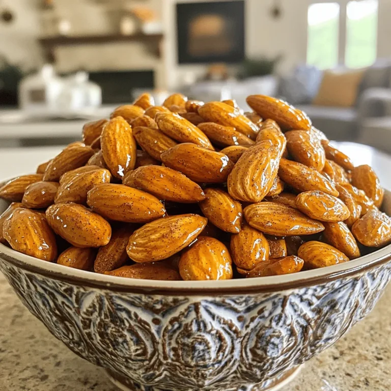 - 2 cups raw almonds - 1/4 cup pure maple syrup - 1 teaspoon ground cinnamon - 1/4 teaspoon sea salt - 1/4 teaspoon vanilla extract - 1/4 teaspoon cayenne pepper (optional for heat) - 1 tablespoon coconut oil (or melted butter) These maple cinnamon roasted almonds are not just tasty; they pack a healthy punch. A serving size of about 1 ounce (28 grams) contains roughly: - Calories: 170 - Protein: 6 grams - Fat: 15 grams - Carbohydrates: 6 grams - Fiber: 3 grams - Sugars: 3 grams They offer healthy fats, protein, and fiber, making them a great snack. You can easily swap some ingredients if you need to. Here are a few ideas: - Almonds: Use walnuts or pecans for a different nutty flavor. - Maple Syrup: Honey or agave nectar work well as sweeteners. - Coconut Oil: Substitute with olive oil or melted butter for a rich taste. - Cayenne Pepper: Skip it if you prefer no heat, or use paprika for a milder spice. These changes allow you to customize the recipe based on your taste or what you have at home. Start by preheating your oven to 350°F (175°C). This temperature helps the almonds roast evenly. Next, take a baking sheet and line it with parchment paper. This step makes cleanup easy later. It also helps the almonds not stick. In a mixing bowl, combine the following ingredients: - 1/4 cup pure maple syrup - 1 teaspoon ground cinnamon - 1/4 teaspoon sea salt - 1/4 teaspoon vanilla extract - 1/4 teaspoon cayenne pepper (optional for heat) Stir the mix until it blends well. The maple syrup adds sweetness, while the cinnamon gives warmth. If you like a bit of spice, add cayenne. Now, add 2 cups of raw almonds to the bowl. Drizzle 1 tablespoon of melted coconut oil or butter over them. Toss the almonds in the coating until they are fully covered. Spread the coated almonds in a single layer on your baking sheet. This helps them roast well. Place the sheet in the oven. Roast for 15 to 20 minutes. Stir them halfway through to ensure even browning. Watch closely to avoid burning. They should turn golden brown and smell amazing. Once done, remove the baking sheet from the oven. Let the almonds cool completely. They will harden as they cool. Finally, store them in an airtight container. Enjoy your tasty snack! To make your maple cinnamon roasted almonds shine, focus on fresh ingredients. Use pure maple syrup for real sweetness. It tastes better than the fake stuff. Ground cinnamon adds warmth and depth. Make sure it's fresh for the best flavor. You can add cayenne pepper for a spicy kick. This balances the sweetness and makes it unique. Tossing the almonds well ensures every bit gets coated. Spread them out evenly on the baking sheet. This helps them roast evenly for that perfect crunch. One common mistake is overcooking the almonds. Keep an eye on them as they roast. Set a timer for 10 minutes and stir them. This helps prevent burning. Another mistake is using too much syrup. Just coat them lightly, or they will be sticky. Lastly, don’t skip the cooling step. Allow them to cool completely before storing. This hardens the coating and makes them crunchier. Store your roasted almonds in an airtight container. This keeps them fresh and crunchy. A cool, dry place is best for storage. Avoid direct sunlight, as heat can spoil them. If you want them to last longer, consider freezing. They can stay fresh for months in the freezer. Just let them thaw before serving. This way, you can enjoy your tasty snack whenever you want! {{image_2}} You can change the taste of your almonds by adding different spices. Try nutmeg for a warm flavor. Or use cardamom for a floral note. If you like heat, add more cayenne pepper. Just a pinch can make a big difference. Experiment with what you like best! Maple syrup is great, but it’s not the only option. You can try honey for a floral sweetness. Agave nectar works too, and it has a light taste. For a sugar-free choice, use monk fruit sweetener. Each sweetener gives a unique taste to the almonds. Mix flavors to create your special twist. How about adding cocoa powder for a chocolatey treat? You could also mix in dried fruits like cranberries for a sweet burst. For a savory option, try garlic powder and rosemary. The choices are endless. Don’t be afraid to get creative! After making your maple cinnamon roasted almonds, let them cool completely. This step is key. Once they are cool, transfer the almonds to an airtight container. I recommend glass or plastic containers with tight lids. This will keep them fresh and tasty. You can also use resealable bags. Just make sure to squeeze out all the air before sealing. When stored properly, your roasted almonds can last a long time. They stay fresh for about 1 to 2 weeks at room temperature. If you put them in the fridge, they can last up to a month. For the best taste, eat them within the first week. You might find they lose some crunchiness after a while. If you want to keep your almonds even longer, freezing is a great choice. Place the cooled almonds in a freezer-safe bag. Make sure to remove as much air as possible. They can last for about 3 months in the freezer. When you're ready to eat them, just take out what you need. Let them sit at room temperature for a bit to regain their crunch. Yes, you can use other nuts. Walnuts, pecans, or cashews work well. Each nut will give a unique taste. Just keep an eye on roasting times. Some nuts cook faster than almonds. You will know the almonds are done when they turn golden brown. They should also smell fragrant. Stir them halfway through roasting to help them cook evenly. Be careful not to burn them. Yes, these roasted almonds are a healthy snack. Almonds are packed with good fats and protein. Maple syrup adds sweetness but is still natural. Just remember to enjoy them in moderation. In this article, we explored the key steps to make roasted almonds. We covered ingredients, tips for the best flavor, and common mistakes. You learned how to store your almonds for freshness and even tried new variations. Roasting almonds is simple and rewarding. You can enjoy a healthy snack or use them in recipes. I hope this inspires you to create your tasty treats. Happy roasting!