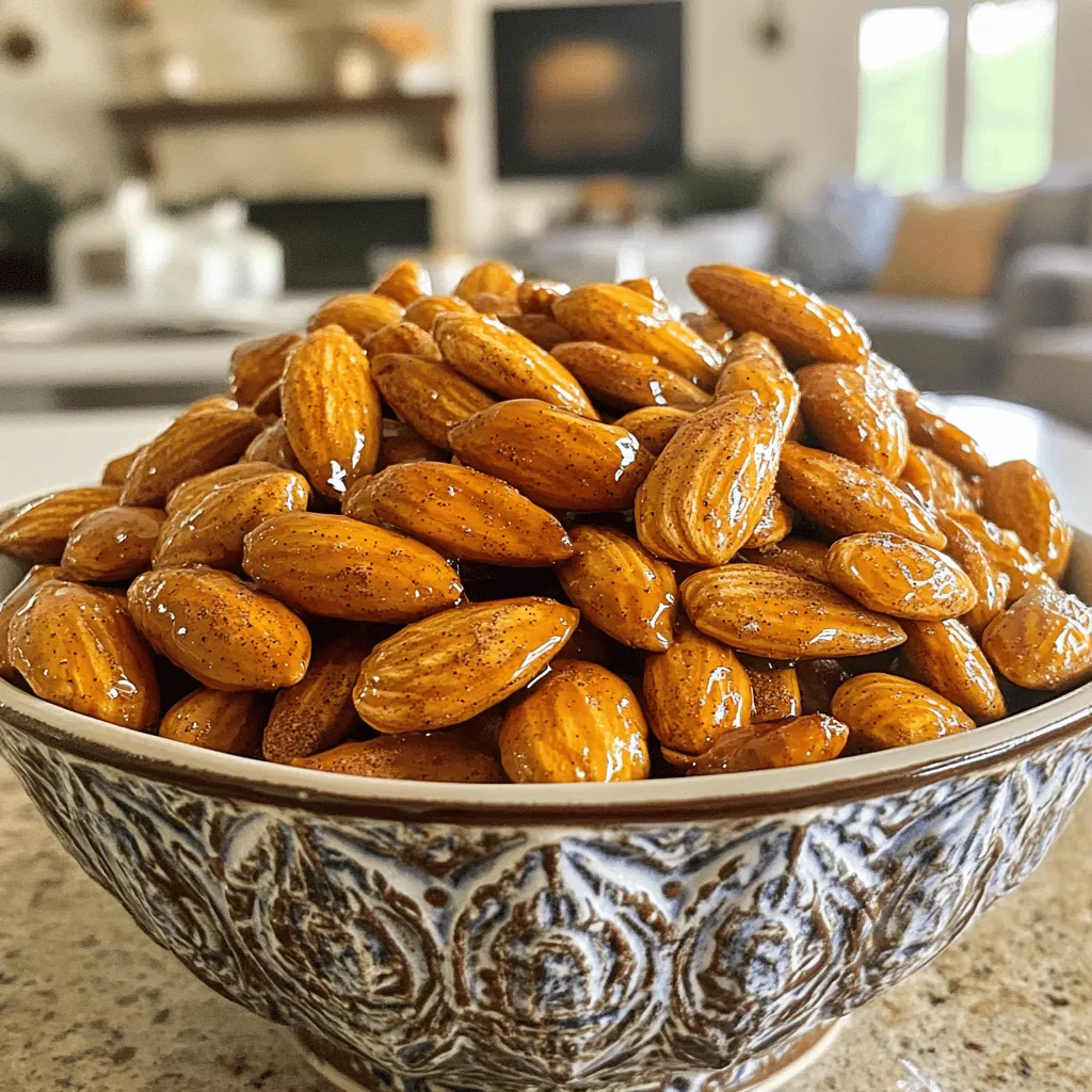 - 2 cups raw almonds - 1/4 cup pure maple syrup - 1 teaspoon ground cinnamon - 1/4 teaspoon sea salt - 1/4 teaspoon vanilla extract - 1/4 teaspoon cayenne pepper (optional for heat) - 1 tablespoon coconut oil (or melted butter) These maple cinnamon roasted almonds are not just tasty; they pack a healthy punch. A serving size of about 1 ounce (28 grams) contains roughly: - Calories: 170 - Protein: 6 grams - Fat: 15 grams - Carbohydrates: 6 grams - Fiber: 3 grams - Sugars: 3 grams They offer healthy fats, protein, and fiber, making them a great snack. You can easily swap some ingredients if you need to. Here are a few ideas: - Almonds: Use walnuts or pecans for a different nutty flavor. - Maple Syrup: Honey or agave nectar work well as sweeteners. - Coconut Oil: Substitute with olive oil or melted butter for a rich taste. - Cayenne Pepper: Skip it if you prefer no heat, or use paprika for a milder spice. These changes allow you to customize the recipe based on your taste or what you have at home. Start by preheating your oven to 350°F (175°C). This temperature helps the almonds roast evenly. Next, take a baking sheet and line it with parchment paper. This step makes cleanup easy later. It also helps the almonds not stick. In a mixing bowl, combine the following ingredients: - 1/4 cup pure maple syrup - 1 teaspoon ground cinnamon - 1/4 teaspoon sea salt - 1/4 teaspoon vanilla extract - 1/4 teaspoon cayenne pepper (optional for heat) Stir the mix until it blends well. The maple syrup adds sweetness, while the cinnamon gives warmth. If you like a bit of spice, add cayenne. Now, add 2 cups of raw almonds to the bowl. Drizzle 1 tablespoon of melted coconut oil or butter over them. Toss the almonds in the coating until they are fully covered. Spread the coated almonds in a single layer on your baking sheet. This helps them roast well. Place the sheet in the oven. Roast for 15 to 20 minutes. Stir them halfway through to ensure even browning. Watch closely to avoid burning. They should turn golden brown and smell amazing. Once done, remove the baking sheet from the oven. Let the almonds cool completely. They will harden as they cool. Finally, store them in an airtight container. Enjoy your tasty snack! To make your maple cinnamon roasted almonds shine, focus on fresh ingredients. Use pure maple syrup for real sweetness. It tastes better than the fake stuff. Ground cinnamon adds warmth and depth. Make sure it's fresh for the best flavor. You can add cayenne pepper for a spicy kick. This balances the sweetness and makes it unique. Tossing the almonds well ensures every bit gets coated. Spread them out evenly on the baking sheet. This helps them roast evenly for that perfect crunch. One common mistake is overcooking the almonds. Keep an eye on them as they roast. Set a timer for 10 minutes and stir them. This helps prevent burning. Another mistake is using too much syrup. Just coat them lightly, or they will be sticky. Lastly, don’t skip the cooling step. Allow them to cool completely before storing. This hardens the coating and makes them crunchier. Store your roasted almonds in an airtight container. This keeps them fresh and crunchy. A cool, dry place is best for storage. Avoid direct sunlight, as heat can spoil them. If you want them to last longer, consider freezing. They can stay fresh for months in the freezer. Just let them thaw before serving. This way, you can enjoy your tasty snack whenever you want! {{image_2}} You can change the taste of your almonds by adding different spices. Try nutmeg for a warm flavor. Or use cardamom for a floral note. If you like heat, add more cayenne pepper. Just a pinch can make a big difference. Experiment with what you like best! Maple syrup is great, but it’s not the only option. You can try honey for a floral sweetness. Agave nectar works too, and it has a light taste. For a sugar-free choice, use monk fruit sweetener. Each sweetener gives a unique taste to the almonds. Mix flavors to create your special twist. How about adding cocoa powder for a chocolatey treat? You could also mix in dried fruits like cranberries for a sweet burst. For a savory option, try garlic powder and rosemary. The choices are endless. Don’t be afraid to get creative! After making your maple cinnamon roasted almonds, let them cool completely. This step is key. Once they are cool, transfer the almonds to an airtight container. I recommend glass or plastic containers with tight lids. This will keep them fresh and tasty. You can also use resealable bags. Just make sure to squeeze out all the air before sealing. When stored properly, your roasted almonds can last a long time. They stay fresh for about 1 to 2 weeks at room temperature. If you put them in the fridge, they can last up to a month. For the best taste, eat them within the first week. You might find they lose some crunchiness after a while. If you want to keep your almonds even longer, freezing is a great choice. Place the cooled almonds in a freezer-safe bag. Make sure to remove as much air as possible. They can last for about 3 months in the freezer. When you're ready to eat them, just take out what you need. Let them sit at room temperature for a bit to regain their crunch. Yes, you can use other nuts. Walnuts, pecans, or cashews work well. Each nut will give a unique taste. Just keep an eye on roasting times. Some nuts cook faster than almonds. You will know the almonds are done when they turn golden brown. They should also smell fragrant. Stir them halfway through roasting to help them cook evenly. Be careful not to burn them. Yes, these roasted almonds are a healthy snack. Almonds are packed with good fats and protein. Maple syrup adds sweetness but is still natural. Just remember to enjoy them in moderation. In this article, we explored the key steps to make roasted almonds. We covered ingredients, tips for the best flavor, and common mistakes. You learned how to store your almonds for freshness and even tried new variations. Roasting almonds is simple and rewarding. You can enjoy a healthy snack or use them in recipes. I hope this inspires you to create your tasty treats. Happy roasting!
