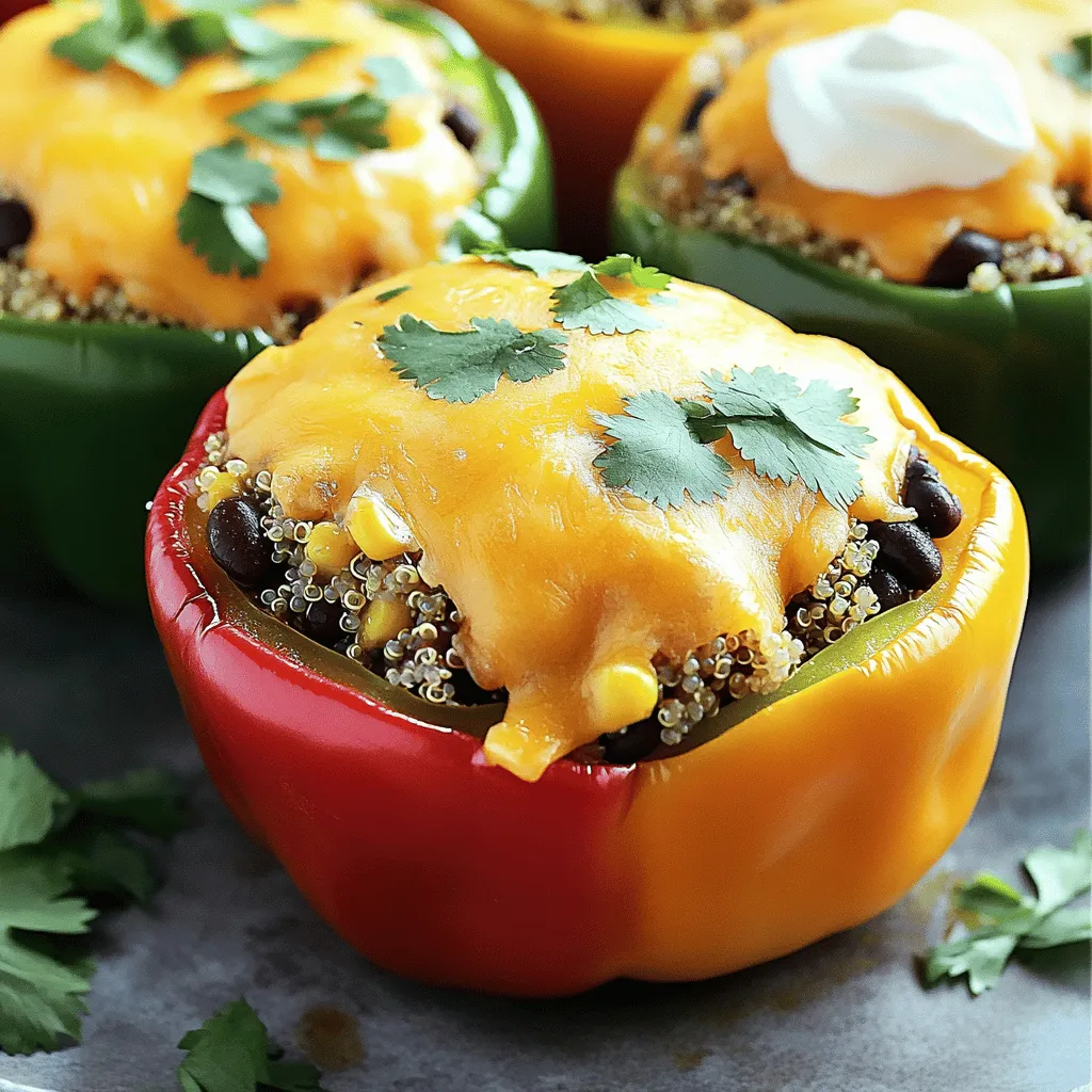 To make Southwest quinoa stuffed peppers, you need fresh and vibrant ingredients. Here’s what you'll need: - 4 large bell peppers (any color) - 1 cup quinoa, rinsed - 2 cups vegetable broth - 1 can (15 oz) black beans, drained and rinsed - 1 can (15 oz) corn, drained - 1 cup diced tomatoes (fresh or canned) - 1 teaspoon cumin - 1 teaspoon chili powder - 1/2 teaspoon smoked paprika - 1 cup shredded cheddar cheese (or a dairy-free alternative) - 1/4 cup fresh cilantro, chopped - Salt and pepper to taste - Sour cream or Greek yogurt for garnish (optional) These ingredients come together to create a colorful, tasty dish. The bell peppers serve as a perfect vessel for the filling. Quinoa provides a hearty base while black beans and corn add protein and fiber. The spices give the dish a warm kick. You can even adjust the spices based on your taste. Finally, cheese adds creaminess and flavor, while cilantro brightens everything up. Using fresh ingredients makes a big difference. It not only boosts flavor but also enhances nutrition. Enjoy the process of gathering your ingredients. It sets the stage for a wonderful cooking experience! First, preheat your oven to 375°F (190°C). This step ensures that your peppers cook evenly. Next, take your large bell peppers and cut the tops off. Make sure to remove all seeds and membranes. This helps the flavors mix better. Lightly oil the outside of each pepper. Place them upright in a baking dish, giving them room to breathe. To cook the quinoa, you need one cup of rinsed quinoa. In a medium saucepan, combine the quinoa with two cups of vegetable broth. Bring this mixture to a boil. Once it boils, reduce the heat to low and cover it. Let it simmer for about 15 minutes. The quinoa should be fluffy when done. If you want even fluffier quinoa, use the right amount of water and let it sit covered for five more minutes after cooking. In a large mixing bowl, combine your cooked quinoa with one can of black beans, one can of corn, and one cup of diced tomatoes. Add one teaspoon of cumin, one teaspoon of chili powder, and half a teaspoon of smoked paprika. Mix everything well. Season your mixture with salt and pepper to taste. This blend of flavors will bring the dish to life. Now it's time to stuff the peppers. Take a generous scoop of your quinoa mixture and pack it into each pepper. Press down lightly to ensure it's full. After that, sprinkle the remaining cheese on top of each stuffed pepper. Cover your baking dish with aluminum foil and bake for 25 minutes. After this, remove the foil and bake for another 10 to 15 minutes. This will melt the cheese and make the peppers tender. Once ready, allow them to cool for a few minutes. Garnish with fresh cilantro if you like. Adjusting spice levels You can change the heat in your stuffed peppers. If you like spice, add more chili powder. For less heat, cut back on spices. Taste the filling before stuffing the peppers. This way, you can find the perfect balance. Using fresh herbs Fresh cilantro brightens the flavor of your dish. You can also try parsley or green onions. Add herbs to the filling for a fresh twist. Sprinkle more on top before serving for a pop of color. Oven variations Ovens can cook unevenly. If yours runs hot, check the peppers early. If they need more time, cover them with foil to prevent burning. You want the peppers soft and the cheese bubbly. Tips for firmness of peppers Some prefer a firmer pepper, while others like them soft. For firmer peppers, bake them for less time. If you want them softer, bake longer. Remember, the filling is already cooked, so adjust times to your liking. Plating ideas For a beautiful plate, place the stuffed peppers upright. Drizzle with sour cream or yogurt for contrast. Add a sprinkle of cheese on top for visual appeal. Serve with fresh cilantro on the side for color. Pairing with sides These peppers pair well with a green salad or rice. A fresh avocado salad adds creaminess. You can also serve them with tortilla chips for a crunchy side. Enjoy the meal with your favorite drink for a complete experience. {{image_2}} You can change up the beans in this recipe. Use pinto beans or kidney beans if you like. Each choice adds a new taste. You can also swap the cheese. Try using a dairy-free cheese or skip it entirely for a lighter dish. To change the flavor, add different spices. Try oregano, paprika, or even taco seasoning. You can also mix in other vegetables. Chopped zucchini, mushrooms, or spinach work great in the filling. For vegan options, skip the cheese and use nutritional yeast for a cheesy taste. If you need gluten-free meals, this recipe is already safe. You can also make a low-carb version. Instead of quinoa, use riced cauliflower for a low-carb twist that still tastes amazing. To keep your leftover Southwest quinoa stuffed peppers fresh, place them in the fridge. Use airtight containers to prevent drying out. Glass containers work well and let you see the food inside. You can also use plastic containers if they seal tightly. When it's time to enjoy your leftovers, you can use the oven or microwave. The oven gives a better texture. Preheat it to 350°F (175°C). Place the stuffed peppers on a tray and cover them with foil. Heat for about 20 minutes. If you use a microwave, heat them on a plate. Start with one to two minutes and check if they are warm enough. To keep the peppers from getting mushy, avoid cooking them too long. You can freeze your stuffed peppers for later. Wrap each pepper in plastic wrap or aluminum foil. Place them in a freezer-safe bag or container. They will stay good for about three months. To thaw, place them in the fridge overnight. For reheating, use the oven or microwave like before. This will keep your peppers tasty and ready to eat. Yes, you can prepare these stuffed peppers in advance. Start by cooking the quinoa and mixing your filling. Then, stuff the peppers but do not bake them yet. Cover them with plastic wrap or foil and store them in the fridge. They can stay fresh for about a day. If you want to store them before baking, make sure to keep them in an airtight container. When you are ready to bake, just take them out, add some cheese, and pop them in the oven. These stuffed peppers pair well with a variety of sides. You can serve them with a fresh green salad. A simple salad with lettuce, tomatoes, and a light vinaigrette works great. You might also enjoy serving tortilla chips and salsa on the side. This adds a nice crunch and a burst of flavor. To add some heat to the filling, consider mixing in diced jalapeños or a splash of hot sauce. This way, you can control how spicy it gets. You can also top the finished peppers with spicy salsa or sliced fresh chili peppers. This adds a nice kick right on top. Cooking quinoa is simple. Rinse the quinoa under cold water first. This removes any bitter taste. Then, combine one cup of rinsed quinoa with two cups of vegetable broth. Bring it to a boil, then reduce the heat and cover it. Cook for about 15 minutes. Some common mistakes include not rinsing the quinoa or using too much water. Both can lead to a mushy texture. Make sure you follow the water ratio for fluffy quinoa. You learned how to make delicious Southwest quinoa stuffed peppers. We covered the ingredients, step-by-step prep, and cooking tips. You can easily modify this recipe to suit your taste. Remember to store leftovers properly and reheating is key. Enjoy your flavors and creativity in the kitchen. Cook these stuffed peppers and savor every bite. Your taste buds will thank you!