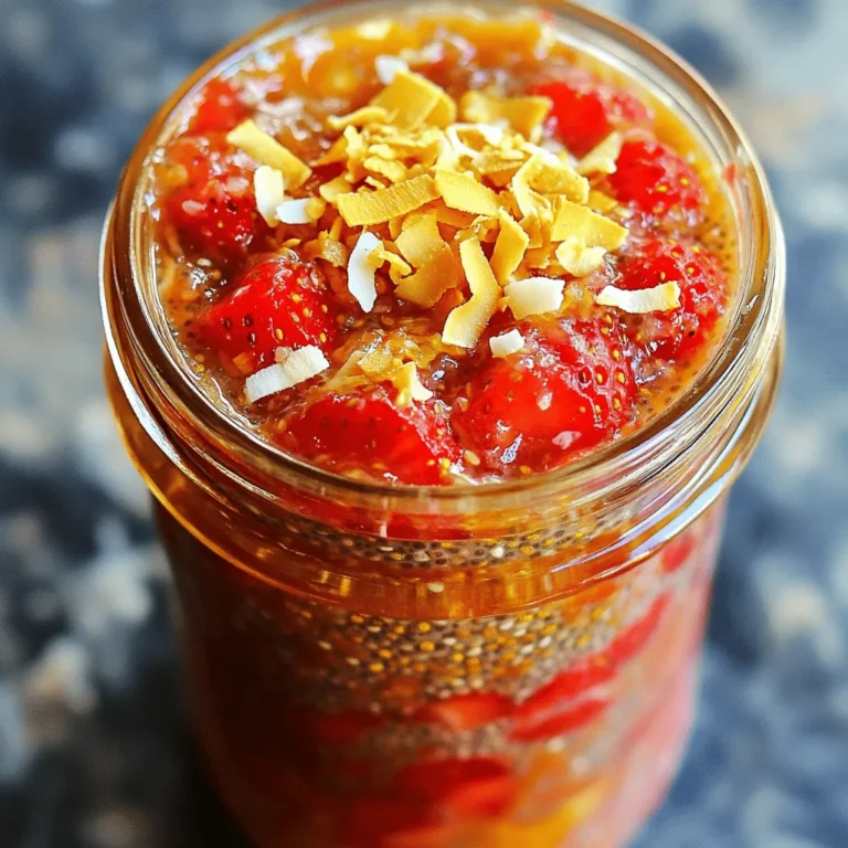 - 2 cups fresh strawberries, hulled and sliced - 1 cup coconut milk (full-fat for creaminess) - 1/4 cup chia seeds - 1/4 cup honey or maple syrup (adjust for sweetness) - 1 teaspoon vanilla extract - Pinch of salt - Optional: Toasted coconut flakes for garnish Fresh strawberries give this jam its bright taste. Use ripe ones for the best flavor. Coconut milk adds creaminess and a hint of tropical taste. Chia seeds are key; they thicken the jam and add nutrition. You can choose honey or maple syrup as sweeteners. I prefer honey for its rich flavor. The vanilla extract enhances the overall taste, while a pinch of salt balances sweetness. To make it extra special, add toasted coconut flakes for garnish. They add crunch and a nice look. This jam is simple and uses just a few ingredients to make a fresh, tasty spread. Start by heating your sliced strawberries and sweetener in a medium saucepan. Use medium heat. Let them cook for about 5 to 7 minutes. Stir them now and then. You want the strawberries to soften and release their juices. Once they are soft, remove the saucepan from heat. Use a fork or potato masher to mash the strawberries. You can choose how smooth or chunky you want it. I like to leave some pieces for a nice texture. Next, stir in the coconut milk and chia seeds. Add the vanilla extract and a pinch of salt. Mix everything well until it is combined. Now, let the mixture sit for about 5 minutes. This is important! The chia seeds will start to absorb moisture and thicken the mix. After 5 minutes, stir again to make sure the chia seeds are spread evenly. Transfer the jam into a clean jar or airtight container. Allow it to cool at room temperature first. This helps the jam set better. After it cools, seal it and place it in the fridge. For best results, let the jam sit in the fridge for at least 2 hours. If you can wait overnight, it will thicken even more. Enjoy your fresh Strawberry Coconut Chia Jam! You can change the sweetness of your jam easily. Use less honey or maple syrup if you want it less sweet. Taste as you go! You can also add more sweetener if you like it sweeter. Keep in mind, different fruits have different levels of natural sweetness. You can use other types of milk too. Almond milk or oat milk works well if you want a lighter jam. Full-fat coconut milk gives it a creamy texture. Mix and match to find your favorite! The best way to enjoy this jam is on warm toast. Spread it on pancakes or waffles for a special treat. It also tastes great mixed into yogurt or oatmeal. Get creative! Use this jam in desserts like cakes or pastries. It’s perfect for filling tarts or adding to smoothies. You can even use it as a topping for ice cream. Enjoy exploring the many ways to use your strawberry coconut chia jam! {{image_2}} You can change the flavor of your jam easily. Adding citrus like lime or lemon brings a fresh zing. Just squeeze a tablespoon of juice into the mix. This brightens the taste and adds a lovely tartness. You can also try other fruits. Mixing strawberries with blueberries or raspberries creates a fun fruit medley. Each fruit adds its own unique flavor, making your jam even more exciting. This jam can fit many diets. For vegan options, swap honey for maple syrup. This keeps it plant-based and just as sweet. If you need a gluten-free option, this recipe is already safe. Chia seeds are naturally gluten-free. You can also make a low-sugar version. Use less sweetener or a sugar substitute. This lets you enjoy the jam without extra sugar. To keep your chia jam fresh, use a clean glass jar. Mason jars work great. Make sure the jar has a tight seal. This helps keep out air and moisture. Store the jam in the refrigerator. The jam stays fresh for up to one week. If you notice any changes in color or smell, it's best to toss it. You can freeze chia jam for longer storage. To freeze, scoop the jam into an airtight container. Leave some space at the top for expansion. Seal it tightly and label the container. The jam can last for up to three months in the freezer. When you want to use it, thaw the jam in the fridge overnight. You can also place it in warm water for a quick thaw. Once thawed, stir it well before use. Enjoy it on toast or in yogurt! Chia jam is a spread made with chia seeds. They thicken the mixture when mixed with fruit. This jam is easy and quick to make. You can use any fruit you like, but strawberries shine here. The chia seeds provide fiber and healthy fats, making it a nutritious choice. Homemade chia jam lasts about one to two weeks in the fridge. Store it in a clean jar with a lid. Always check for any changes in smell or color before using. If you notice anything off, it’s best to toss it. Yes, you can use frozen strawberries! They work well in this recipe. Just thaw them before cooking. Frozen strawberries may have more juice, so adjust the cooking time as needed. Yes, Strawberry Coconut Chia Jam is healthy! It has natural sugars from the fruit and honey or maple syrup. Chia seeds add fiber, protein, and omega-3s. Coconut milk provides healthy fats. This jam is a great choice for breakfast or snacks. To adjust sweetness, simply add more honey or maple syrup. Start with a little, then taste as you go. If it’s too sweet, you can add more strawberries or a splash of lemon juice to balance it out. This blog post has taken you through making Strawberry Coconut Chia Jam. You learned about the simple ingredients needed, like fresh strawberries and chia seeds. I shared easy step-by-step instructions to cook and store your jam. You can even customize the flavor or adjust sweetness to fit your taste. In closing, this jam is not just easy to make; it is also fun to enjoy. Try it on toast, pancakes, or even in desserts. Get creative and enjoy your homemade treat!