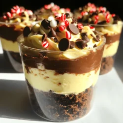 - 1 cup chocolate cookie crumbs - 4 tablespoons unsalted butter, melted - 8 oz cream cheese, softened - 1/2 cup powdered sugar - 1/2 teaspoon peppermint extract - 1 cup heavy whipping cream - 1/4 cup cocoa powder - 1/4 cup mini chocolate chips (plus more for topping) - Crushed peppermint candies (for garnish) Each ingredient plays a key role in the flavor and texture of the No-Bake Chocolate Peppermint Cheesecake Cups. 1. Chocolate cookie crumbs: These form the yummy crust. They provide a sweet, crunchy base. You can use any chocolate cookie you like. 2. Unsalted butter: Melted butter binds the cookie crumbs. It helps the crust hold together. 3. Cream cheese: This gives the cheesecake its rich and creamy texture. Make sure it’s softened for easy mixing. 4. Powdered sugar: This sweetens the cheesecake filling. It blends easily and gives a smooth finish. 5. Peppermint extract: This adds that fresh minty flavor. A little goes a long way, so don’t add too much! 6. Heavy whipping cream: Whipped cream makes the filling light and fluffy. It adds volume and richness. 7. Cocoa powder: This deepens the chocolate flavor. It balances well with the sweetness. 8. Mini chocolate chips: These add little bursts of chocolate in each bite. They make the dessert even more fun. 9. Crushed peppermint candies: These are for garnish. They add crunch and a festive touch to the cups. Using these ingredients, you create a dessert that is both delightful and easy to prepare. The combination of flavors and textures makes each bite special. To start, grab a medium bowl. Combine 1 cup of chocolate cookie crumbs with 4 tablespoons of melted butter. Mix well until the crumbs are fully coated in butter. This gives your crust a rich flavor. Next, take about 2 tablespoons of this mixture and press it firmly into the bottom of each serving cup. This step forms the base of your cheesecake. Now, place the cups in the refrigerator while you prepare the filling. In a large bowl, beat 8 ounces of softened cream cheese with 1/2 cup of powdered sugar. Use an electric mixer to ensure a smooth and creamy texture. Once combined, add 1/2 teaspoon of peppermint extract. This gives your filling that refreshing minty taste. Make sure to mix until everything is fully blended. Now, it’s time to whip the cream. In a separate bowl, whip 1 cup of heavy whipping cream until stiff peaks form. This will create a light texture for your cheesecake. Gently fold the whipped cream into the cream cheese mixture. Be careful not to overmix; you want to keep that airy feel. After that, sift in 1/4 cup of cocoa powder and fold it in until fully combined. Next, stir in 1/4 cup of mini chocolate chips. Reserve a few for topping later. Now, spoon the cheesecake mixture into the cups over the crust. Fill them almost to the top. Use a spatula to smooth the surface; this helps your cups look neat. To set the cheesecake cups, refrigerate them for at least 4 hours. This step is crucial for getting that perfect texture. Once chilled, it’s time to add some flair. Sprinkle the tops with the reserved chocolate chips and some crushed peppermint candies. This adds a festive touch and enhances the flavor. Enjoy your delicious No-Bake Chocolate Peppermint Cheesecake Cups! Using room temperature ingredients is key. Cold cream cheese can make lumps. Let it sit out for about 30 minutes. This helps it mix smoothly with the sugar. To avoid lumps, blend the cream cheese first. Use an electric mixer at medium speed. Mix until it is creamy and smooth before adding the sugar. This step makes a big difference in the final texture. To keep your cheesecake cups fresh, store them in the fridge. Use an airtight container. This prevents the cups from drying out or absorbing odors. If you want to freeze them, place each cup in a freezer-safe container. Cover it well. They can last up to three months in the freezer. Just remember to thaw them in the fridge before serving. Make serving fun and creative. You can layer the cheesecake in clear cups to show off the colors. This makes it look special. For garnish, sprinkle crushed peppermint candies on top. Add some mini chocolate chips too. This not only looks pretty but also adds great flavor. {{image_2}} You can switch things up with flavor. If you love caramel, add a layer of caramel sauce. This adds a sweet twist to your cheesecake cups. Butterscotch is another great option. Just drizzle some on top or mix it in. It creates a rich taste that pairs well with chocolate. You can also try different flavored extracts. Instead of peppermint, use vanilla or almond extract. Each one brings a unique taste. You might find a new favorite! If you need gluten-free options, no problem! Use gluten-free chocolate cookies for your crust. They work just as well and keep the taste amazing. Brands like gluten-free Oreo or any chocolate-flavored gluten-free cookie will do. For the filling, swap regular cream cheese with a dairy-free option. You can find cashew cream cheese as a great alternative. It still gives you that creamy texture we all love. Pair your cheesecake cups with drinks for extra fun. A warm cup of hot cocoa goes perfectly with these treats. Or serve them with peppermint tea to enhance the holiday spirit. You can create a dessert platter too. Arrange your cheesecake cups alongside fresh fruit or cookies. This makes for a beautiful presentation that impresses your guests. Add some whipped cream or chocolate sauce for a finishing touch! To keep your No-Bake Chocolate Peppermint Cheesecake Cups fresh, store them in the refrigerator. Use an airtight container to block out air and moisture. This helps to maintain their rich flavor and creamy texture. If you don’t have an airtight container, cover the cups tightly with plastic wrap. This also works well. These cheesecake cups will stay good in the fridge for up to five days. After that, you may notice a change in taste or texture. Signs of spoilage include an off smell or a change in color. If you see any mold, it's best to throw them away. No need to reheat these cheesecake cups, as they are best served cold. If you have leftovers, just grab a spoon and enjoy them straight from the fridge. They make a perfect sweet treat anytime! Yes, you can make these cheesecake cups ahead of time. This recipe is perfect for meal prep. Just store them in the fridge. Use airtight containers to keep them fresh. You can make them up to two days in advance. This way, you save time and still enjoy a tasty dessert. If you need a cream cheese alternative, try using silken tofu. It gives a similar texture. You can also use dairy-free cream cheese. These options keep your cheesecake creamy and delicious. Always check for flavor as it may change slightly. To reduce sweetness, cut back on powdered sugar. Start with a quarter cup instead of half. You can also add a pinch of salt. This helps balance the sweetness without losing flavor. Taste as you go to find your perfect mix. Yes, you can use regular chocolate. Melt it first, then mix it into the filling. This will change the taste and texture slightly. Use less chocolate than cocoa powder. Start with two ounces of melted chocolate for a rich flavor. To keep whipped cream fluffy, start with chilled equipment. Use a cold bowl and beaters. Whip the cream until stiff peaks form. Avoid overwhipping, as this can make it grainy. Gently fold it into the cream cheese mixture to keep it light. In this article, we covered the delicious steps to make No-Bake Chocolate Peppermint Cheesecake Cups. We discussed key ingredients like chocolate cookie crumbs and cream cheese. You now have simple steps to prepare, assemble, and chill these treats. Remember, use room temperature ingredients for the best texture. Don’t forget the fun variations, like adding caramel or trying gluten-free options. Keep your leftovers fresh with proper storage. Enjoy these cheesecake cups with friends or as a treat for yourself! Happy baking!
