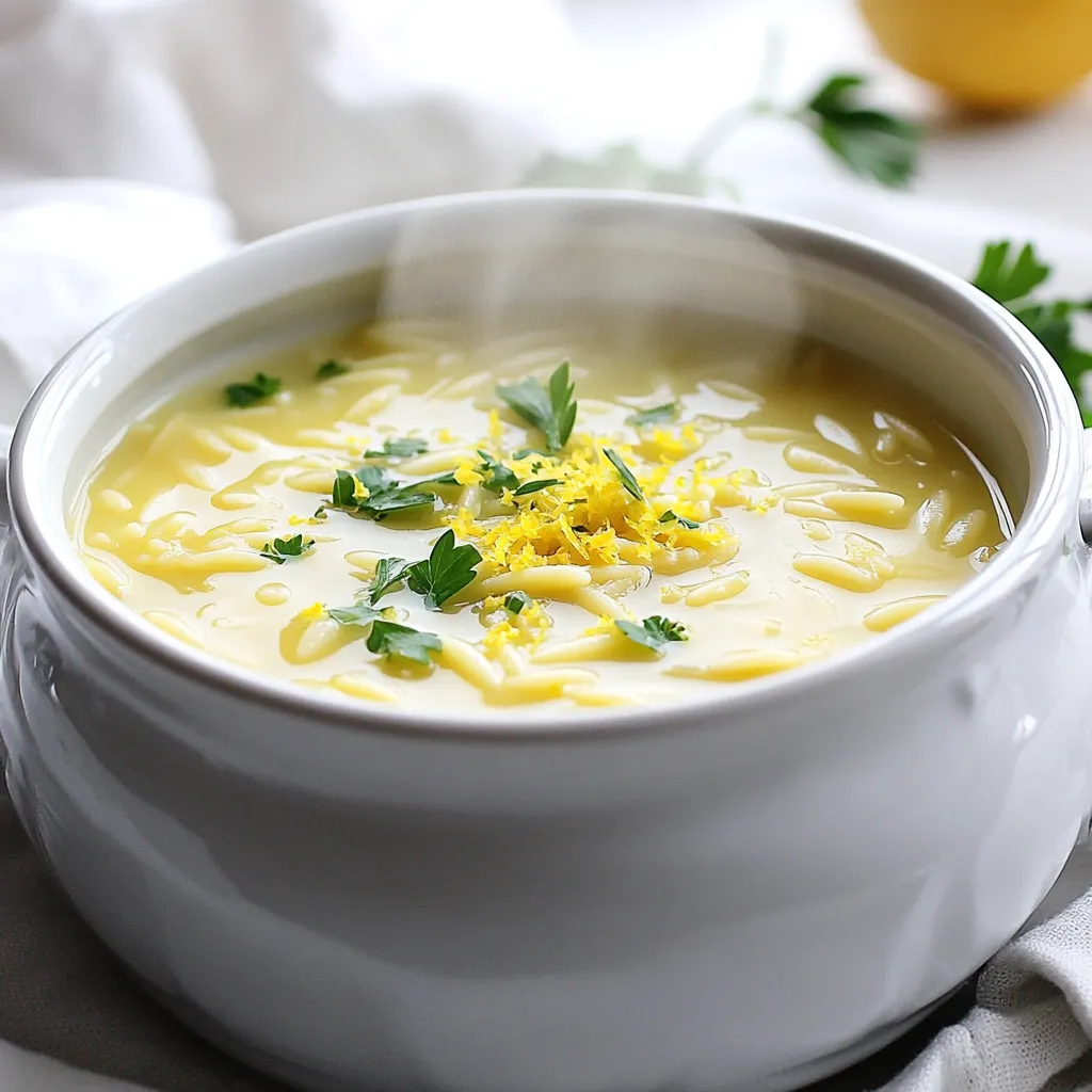 - 1 cup orzo pasta - 4 cups vegetable broth - 1 cup heavy cream - 1 medium onion, finely chopped - 2 cloves garlic, minced - 1 medium carrot, diced - 1 medium stalk of celery, diced - Zest and juice from 1 lemon - 1 tablespoon olive oil - Salt and pepper to taste - Fresh parsley, chopped for garnish In this recipe, you need orzo pasta as the star. It cooks quickly and adds a nice bite. The vegetable broth forms the soup's base, while the heavy cream makes it rich and creamy. For aromatics, we use onion, garlic, carrot, and celery. These vegetables create a strong flavor base. They add depth and sweetness to the soup. The lemon zest and juice brighten the dish and balance the creaminess. Olive oil gives a nice finish, while salt and pepper enhance the taste. Finally, fresh parsley adds color and freshness when you serve the soup. Each ingredient plays a key role in making this lemon orzo soup both quick and tasty. Start by heating the olive oil in a large pot over medium heat. Add the finely chopped onion, diced carrot, and diced celery. Sauté these vegetables for about 5 to 7 minutes until they soften. This step builds a tasty base. Next, stir in the minced garlic. Cook for one more minute until the garlic smells amazing. Now, pour in the vegetable broth. Bring it to a gentle boil. Once boiling, add the orzo pasta. Stir it well and let it cook for 8 to 10 minutes. The orzo should be tender but not mushy. Stir occasionally to keep it from sticking to the pot. When the orzo is cooked, reduce the heat to low. Now, stir in the heavy cream, lemon zest, and lemon juice. Mix everything until it’s well combined and heated through. Season with salt and pepper to taste. If you like it tangy, you can add more lemon juice. Let it sit for 2 to 3 minutes off the heat. This will help the soup thicken a bit. Serve hot, garnished with fresh chopped parsley on top. To get that rich, creamy feel in your soup, heavy cream is key. It adds a rich taste that makes every bowl comforting. When you add the cream, keep the heat low. This helps to prevent the cream from breaking. If the soup gets too hot, it can curdle. Stir gently to mix everything smoothly. Lemon zest and juice bring bright flavors to the soup. Use both for a balanced taste. The zest packs a punch, while the juice adds a fresh zing. Start with a bit of zest and juice, then taste the soup. If you want more tartness, add a little more juice until it’s just right. Garnishing can make your soup look special. I love using fresh parsley on top. It adds a pop of color and freshness. Serve the soup in bright bowls to enhance the look. You can also offer crusty bread on the side. This makes the meal feel more complete and inviting. {{image_2}} You can change the herbs for a new taste. Try fresh thyme or dill. These add a nice twist. You can also use dried herbs if fresh is not available. Swap out vegetables to fit your taste. Spinach or kale adds color and nutrients. You can even toss in peas for sweetness. For a lighter soup, use lower fat cream. Light cream or milk works well and still tastes good. You can also use whole grain orzo instead of regular. Whole grain adds fiber and a nutty flavor. Both changes keep the dish tasty while being better for you. Boost your soup with protein. Adding cooked chicken or shrimp makes it hearty. You can also mix in spices for heat. Red pepper flakes can bring warmth. A dash of smoked paprika adds depth. Each change lets you customize your soup for your taste. To keep your creamy lemon orzo soup fresh, store it in the fridge. Use an airtight container to avoid spills and keep out air. The soup stays good for about three days. If you want to save it longer, freeze it. Soup freezes well for up to three months. Use freezer-safe containers or bags. Leave some space at the top for expansion. When you want to enjoy your soup again, reheat it gently. Use a pot on low heat. Stir it often to avoid sticking. You can also use the microwave in short bursts. Heat it in 30-second intervals, stirring in between. This way, it warms evenly. If it seems too thick, add a splash of broth or water for a nice texture. Your creamy lemon orzo soup lasts up to three days in the fridge. Check for signs of spoilage before eating. If you see mold or smell something off, it’s best to throw it out. When frozen, the soup stays good for three months. After that, the taste may change. Always trust your senses when checking for freshness. Yes, you can make this soup vegan with a few easy swaps. Instead of heavy cream, use coconut cream or a cashew cream. For the broth, choose vegetable broth or a homemade vegan broth. Both options keep the soup rich and tasty. If you want a thicker soup, several easy options exist. You can add a slurry made from cornstarch and water. Mix one tablespoon of cornstarch with two tablespoons of cold water. Stir it in while simmering the soup until it thickens. Another option is to blend a portion of the soup and mix it back in. This soup pairs well with many sides. A fresh green salad adds crunch and color. You can also serve it with warm bread or crusty rolls for dipping. Try adding a side of roasted vegetables for a balanced meal. This blog post covered how to make a delicious lemon orzo soup. We explored the key ingredients like orzo, broth, and cream. We also discussed helpful tips for texture and flavor. Lastly, we looked at variations to customize your soup and how to store leftovers properly. Enjoy making this soup and feel free to get creative with your ingredients. Happy cooking!