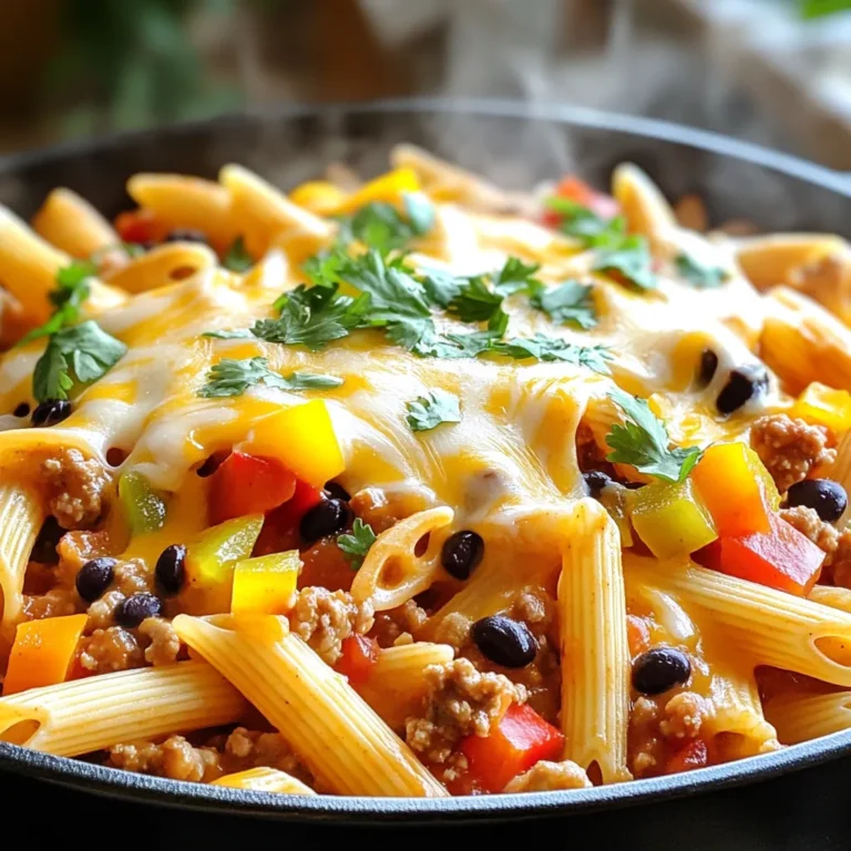 - 1 lb ground turkey - 12 oz pasta (preferably penne or rotini) - 1 medium onion, diced - 1 bell pepper, diced - 2 cloves garlic, minced I love using ground turkey for this dish. It cooks quickly and is lean. The pasta can be penne or rotini. Both types hold the sauce well. The veggies add flavor and texture. I prefer a mix of sweet bell pepper and onion. Garlic gives it a nice kick. - 1 tablespoon olive oil - 2 tablespoons taco seasoning - 1 can (15 oz) black beans, rinsed and drained - 1 can (15 oz) diced tomatoes, with juices - 2 cups chicken broth Olive oil helps sauté the veggies. Taco seasoning packs in flavor. The black beans add protein and fiber. Diced tomatoes bring moisture and zest. Chicken broth gives the pasta a rich taste. - 1 cup corn (fresh or frozen) - 1 cup shredded cheese (cheddar or Mexican blend) - Fresh cilantro for garnish Corn adds a sweet crunch. Cheese makes the dish creamy and rich. Fresh cilantro gives a pop of color and flavor. These optional ingredients make the meal even better. To start, heat one tablespoon of olive oil in a large pot over medium heat. Once hot, add one diced onion and one diced bell pepper. Sauté these for about three to four minutes. You want them to soften, which adds great flavor. Next, add two minced garlic cloves and one pound of ground turkey. Cook this for five to seven minutes. As it cooks, break the turkey apart with a wooden spoon until it is browned and fully cooked. Now, it’s time to add some spice! Stir in two tablespoons of taco seasoning. Make sure the turkey is well coated with this mix. Then, add 12 ounces of pasta, one can of rinsed and drained black beans, one can of diced tomatoes (with juices), and two cups of chicken broth. Toss in one cup of corn, too. Bring the mixture to a boil, then reduce the heat to low. Cover the pot and let it simmer for about 15 to 20 minutes. Stir occasionally to prevent sticking. You want the pasta to cook through and absorb most of the liquid. When the pasta is done, remove the pot from heat. Stir in one cup of shredded cheese until it melts and spreads throughout the dish. Finally, season with salt and pepper to taste. Serve warm, and if you like, sprinkle some fresh cilantro on top! To prevent pasta from sticking, stir throughout cooking. Use a large pot for more space. Add a splash of olive oil to the water for extra help. Adjusting the seasoning is key. Taste the dish before serving. Add more taco seasoning, salt, or pepper if needed. You want bold flavors in every bite. If you want to swap ground turkey, try lean ground beef or chicken. For a vegetarian option, use lentils or black beans. You can also change up the veggies. Try zucchini, spinach, or mushrooms. Each adds its own taste and texture. The best sides include a fresh salad or tortilla chips. These add crunch and balance to the meal. For presentation, serve in colorful bowls. Top with fresh cilantro and a squeeze of lime. It makes the dish pop! {{image_2}} You can easily make a vegetarian version of this dish. Simply swap ground turkey for plant-based turkey or use beans. Black beans work great, as they add protein and fiber. You can also mix in some kidney beans or chickpeas for extra flavor. This keeps the dish hearty and satisfying. If you need a gluten-free option, choose gluten-free pasta alternatives. Brands now offer many types of gluten-free pasta, like rice or chickpea pasta. Just make sure to check the cooking time, as it may differ from regular pasta. This way, everyone can enjoy the meal without worries. For those who love heat, you can add jalapeños or hot sauce. Diced jalapeños bring a fresh kick. You can also stir in hot sauce right before serving. Adjust the amount based on your spice level. This will create a bold and exciting flavor in your one-pot meal. To store leftovers, let the pasta cool first. Place it in an airtight container. This keeps it fresh for up to three days in the fridge. If you want to enjoy it later, make sure to label the container with the date. This helps you track freshness. For freezing, use a freezer-safe container. Divide the pasta into portions for easy thawing. Leave some space at the top of the container. The dish can freeze well for up to three months. To avoid freezer burn, wrap the container in plastic wrap before sealing. To reheat, use the stove or microwave. If using the stove, add a splash of water to keep it moist. Heat it on low, stirring often. If using a microwave, cover the dish with a damp paper towel. This keeps it from drying out. Enjoy your meal without losing that great texture! This dish takes about 35 minutes total. You will spend 15 minutes on prep. Then, the cooking time is around 20 minutes. Yes, you can make this dish ahead. Cook it fully and let it cool. Store it in the fridge for up to three days. To reheat, warm it on the stove. Add a splash of broth to keep it moist. You can use ground chicken or beef as a swap. For a plant-based option, try lentils or black beans. These choices add flavor and protein to your dish. We explored a quick and tasty one-pot taco ground turkey pasta recipe. You learned about the key ingredients like ground turkey, pasta, and several veggies. I also shared cooking tips and storage info for leftovers. Remember, you can adjust the recipe to fit your taste. Whether you want it spicy, vegetarian, or gluten-free, the options are endless. Enjoy your cooking and make it your own!