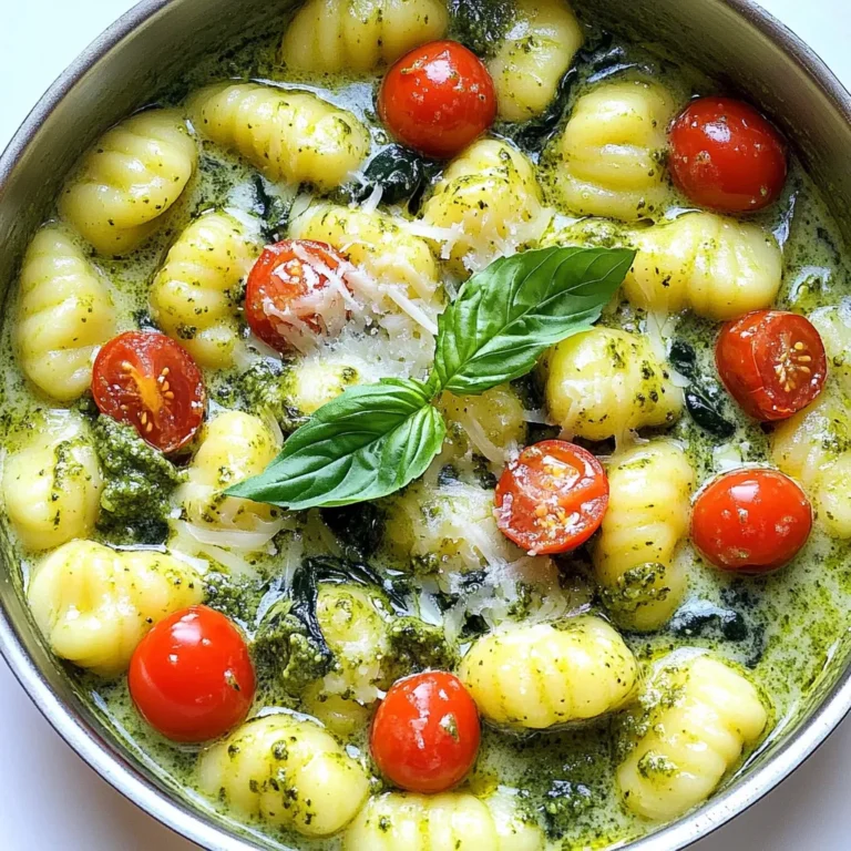 To make One Pot Creamy Pesto Gnocchi, gather these items: - 1 pound potato gnocchi - 1 cup heavy cream - 1/2 cup basil pesto - 1 cup cherry tomatoes, halved - 1 cup spinach, roughly chopped - 1/2 cup grated Parmesan cheese - 2 tablespoons olive oil - 2 cloves garlic, minced - Salt and pepper to taste - Fresh basil leaves for garnish If you don’t have some of the key ingredients, here are some easy swaps: - Potato gnocchi: You can use cauliflower gnocchi for a lighter option. - Heavy cream: Substitute with half-and-half for a lighter sauce. - Basil pesto: Use sun-dried tomato pesto or make a homemade version. - Parmesan cheese: Grated Pecorino Romano works well too. Choosing the right produce makes your dish shine. Here are some tips: - Cherry tomatoes: Look for bright colors and a firm texture. Avoid any with wrinkles. - Spinach: Choose fresh, vibrant leaves. Avoid any that look wilted. - Basil leaves: Pick leaves that smell fresh and look bright green. This enhances the flavor of your dish. By picking fresh ingredients, you ensure that your One Pot Creamy Pesto Gnocchi tastes great! This dish is simple and quick. You will cook everything in one pot. This saves time and makes cleanup easy. You only need to chop a few ingredients. Gather your things before you start. You will need potato gnocchi, heavy cream, basil pesto, cherry tomatoes, spinach, Parmesan cheese, olive oil, garlic, salt, and pepper. 1. Heat Oil: Start by heating the olive oil in a large pot over medium heat. 2. Sauté Garlic: Add the minced garlic and cook for about 1 minute. It should smell great but not burn. 3. Cook Tomatoes: Toss in the halved cherry tomatoes. Cook for 2 to 3 minutes until they soften a little. 4. Add Cream: Pour in the heavy cream. Bring it to a gentle simmer and stir it occasionally. 5. Add Gnocchi: Now, add the potato gnocchi. Stir gently to coat them in the cream. Cook for 3 to 5 minutes until they float. This means they are done. 6. Mix in Pesto and Spinach: Stir in the basil pesto and chopped spinach. Mix until the spinach wilts. 7. Add Cheese and Season: Remove the pot from heat. Stir in the grated Parmesan cheese. Add salt and pepper to taste. 8. Adjust Consistency: If it’s too thick, add a splash of water or more cream until it looks good. 9. Serve: Serve right away, topped with fresh basil leaves and extra Parmesan cheese if you like. To check if the gnocchi is ready, look for them to float. When they float, they are usually cooked. You can also taste one to see if it is soft and tender. If it's not ready, give it another minute in the pot. Always stir gently to avoid breaking them apart. To make your One Pot Creamy Pesto Gnocchi super creamy, start with heavy cream. This rich base gives a nice mouthfeel. When you simmer the cream, keep the heat low. If it gets too hot, it may curdle. Stir often to keep it smooth. As you mix in the pesto, it adds both flavor and creaminess. If the sauce is thick, add a splash of water or more cream. This helps reach your perfect texture. Taste your dish as you cook. The balance of salt and pepper is key. Start with a pinch of salt and a few cracks of black pepper. Remember, the Parmesan cheese adds salt, too. After adding the pesto, taste again. You may want more salt or a touch of lemon juice for brightness. Trust your taste buds; adjust as you go for the best flavor. Cooking in one pot is fun and easy! Keep your pot deep to prevent spills. Use a wooden spoon to gently stir. This helps avoid breaking the gnocchi. Always sauté your garlic first for great aroma. When adding ingredients, layer them wisely. Start with garlic, then tomatoes, followed by the cream. This helps build flavor. Last, add the gnocchi and spinach. This ensures even cooking and delicious results. {{image_2}} This dish is already a hit for vegetarians. The creamy pesto sauce and gnocchi make a great pair. You can add more veggies to boost nutrition. Try bell peppers, zucchini, or mushrooms. These add flavor and color. You can also swap the Parmesan for a plant-based cheese. This keeps it creamy while making it vegan-friendly. Want to make this dish more filling? Add protein! Grilled chicken or shrimp works well. Simply cook them in the same pot before adding the garlic. If you want a meat-free option, use chickpeas or white beans. They add protein and are great for texture. Toss them in when you add the gnocchi for a balanced meal. You can easily switch up the flavors in this recipe. Consider adding lemon juice or zest for a fresh kick. A sprinkle of red pepper flakes gives it a nice heat. If you love herbs, try adding fresh thyme or oregano. For a richer taste, mix in sun-dried tomatoes or olives. These small changes can make your meal unique and exciting. After enjoying your One Pot Creamy Pesto Gnocchi, store any leftovers in an airtight container. Let the dish cool down to room temperature first. This helps keep the creamy texture intact. Place the container in the fridge, where it will stay fresh for up to three days. Always check for any signs of spoilage before eating. Reheating this dish can be simple. Use a microwave-safe bowl to warm it in the microwave. Heat in short bursts of 30 seconds. Stir the gnocchi in between to ensure even heating. If the dish seems too thick, add a splash of cream or water. This keeps it creamy and delicious. You can also reheat it on the stove. Just add a bit of olive oil to a skillet. Warm it over low heat, stirring often, until hot. Freezing One Pot Creamy Pesto Gnocchi is a great option for meal prep. First, let the dish cool completely. Then, place it in a freezer-safe container. You can also use freezer bags, removing as much air as possible. This will help prevent freezer burn. It can last up to three months in the freezer. To reheat, thaw it overnight in the fridge. Then, follow the reheating tips above for the best results. Yes, you can use store-bought pesto. It saves time and still tastes great. Look for a brand with fresh ingredients. Check the label to avoid added preservatives. Homemade pesto is also a fantastic option if you have time. Just blend fresh basil, garlic, nuts, and olive oil. One Pot Creamy Pesto Gnocchi lasts about 3 days in the fridge. Make sure to store it in an airtight container. The cream and pesto may separate slightly, but a quick stir will fix that. Reheat it gently on the stove for the best texture. You can serve it with a fresh salad or grilled vegetables. A side of crusty bread is perfect for soaking up the sauce. If you want more protein, try adding grilled chicken or shrimp on top. Enjoying it with a glass of white wine can elevate your meal too! In this post, we explored how to make One Pot Creamy Pesto Gnocchi. We covered key ingredients, cooking steps, and essential tips for a creamy texture. We also looked at variations, including vegetarian options and protein add-ins. Finally, I shared storage methods to keep your dish fresh. With these steps and tips, you can create a tasty meal that satisfies your cravings. Enjoy your cooking and let your creativity shine!