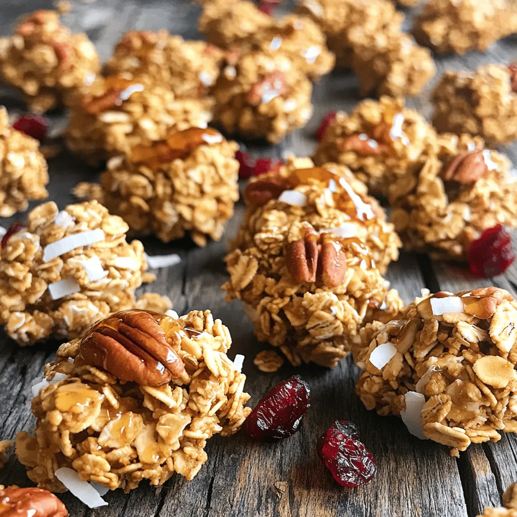 - 2 cups rolled oats - 1 cup pecans, chopped - 1/2 cup shredded coconut, unsweetened - 1/4 cup sunflower seeds - 1/2 cup maple syrup - 1/4 cup coconut oil, melted - 1 teaspoon vanilla extract - 1 teaspoon ground cinnamon - 1/4 teaspoon salt - 1/2 cup dried cranberries or raisins (optional) Choose rolled oats that are whole and not quick-cooking. They give a great texture. For pecans, look for fresh, crunchy ones. They add a rich taste. Unsweetened coconut is best to keep sugar low. Sunflower seeds should be raw or lightly toasted. This keeps them healthy. Use pure maple syrup, not pancake syrup. It tastes better and is healthier. Always check for quality in your vanilla extract. Fresh ingredients make a big difference. Rolled oats are rich in fiber, which helps digestion. Pecans provide healthy fats and protein, keeping you full. Shredded coconut adds healthy fats, too. Sunflower seeds are packed with vitamins and minerals. Maple syrup gives natural sweetness and some antioxidants. Coconut oil supports heart health. Cinnamon can help control blood sugar. Dried fruits like cranberries add fiber and natural sweetness. These ingredients together make a healthy snack option. First, gather your ingredients. You will need rolled oats, chopped pecans, shredded coconut, sunflower seeds, maple syrup, coconut oil, vanilla extract, ground cinnamon, salt, and optional dried fruits. 1. Preheat your oven to 300°F (150°C). 2. Line a baking sheet with parchment paper to prevent sticking. 3. In a large bowl, mix rolled oats, pecans, coconut, sunflower seeds, cinnamon, and salt. Stir well. Now, let’s make the granola. 1. In another bowl, whisk melted coconut oil, maple syrup, and vanilla extract. 2. Pour this wet mix over the dry ingredients. Stir until all is coated. 3. Spread the mix on the baking sheet. Press it down gently to form clusters. 4. Bake for 25-30 minutes, stirring halfway. Watch it closely to avoid burning. Once the granola is golden brown, it's time to cool it. 1. Remove it from the oven and let it cool on the sheet. 2. As it cools, it will harden into clusters. 3. If you use dried cranberries or raisins, stir them in now. 4. Break the granola into clusters. Store in an airtight container for up to 2 weeks. Now you have a tasty, healthy snack ready to enjoy! To make perfect granola clusters, use the right amount of wet ingredients. The maple syrup and coconut oil help bind the oats and nuts. You want them moist but not soggy. When mixing, ensure every piece gets coated. Press the mixture firmly onto the baking sheet. This step helps form those delightful clusters. One common mistake is overbaking. Keep an eye on your granola. It can go from golden to burnt quickly. Stir it halfway through baking for even browning. Another mistake is not letting it cool completely. The granola needs time to harden. If you break it apart too soon, it won’t form clusters. To boost flavor, try adding spices like nutmeg or ginger. These add warmth and depth. You can also mix in different nuts or seeds for crunch. For extra sweetness, consider adding a drizzle of honey. If you like fruity bites, mix in dried cranberries or raisins after baking. This way, they stay chewy. {{image_2}} You can easily change this recipe. Use different nuts like almonds or walnuts. You can swap the sunflower seeds for pumpkin seeds. If you don’t like coconut, leave it out. You can also add more oats or use a mix of grains. Try adding flaxseeds or chia seeds for extra nutrition. Want a twist on flavor? Add some cocoa powder for a chocolatey taste. You can mix in spices like nutmeg or ginger for warmth. Try using honey instead of maple syrup for a different sweetness. Experiment with dried fruits like cherries or apricots for a fruity kick. Making this granola fit your diet is easy. To keep it gluten-free, use certified gluten-free oats. For nut-free options, skip the pecans and use seeds instead. You can also replace coconut oil with vegetable oil for a different fat source. Always check labels to avoid hidden allergens. To keep your Maple Pecan Granola Clusters fresh, store them in an airtight container. This prevents air and moisture from getting in. I recommend using glass jars or sturdy plastic containers. Always place the container in a cool, dry spot, like a pantry. Your granola will stay fresh for up to two weeks. After that, it may lose some crunch. To check if it’s still good, look for any off smells or signs of moisture. If it smells or feels soft, it’s time to toss it. For longer storage, you can freeze the granola. Place it in a freezer-safe bag or container. Make sure to remove as much air as possible. Your granola can last up to three months in the freezer. When you’re ready to eat it, just thaw it at room temperature. Enjoy it crunchy and fresh! Yes, you can make this granola vegan. Just replace the honey with maple syrup. The other ingredients are already plant-based. Use coconut oil, oats, and nuts. This keeps the recipe simple and tasty. Homemade granola lasts up to two weeks. Store it in an airtight container. Keep it in a cool, dry place. If you want it to last longer, you can freeze it. In the freezer, it stays fresh for up to three months. If you do not have maple syrup, you can use agave nectar or honey. Both work well in this recipe. They add sweetness and help the granola stick. Adjust the amount based on your taste preference. In this blog post, we explored the ingredients, steps, and tips for making granola. You learned how to choose the best ingredients, bake perfectly, and store your granola for freshness. Remember, it's easy to adjust flavors and make your granola fit your diet. Keep these tips in mind to avoid common mistakes. With practice, you’ll create delicious, personalized granola that meets your needs. Enjoy this healthy snack anytime!