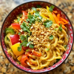 - 8 oz rice noodles - 3 tablespoons creamy peanut butter - 2 tablespoons soy sauce - 2 tablespoons sriracha - 1 tablespoon sesame oil - 2 tablespoons lime juice - 1 teaspoon grated ginger - 1 garlic clove, minced - 1 cup bell peppers (red, yellow, or green) - 1 cup shredded carrots - 1/4 cup chopped green onions - 1/4 cup crushed peanuts (for garnish) - Fresh cilantro (optional) To make spicy peanut noodles, gather these ingredients first. The rice noodles are the base of the dish. You will need creamy peanut butter for that rich flavor. Soy sauce adds saltiness, while sriracha gives it a nice kick. Sesame oil brings an extra layer of taste. Lime juice brightens the flavors. Grated ginger and minced garlic add depth. Fresh bell peppers and shredded carrots give color and crunch. Finally, you will top the noodles with green onions and crushed peanuts for garnish. Fresh cilantro is optional, but it adds a nice touch. With these ingredients, you can create a dish that is both quick and flavorful. To cook rice noodles, bring a pot of water to a boil. Add the 8 oz of rice noodles. Cook them for about 4-5 minutes or until soft. Stir the noodles often to prevent sticking. Once done, drain the noodles in a colander. After draining, rinse the noodles under cold water. This stops the cooking and keeps them from becoming mushy. Set the rinsed noodles aside while you prepare the sauce. In a small bowl, combine the sauce ingredients. You will need 3 tablespoons of creamy peanut butter, 2 tablespoons of soy sauce, 2 tablespoons of sriracha, 1 tablespoon of sesame oil, 2 tablespoons of lime juice, 1 teaspoon of grated ginger, and 1 minced garlic clove. Whisk these ingredients together until smooth. If the sauce is too thick, add a splash of warm water. This helps to reach the right thickness. You want a sauce that coats the noodles well. In a large mixing bowl, combine the cooked rice noodles, 1 cup of thinly sliced bell peppers, and 1 cup of shredded carrots. This adds color and crunch. Next, pour the spicy peanut sauce over the noodle mixture. Toss everything gently until the noodles and veggies are well coated in the sauce. Taste the mixture and adjust the seasoning if needed. You can add more sriracha for heat or lime juice for brightness. To serve the spicy peanut noodles, scoop them into bowls. For a nice touch, garnish with chopped green onions, crushed peanuts, and optional fresh cilantro. This adds flavor and makes your dish look great! Enjoy your meal! - Cook the rice noodles for the time on the package. This keeps them firm. - Rinse the noodles under cold water right after cooking. This stops the cooking. It also helps remove excess starch. - If your sauce is too thick, add a little warm water. This thins it out nicely. - To brighten the sauce, add lime juice. For more heat, mix in extra sriracha. - Garnish your noodles with chopped green onions and crushed peanuts. This adds color and crunch. - For an extra touch, sprinkle fresh cilantro on top. It gives a fresh taste. You can also serve the noodles in bowls or on plates for a nice look. {{image_2}} Making it vegan To make spicy peanut noodles vegan, swap regular soy sauce with a vegan option. This simple change keeps the dish plant-based. Ensure your peanut butter has no added ingredients that are not vegan. Gluten-free options For a gluten-free version, choose gluten-free soy sauce or tamari. You can also find rice noodles that are certified gluten-free. This keeps the flavor while making it safe for those with gluten allergies. Using different nut butters If you want to change flavors, try using almond or cashew butter instead of peanut butter. Each nut butter brings a unique taste. This can add a fun twist to your dish, so feel free to experiment! Alternative veggies to use You can mix in other vegetables if you want to switch it up. Broccoli, snap peas, or zucchini work well. Adding these not only boosts nutrition but also adds crunch and color to your meal. Modifying spiciness levels To adjust the spice level, change the amount of sriracha. If you like it mild, reduce it to one tablespoon or less. For extra heat, add more sriracha or a pinch of red pepper flakes. Adding additional spices You can also experiment with different spices. Try adding a bit of chili powder or cayenne pepper for more heat. This gives you control over the flavor and makes the dish your own. To keep your spicy peanut noodles fresh, store them in an airtight container. This helps prevent them from drying out or absorbing other odors in your fridge. You can keep them in the refrigerator for about 3 to 5 days. If you want to store them longer, consider freezing them. However, freezing may change the texture of the veggies. When it’s time to enjoy your leftovers, you have a few good options. The best way to reheat is in a pan over low heat. Add a splash of water or a bit of oil to help the noodles regain moisture. Stir frequently to heat evenly. You can also use the microwave. Place the noodles in a safe bowl, cover it, and heat in short bursts. This keeps the noodles from getting too hot too fast. To keep the flavor, consider adding a squeeze of lime or a dash of soy sauce before serving. Spicy peanut noodles are a quick and tasty dish. They mix rice noodles with a creamy peanut sauce and fresh veggies. People love them for their bold flavors and ease of prep. You can find these noodles in many Asian restaurants. They are a great option for lunch or dinner. Yes, you can make spicy peanut noodles ahead of time. Cook the noodles and mix in the sauce. Store them in a container in the fridge. They stay fresh for up to three days. Just add a splash of water before reheating. This keeps the noodles moist and tasty. Spicy peanut noodles pair well with many sides. Here are some ideas: - Steamed broccoli - Cucumber salad - Edamame - Spring rolls These sides add variety and balance to your meal. To add heat, increase the sriracha amount in the sauce. You can also add red pepper flakes or sliced jalapeños. Start with a little, then taste it. This way, you control the spice level without losing flavor. Yes, you can use other noodle types. Options like soba, udon, or whole wheat noodles work well. Cooking times may differ, so check the package. Adjusting the noodles gives you new textures and flavors to explore. In this post, we explored how to make tasty Spicy Peanut Noodles. We detailed the ingredients, shared easy steps, and provided tips for perfect results. You learned about storage and how to customize the dish. Now, you can enjoy a delicious meal that suits your taste. Whether you prefer it spicy or mild, this dish is simple and fun to make. Enjoy your cooking adventure!