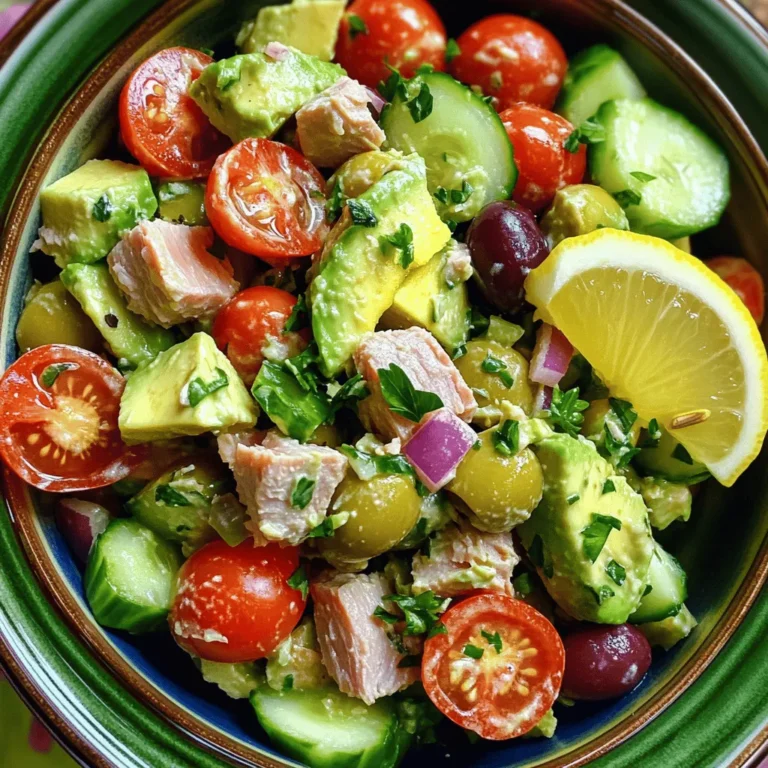 - 1 can (5 oz) tuna, drained - 1 ripe avocado, diced - 1/2 cup cherry tomatoes, halved - 1/4 cup red onion, finely chopped - 1/2 cup cucumber, diced - 1/4 cup Kalamata olives, pitted and sliced - 2 tablespoons fresh parsley, chopped The main ingredients give this salad a fresh and bright taste. Tuna adds protein, while avocado gives healthy fats. The vegetables like cherry tomatoes, red onion, and cucumber add crunch and color. Kalamata olives bring a salty kick, and parsley freshens it all up. - 2 tablespoons lemon juice - 1 tablespoon extra virgin olive oil - Salt and pepper to taste The dressing is simple but powerful. Lemon juice adds zing, while olive oil gives richness. Salt and pepper enhance all the flavors. This salad is not just tasty; it is good for you too. - Caloric content: About 300 calories per serving. - Macronutrient breakdown: Roughly 20g protein, 15g fat, and 20g carbs. - Health benefits of ingredients: Tuna is high in protein. Avocado is full of healthy fats. The fresh vegetables offer vitamins and fiber. This Mediterranean Avocado Tuna Salad is a feast for your taste buds and a boost for your body. 1. Start by opening the can of tuna. Drain all the liquid out. 2. In a medium bowl, combine the drained tuna and diced avocado. 3. Gently mash the avocado with a fork. Mix until it blends with the tuna but stays chunky. 4. Next, add the halved cherry tomatoes, chopped red onion, diced cucumber, and sliced Kalamata olives to the bowl. 5. Toss in the chopped parsley for a fresh touch. 6. In a small bowl, whisk together lemon juice and extra virgin olive oil. 7. Pour this mixture over the tuna and vegetable blend. 8. Season with salt and pepper to taste. 1. Gently fold all the ingredients together. Make sure you don’t mush the avocado too much. 2. For best flavor, let the salad sit for about 10 minutes. This helps the flavors mix well. 3. Serve the salad in a bowl or on a bed of mixed greens. 4. Garnish with a lemon wedge and a sprinkle of parsley for a fresh look. 1. Use ripe avocados for the best texture and flavor. 2. Adjust the lemon juice to your taste. If you like tang, add more. 3. Ensure all ingredients are evenly mixed. This makes every bite tasty and flavorful. - You can add proteins like chicken or chickpeas for extra nutrients. - Try different herbs like basil or dill for a fresh taste. - Use yogurt or mustard instead of olive oil for a different dressing. - A medium mixing bowl helps combine all the ingredients well. - A sturdy spoon or spatula works best for folding the salad. - Look for low-sodium or organic tuna for a healthier choice. - You can switch fresh vegetables with frozen ones if necessary. {{image_2}} You can change the taste of your Mediterranean Avocado Tuna Salad in fun ways. For a Mediterranean twist, add feta cheese. The salty feta pairs well with the creamy avocado and tuna. It adds a nice tang. If you like heat, try adding jalapeños or a dash of hot sauce. This will give your salad a spicy kick, making it even more exciting. Using seasonal vegetables can make this salad fresh and vibrant. In summer, add bell peppers or zucchini. In fall, consider diced apples or roasted squash. These changes keep the salad interesting. You can also adjust ingredients based on what's in your fridge. If you have extra cucumbers or tomatoes, throw them in. This makes the salad flexible and fun to create. This salad is great in many forms. You can serve it as a sandwich filling. Just spread it between two slices of whole grain bread. It’s a quick lunch! You can also pair it with whole grain crackers or pita bread. This adds a nice crunch and makes a filling snack. Enjoy experimenting with these serving ideas! To keep your Mediterranean avocado tuna salad fresh, use an airtight container. Glass or plastic containers work well. This helps prevent air from getting in. Store it in the fridge right away. Make sure to cover it tightly to keep moisture locked in. You can safely eat the salad for up to two days after making it. Check for signs of spoilage. If the salad smells off or looks brown, it’s time to toss it. Always trust your senses when it comes to food safety. I do not recommend freezing this salad. Freezing can make the avocado mushy. However, if you must freeze it, do so without the avocado. When you want to eat it, thaw it in the fridge and then mix in fresh avocado before serving. This keeps the salad tasting fresh and delicious. This salad lasts about 1 to 2 days in the fridge. Store it in an airtight container. After a day, the avocado may brown, so enjoy it fresh if you can. Yes, you can make it ahead! If you prepare it a few hours before serving, the flavors blend beautifully. Just mix the ingredients and chill them. Add the avocado right before serving to keep it fresh. This salad pairs well with whole grain crackers or pita bread. You can also serve it on a bed of mixed greens. For a heartier meal, try it with roasted veggies or a light soup. This blog post covers how to create a Mediterranean Avocado Tuna Salad. We discussed key ingredients, like tuna, avocado, and fresh veggies, that make this dish healthy and tasty. I described step-by-step instructions to help you mix and serve it perfectly. Remember to customize based on your taste and use seasonal ingredients. In the end, this salad is not just a meal but a delightful experience. Enjoy making it your own!