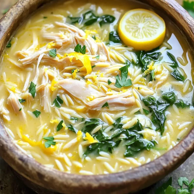- 1 lb boneless, skinless chicken thighs - 1 cup orzo pasta - 4 cups chicken broth - 1 cup heavy cream These main ingredients create a base that makes this dish rich and filling. Chicken thighs give a tender bite, while orzo adds a delightful pasta texture. - 1 medium onion, diced - 2 garlic cloves, minced - Zest and juice of 1 lemon - ½ teaspoon dried thyme - 1 teaspoon salt - ½ teaspoon black pepper Aromatics elevate the flavors. Onions and garlic add warmth, while lemon zest and juice brighten every bite. Thyme, salt, and pepper round out the taste. - Fresh parsley, chopped - Lemon slices Garnishes bring freshness to the dish. Parsley adds a pop of color, and lemon slices give each serving a zesty touch. Trust me, these small details make a big difference! First, get your skillet ready. Heat two tablespoons of olive oil over medium heat. Once the oil is hot, add one pound of boneless, skinless chicken thighs. Season them with one teaspoon of salt, half a teaspoon of black pepper, and half a teaspoon of dried thyme. Cook the chicken for about four to five minutes on each side until it turns a nice golden brown. After browning, take the chicken out of the skillet and set it aside. Next, in the same skillet, add one diced medium onion. Sauté the onion for about three to four minutes until it becomes translucent. This helps to release its sweetness. Then, add two minced garlic cloves and sauté for one more minute until you smell that lovely aroma. This step adds depth to your dish. Now, it’s time to combine everything in the slow cooker. Place the browned chicken thighs back in. Then, add one cup of orzo pasta, four cups of chicken broth, the juice and zest of one lemon, and the sautéed onion and garlic. Stir everything together well to mix the flavors. Cover the slow cooker and set it to cook. If you choose low, it will take about four hours. On high, it will take around two hours. Your chicken should be tender, and the pasta should be perfectly cooked. Once your cooking time is up, take the chicken out of the slow cooker. Use two forks to shred it into bite-sized pieces. Return the shredded chicken to the slow cooker. Now, add one cup of heavy cream and one cup of baby spinach. Stir well and let the spinach wilt for a couple of minutes. Finally, taste your dish and adjust the seasoning with more salt, pepper, or lemon juice if you like. This final touch enhances the flavors. - Ideal cooking times for tenderness: Cook the chicken on low for 4 hours or high for 2 hours. This time ensures the chicken is soft and the flavors blend well. Check the chicken with a fork to see if it shreds easily. - Importance of browning chicken: Always brown the chicken first. This step adds rich flavor and color to your dish. The golden crust gives a nice texture and enhances the overall taste. - Best sides to complement the dish: Pair your creamy lemon chicken orzo with a fresh salad or steamed veggies. A light green salad with lemon vinaigrette works well to balance the creaminess. - Presentation tips for serving: Ladle the orzo into bowls and top with fresh parsley and a lemon slice. This adds a pop of color and makes the dish look appealing. - Suggested spices or herbs to try: Experiment with fresh herbs like basil or dill for added flavor. You can also add a pinch of red pepper flakes for a hint of heat. Their bright notes will elevate your creamy lemon chicken orzo even more. {{image_2}} If you want to switch up the chicken, consider using turkey or tofu. Both provide great flavor and texture. Turkey works well for a leaner option. Tofu is perfect for a plant-based meal. For a dairy-free choice, you can replace heavy cream with coconut milk. It adds creaminess with a hint of sweetness. Another option is using cashew cream for a nutty flavor. You can enhance the dish by adding vegetables. Try mushrooms or bell peppers for more color and taste. These veggies cook well with the chicken and add nutrition. Different citrus options can also change the flavor. Try lime or orange juice instead of lemon. Each will give a unique twist to the creamy sauce. To convert this dish into a baked version, layer it in a casserole dish. Top with cheese before baking until bubbly. This gives a crispy, golden crust. You can also serve it as a one-pot meal. Just make sure to add enough broth to cook the orzo. This method makes for easy cleanup and a filling dinner. To keep your creamy lemon chicken orzo fresh, place it in an airtight container. This helps lock in flavors and moisture. Store it in the fridge for up to three days. If you want to enjoy it later, consider freezing it. You can reheat your dish in two main ways: using a microwave or the stovetop. For the microwave, place the orzo in a bowl and cover it. Heat in short bursts, stirring in between. For stovetop reheating, add a splash of cream or broth to a pan. Warm it over low heat, stirring until hot. This keeps the dish creamy and prevents it from drying out. Yes, you can freeze this dish! To do so, let it cool completely. Then, spoon it into freezer-safe bags or containers. Remove as much air as possible to avoid freezer burn. When you’re ready to eat, move it to the fridge overnight to thaw. Reheat it gently, adding a bit of cream if needed. This keeps the dish rich and delicious. Yes, you can use chicken breasts, but I prefer thighs. Chicken thighs stay juicy and tender during cooking. They have more fat, which adds flavor. This makes your dish richer and more satisfying. Check your chicken for a few signs. The meat should be white and not pink. Use a meat thermometer to be sure. The internal temperature should reach 165°F (75°C). Tenderness is also key; the chicken should shred easily with a fork. Absolutely! This recipe works great for meal prep. You can cook it a day in advance and store it in the fridge. Just reheat gently on the stove or in the microwave. The flavors will blend even more overnight, making it taste even better. This article explored a delicious slow cooker chicken dish. We covered key ingredients like chicken thighs, orzo, and cream. I explained how to prepare and cook the dish, plus tips for perfecting flavors. Variations and storage tips make it easy to enjoy later. Remember, cooking is all about fun and creativity. Experiment with flavors and make this recipe your own. Enjoy each bite of your tasty creation!