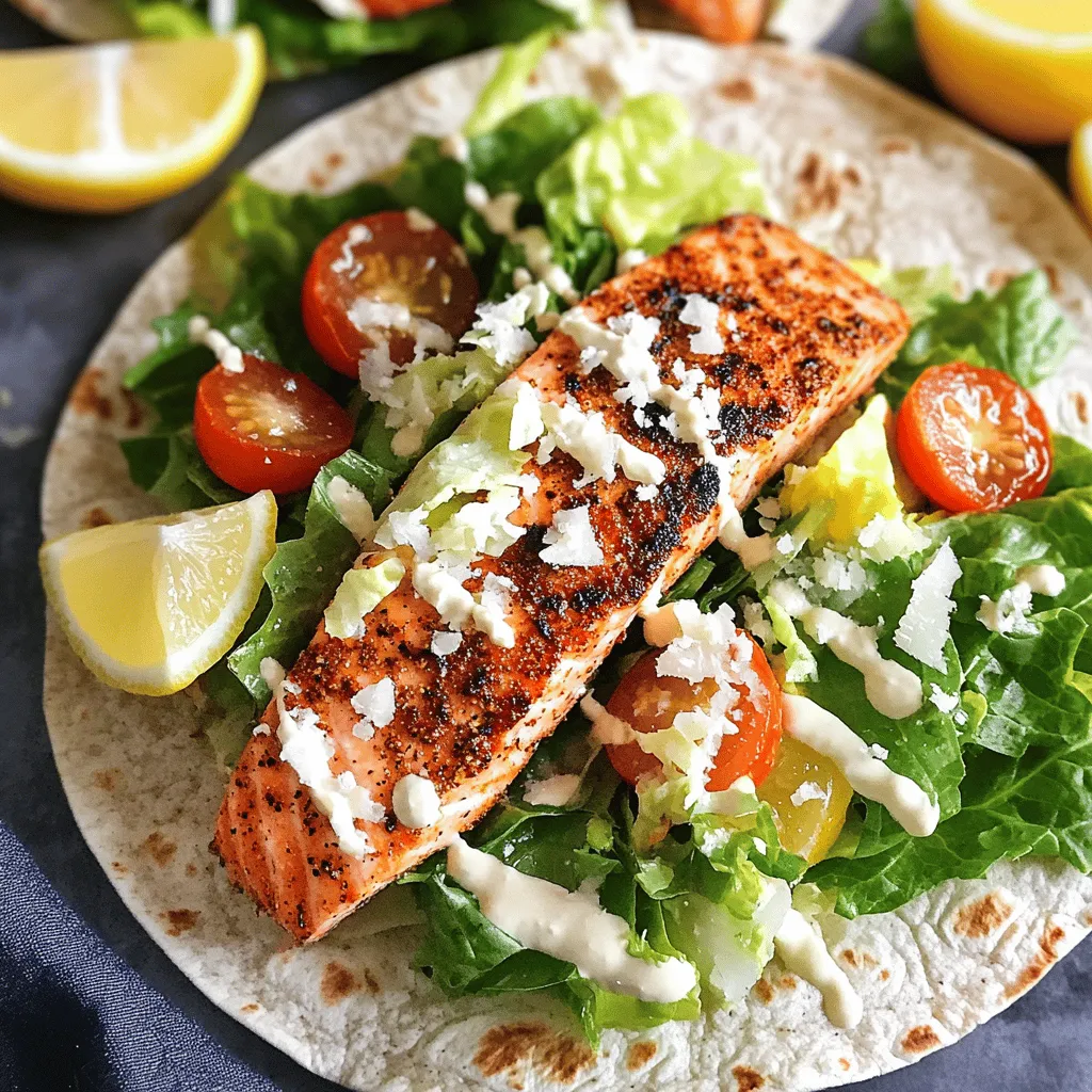 - 2 salmon fillets (about 6 oz each) - 2 tablespoons Cajun seasoning - 1 tablespoon olive oil - 4 large whole wheat or spinach tortillas - 2 cups romaine lettuce, chopped - ½ cup Caesar dressing (store-bought or homemade) - ¼ cup grated Parmesan cheese - ½ cup cherry tomatoes, halved - Fresh lemon wedges, for serving You need fresh ingredients for the best taste. I love using whole wheat or spinach tortillas. They add nutrition and flavor. The Cajun seasoning gives the salmon a spicy kick. - Avocado slices for creaminess - Capers for a briny touch - Red onion slices for crunch - Cilantro or parsley for freshness Feel free to add your favorite ingredients. Avocado adds a nice creamy texture. Capers and red onions give a great crunch. You can mix and match to fit your taste. This recipe serves four wraps. Each wrap has a healthy mix of protein and greens. Salmon is rich in omega-3s, good for heart health. The romaine lettuce gives fiber and vitamins. The Parmesan adds calcium. If you want to keep it light, use less dressing. These wraps are not just tasty; they are good for you too. Enjoy these wraps as a quick lunch or a light dinner option! First, you need to dry the salmon fillets. Use paper towels to remove excess moisture. This helps the seasoning stick well. Next, take the Cajun seasoning. Rub it generously on both sides of the fillets. You want every bite to burst with flavor. Let the salmon sit for a few minutes. This gives the seasoning time to soak in. Now it’s time to cook the salmon. Heat olive oil in a non-stick skillet over medium-high heat. Once the oil shimmers, place the seasoned salmon in the pan. Cook for about 3 to 4 minutes on each side. You want a nice blackened crust. The salmon should be opaque and flake easily. After cooking, remove it from the heat. Let it rest for one minute before flaking it into large pieces. Grab your tortillas and lay them flat on a clean surface. Start by spreading Caesar dressing evenly over each tortilla. This adds creaminess and flavor. Next, add a handful of chopped romaine lettuce on top. Then, layer on the blackened salmon pieces. Toss in some halved cherry tomatoes and a sprinkle of Parmesan cheese. Now it's time to roll! Fold in the ends of each tortilla and roll it tightly. Slice the wraps in half diagonally. Serve with fresh lemon wedges for a zesty kick. To flake salmon easily, let it cool for a minute after cooking. Use a fork to pull apart the fish gently. Start from the thickest part and work your way out. This keeps the pieces nice and big. Flaking right after cooking can make it mushy, so be patient. You want it to stay tender and juicy for your wraps. If you have leftover wraps, store them in an airtight container. Keep them in the fridge for up to two days. To maintain freshness, wrap each one in plastic wrap first. This helps prevent the tortillas from getting soggy. If you want to save the salmon and salad separately, do that too. This keeps everything fresh and crisp. For this recipe, you need a non-stick skillet. It helps cook the salmon evenly without sticking. A fork is essential for flaking the salmon later. Use a sharp knife to slice your wraps easily. Don't forget a cutting board for assembly. A spatula will help you flip the salmon without breaking it apart. These tools make cooking smooth and fun! {{image_2}} You can swap salmon for other proteins. Chicken works well in this recipe. Just season it like the salmon. Shrimp is another tasty option. Cook shrimp until pink, then add it to your wrap. For a plant-based choice, use chickpeas. Roast them with Cajun spice for added flavor. These swaps keep the wraps fun and fresh. While Caesar dressing is classic, you can try others. Ranch dressing adds a creamy twist. You might enjoy tahini sauce for a nutty flavor. A yogurt-based dressing is lighter and zesty. Mix in some lemon juice for a bright taste. Each dressing change offers a new taste adventure. Tortillas come in many types. Whole wheat and spinach are great choices. You can also use corn tortillas for a gluten-free option. Lettuce leaves make a low-carb wrap. Use large romaine leaves for a crunchy bite. These options let you create the wrap that suits your mood. Store any leftover wraps in an airtight container. Keep them in the fridge for up to two days. This helps keep the salmon and veggies fresh. If you notice any wilted lettuce, remove it before eating. Always check for strong smells or changes in color. I recommend freezing the salmon separately from the wraps. To freeze the salmon, wrap it tightly in plastic wrap. Place it in a freezer-safe bag. It will last for about three months. The wraps do not freeze well, as the tortillas can become soggy. To reheat the salmon, place it in a skillet over low heat. This keeps it moist and tender. For the wraps, unwrap them and heat them in the oven at 350°F for about 10 minutes. This method brings back the crunchiness of the tortilla. Enjoy your meal! Yes, you can use frozen salmon. Just make sure to thaw it first. Place it in the fridge overnight or run it under cold water. After thawing, pat the salmon dry. This helps the Cajun seasoning stick well. The cooking time may be slightly longer, so check for doneness. If you want a different flavor, you can use ranch dressing or yogurt-based dressing. You can also make a simple lemon vinaigrette. Mix olive oil, lemon juice, and a pinch of salt. This will give your wraps a fresh twist without losing taste. Yes, these wraps are great for meal prep. You can make them ahead and store them in the fridge. Just wrap them tightly in foil or plastic wrap. They stay fresh for up to three days. Just add the lemon wedges when you’re ready to eat! This blog post covered everything about making delicious salmon wraps. We explored key ingredients and optional add-ons to boost flavor. I shared step-by-step instructions for preparing and cooking salmon perfectly, plus tips for easy flaking and storage. You can even try different proteins or dressings to customize your meal. Remember, proper storage helps keep leftovers fresh. With these insights, you can create tasty wraps that fit your needs. Enjoy your cooking adventure, and don’t hesitate to experiment!