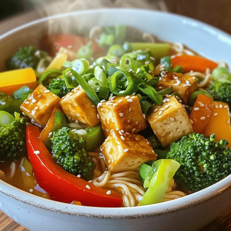 - 14 oz firm tofu, pressed and cubed - 3 tablespoons sesame oil - 2 tablespoons soy sauce - 1 tablespoon sriracha (adjust to taste) - 4 cups vegetable broth - 4 oz ramen noodles - 1 cup broccoli florets - 1 cup sliced bell peppers (use a mix of colors) - 2 green onions, sliced - 2 cloves garlic, minced - 1 tablespoon ginger, grated - 2 teaspoons sesame seeds - Fresh cilantro for garnish - Salt and pepper to taste Fresh ingredients make a huge difference. Always choose firm tofu for a nice texture. Look for bright, crisp vegetables. Your broccoli should be deep green, and bell peppers should be firm. Check the garlic for dryness. Fresh garlic gives the best flavor. Use high-quality soy sauce for richer taste. You can swap tofu for tempeh or chicken. Try using whole grain ramen noodles for added fiber. If you want more spice, add chili flakes or extra sriracha. Use different vegetables like carrots or snap peas for variety. Don’t have cilantro? You can use parsley or basil instead. Adjust the recipe to your taste! Start by pressing the tofu to remove extra water. This step is key for a nice texture. Once pressed, cut the tofu into small cubes. Aim for about 1-inch pieces for even cooking. Heat 1 tablespoon of sesame oil in a large skillet over medium heat. Add the cubed tofu and cook it for 8-10 minutes. You want the tofu to turn golden brown on all sides. Once crispy, stir in the soy sauce and sriracha. Cook for 2-3 more minutes. This adds great flavor. After that, take the tofu out of the skillet and set it aside. In the same skillet, add the remaining 2 tablespoons of sesame oil. Throw in minced garlic and grated ginger. Sauté these for about 30 seconds, just until you smell their aroma. Next, pour in 4 cups of vegetable broth and bring it to a simmer. Add 1 cup of broccoli florets and 1 cup of sliced bell peppers. Cook for 3-5 minutes. The vegetables should be tender but still bright. While the broth simmers, cook 4 oz of ramen noodles in another pot. Follow the package instructions for the best results. Drain the noodles and set them aside. Once the broth is ready, add the cooked noodles and the crispy tofu to the broth. Stir well to combine everything. Taste the broth and adjust with salt, pepper, and more sriracha if you want more heat. Serve hot, finishing with green onions, sesame seeds, and fresh cilantro on top. To make the tofu crispy, start with firm tofu. Press it to remove water. This helps it fry better. Cut the tofu into cubes after pressing. Heat sesame oil in a skillet over medium heat. Add the tofu cubes and let them cook without stirring for a few minutes. This browns the tofu nicely. Flip the cubes to brown all sides. Cook for about 8-10 minutes total. When golden, add soy sauce and sriracha. This adds flavor and keeps them crispy. If you like spice, add more sriracha. Start with one tablespoon. Taste the broth after adding it. You can always add more if needed. For milder spice, use less sriracha. You can also use sweet chili sauce instead. This adds flavor without too much heat. Try adding a dash of chili flakes for more heat or a hint of smokiness. This recipe is already vegan, but you can customize it. Use tamari instead of soy sauce for a gluten-free option. Swap the vegetable broth for homemade broth for more flavor. You can add more vegetables, like mushrooms or spinach, to boost nutrition. Fresh herbs like basil or mint can add a unique twist. Enjoy experimenting with different flavors! {{image_2}} You can boost flavor and nutrition by adding more vegetables. Try adding carrots, snap peas, or baby bok choy. These veggies cook quickly and add a lovely crunch. You can also toss in mushrooms for a savory taste. Just remember to adjust cooking times based on the vegetable you choose. For instance, add softer veggies like spinach at the end to keep them fresh. Ramen noodles are great, but other noodles work well too. You can use soba noodles for a nutty flavor. Rice noodles are a gluten-free option that cooks fast. Even whole wheat noodles can add a hearty touch to your dish. Just ensure to follow the cooking time on the package to keep your noodles al dente. Tofu is a fantastic choice, but you can easily swap it out. For a meaty flavor, try chicken or shrimp. These proteins cook quickly and add a different texture. If you want a plant-based option but don’t have tofu, chickpeas work well too. They add protein and a nice bite to your ramen. To store leftovers, let the ramen cool to room temperature. Place it in an airtight container. This keeps the flavors fresh and prevents spills. You can store it in the fridge for up to three days. If you notice the noodles becoming soggy, it’s best to separate them from the broth. When you’re ready to eat, reheat the ramen on the stove. Pour the ramen into a pot over medium heat. Add a splash of water or broth to keep it from drying out. Stir gently and heat until warm. You can also use a microwave if you prefer. Just heat it in short bursts, stirring in between, until hot. You can freeze Spicy Sesame Tofu Ramen, but it’s best to freeze the broth and tofu separately from the noodles. Use freezer-safe containers for the broth and tofu. They can last up to three months in the freezer. When ready to eat, thaw them overnight in the fridge. Cook fresh noodles to serve with the reheated broth and tofu. This keeps the dish fresh and tasty! Spicy sesame tofu ramen is a tasty noodle dish. It combines soft tofu and fresh veggies in a savory broth. The broth uses vegetable stock, garlic, and ginger for depth. You can customize the spice with sriracha. This dish is great for lunch or dinner. Yes, you can make this dish gluten-free. Use gluten-free ramen noodles instead of regular ones. Also, choose a gluten-free soy sauce. These swaps keep the flavors while meeting gluten-free needs. To make a richer broth, add extra ingredients. You can mix in miso paste for umami. A splash of coconut milk adds creaminess. You can also use a homemade broth for more depth. Let the broth simmer longer to enhance the flavors. This ramen pairs well with many sides. You can serve it with a side salad for freshness. Edamame is another great option for protein. You could also add pickled vegetables for a tangy crunch. This blog post covered how to make Spicy Sesame Tofu Ramen. We explored the key ingredients, tips for freshness, and alternatives to fit your taste. I shared clear steps on preparing and cooking tofu, simmering broth, and making the perfect noodle mix. Remember, you can customize this dish by adding different veggies or proteins. Store leftovers properly to enjoy your meal later. Feel free to revisit the FAQs for extra guidance. Now, go ahead and enjoy creating your tasty ramen!
