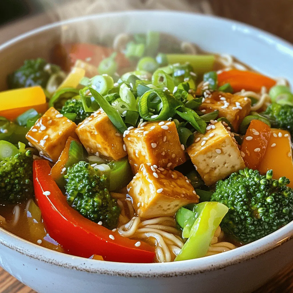- 14 oz firm tofu, pressed and cubed - 3 tablespoons sesame oil - 2 tablespoons soy sauce - 1 tablespoon sriracha (adjust to taste) - 4 cups vegetable broth - 4 oz ramen noodles - 1 cup broccoli florets - 1 cup sliced bell peppers (use a mix of colors) - 2 green onions, sliced - 2 cloves garlic, minced - 1 tablespoon ginger, grated - 2 teaspoons sesame seeds - Fresh cilantro for garnish - Salt and pepper to taste Fresh ingredients make a huge difference. Always choose firm tofu for a nice texture. Look for bright, crisp vegetables. Your broccoli should be deep green, and bell peppers should be firm. Check the garlic for dryness. Fresh garlic gives the best flavor. Use high-quality soy sauce for richer taste. You can swap tofu for tempeh or chicken. Try using whole grain ramen noodles for added fiber. If you want more spice, add chili flakes or extra sriracha. Use different vegetables like carrots or snap peas for variety. Don’t have cilantro? You can use parsley or basil instead. Adjust the recipe to your taste! Start by pressing the tofu to remove extra water. This step is key for a nice texture. Once pressed, cut the tofu into small cubes. Aim for about 1-inch pieces for even cooking. Heat 1 tablespoon of sesame oil in a large skillet over medium heat. Add the cubed tofu and cook it for 8-10 minutes. You want the tofu to turn golden brown on all sides. Once crispy, stir in the soy sauce and sriracha. Cook for 2-3 more minutes. This adds great flavor. After that, take the tofu out of the skillet and set it aside. In the same skillet, add the remaining 2 tablespoons of sesame oil. Throw in minced garlic and grated ginger. Sauté these for about 30 seconds, just until you smell their aroma. Next, pour in 4 cups of vegetable broth and bring it to a simmer. Add 1 cup of broccoli florets and 1 cup of sliced bell peppers. Cook for 3-5 minutes. The vegetables should be tender but still bright. While the broth simmers, cook 4 oz of ramen noodles in another pot. Follow the package instructions for the best results. Drain the noodles and set them aside. Once the broth is ready, add the cooked noodles and the crispy tofu to the broth. Stir well to combine everything. Taste the broth and adjust with salt, pepper, and more sriracha if you want more heat. Serve hot, finishing with green onions, sesame seeds, and fresh cilantro on top. To make the tofu crispy, start with firm tofu. Press it to remove water. This helps it fry better. Cut the tofu into cubes after pressing. Heat sesame oil in a skillet over medium heat. Add the tofu cubes and let them cook without stirring for a few minutes. This browns the tofu nicely. Flip the cubes to brown all sides. Cook for about 8-10 minutes total. When golden, add soy sauce and sriracha. This adds flavor and keeps them crispy. If you like spice, add more sriracha. Start with one tablespoon. Taste the broth after adding it. You can always add more if needed. For milder spice, use less sriracha. You can also use sweet chili sauce instead. This adds flavor without too much heat. Try adding a dash of chili flakes for more heat or a hint of smokiness. This recipe is already vegan, but you can customize it. Use tamari instead of soy sauce for a gluten-free option. Swap the vegetable broth for homemade broth for more flavor. You can add more vegetables, like mushrooms or spinach, to boost nutrition. Fresh herbs like basil or mint can add a unique twist. Enjoy experimenting with different flavors! {{image_2}} You can boost flavor and nutrition by adding more vegetables. Try adding carrots, snap peas, or baby bok choy. These veggies cook quickly and add a lovely crunch. You can also toss in mushrooms for a savory taste. Just remember to adjust cooking times based on the vegetable you choose. For instance, add softer veggies like spinach at the end to keep them fresh. Ramen noodles are great, but other noodles work well too. You can use soba noodles for a nutty flavor. Rice noodles are a gluten-free option that cooks fast. Even whole wheat noodles can add a hearty touch to your dish. Just ensure to follow the cooking time on the package to keep your noodles al dente. Tofu is a fantastic choice, but you can easily swap it out. For a meaty flavor, try chicken or shrimp. These proteins cook quickly and add a different texture. If you want a plant-based option but don’t have tofu, chickpeas work well too. They add protein and a nice bite to your ramen. To store leftovers, let the ramen cool to room temperature. Place it in an airtight container. This keeps the flavors fresh and prevents spills. You can store it in the fridge for up to three days. If you notice the noodles becoming soggy, it’s best to separate them from the broth. When you’re ready to eat, reheat the ramen on the stove. Pour the ramen into a pot over medium heat. Add a splash of water or broth to keep it from drying out. Stir gently and heat until warm. You can also use a microwave if you prefer. Just heat it in short bursts, stirring in between, until hot. You can freeze Spicy Sesame Tofu Ramen, but it’s best to freeze the broth and tofu separately from the noodles. Use freezer-safe containers for the broth and tofu. They can last up to three months in the freezer. When ready to eat, thaw them overnight in the fridge. Cook fresh noodles to serve with the reheated broth and tofu. This keeps the dish fresh and tasty! Spicy sesame tofu ramen is a tasty noodle dish. It combines soft tofu and fresh veggies in a savory broth. The broth uses vegetable stock, garlic, and ginger for depth. You can customize the spice with sriracha. This dish is great for lunch or dinner. Yes, you can make this dish gluten-free. Use gluten-free ramen noodles instead of regular ones. Also, choose a gluten-free soy sauce. These swaps keep the flavors while meeting gluten-free needs. To make a richer broth, add extra ingredients. You can mix in miso paste for umami. A splash of coconut milk adds creaminess. You can also use a homemade broth for more depth. Let the broth simmer longer to enhance the flavors. This ramen pairs well with many sides. You can serve it with a side salad for freshness. Edamame is another great option for protein. You could also add pickled vegetables for a tangy crunch. This blog post covered how to make Spicy Sesame Tofu Ramen. We explored the key ingredients, tips for freshness, and alternatives to fit your taste. I shared clear steps on preparing and cooking tofu, simmering broth, and making the perfect noodle mix. Remember, you can customize this dish by adding different veggies or proteins. Store leftovers properly to enjoy your meal later. Feel free to revisit the FAQs for extra guidance. Now, go ahead and enjoy creating your tasty ramen!