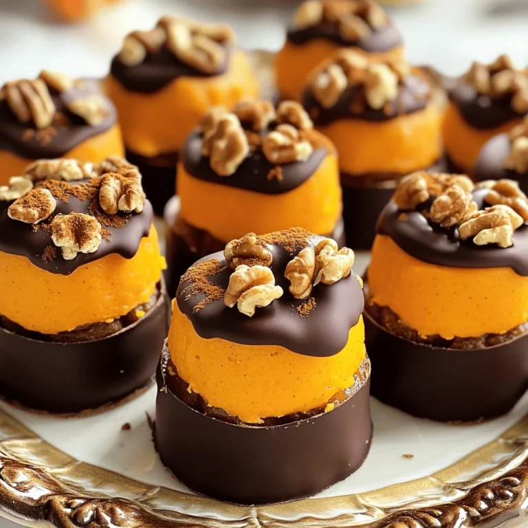 - 1 cup pumpkin puree - 1/2 cup creamy peanut butter - 1/4 cup honey or maple syrup - 1 teaspoon vanilla extract - 1 teaspoon pumpkin spice These five key ingredients create the base of your No Bake Pumpkin Pie Bites. The pumpkin puree brings that lovely fall flavor. Creamy peanut butter adds richness and helps bind the mixture. Honey or maple syrup gives sweetness, while vanilla extract and pumpkin spice enhance the taste. - 1 cup crushed graham crackers - 1/2 cup crushed walnuts or pecans (optional) - Dark chocolate chips You can customize your bites with these fun add-ins. Crushed graham crackers add a nice crunch and texture. Walnuts or pecans give extra flavor and nutrients. Dark chocolate chips can be melted for drizzle if you want a sweet touch on top. - Extra pumpkin spice - Whole walnuts - Fresh pumpkin slices Garnishing makes your bites look even better. A sprinkle of extra pumpkin spice adds charm. Whole walnuts or fresh pumpkin slices can also create a festive display. These simple touches make your treats eye-catching and fun to serve. To start, mix the wet ingredients together. In a medium bowl, combine the pumpkin puree, creamy peanut butter, honey or maple syrup, vanilla extract, pumpkin spice, and a pinch of sea salt. Stir until the mix is smooth and well blended. This step ensures that all the flavors meld together perfectly. Next, incorporate the dry ingredients. Gradually fold in the crushed graham crackers and crushed nuts if you are using them. Keep mixing until everything is fully combined. The mixture should feel thick and moldable, perfect for shaping. Now comes the fun part—shaping the bites! Use your hands to scoop out small portions of the mixture. Roll them into balls about 1 inch in diameter. This size is just right for a quick treat. Place each ball on a parchment-lined baking sheet or plate. The parchment helps prevent sticking and makes cleanup easy. The final step is the refrigeration process. Chill the pumpkin pie bites for at least 30 minutes. This lets them firm up, making them easier to handle and eat. Once chilled, they will have a nice texture that holds together well. Enjoy your delightful no-bake pumpkin pie bites! To make the perfect no bake pumpkin pie bites, start with sweetness. You can adjust it by adding more or less honey. If you want a less sweet treat, use maple syrup instead. Next, think about spices. You can switch pumpkin spice for your favorites. Try adding cinnamon, nutmeg, or even a bit of ginger. Each spice brings a different flavor to your bites. When serving these bites, presentation counts. Use a nice platter and add a sprinkle of pumpkin spice. You can also place whole walnuts or slices of fresh pumpkin around the bites. For drinks, consider pairing these with warm apple cider or a nice cup of coffee. The flavors blend well together and create a cozy vibe. If your bites feel too soft, add more crushed graham crackers. This helps firm them up. If the mixture sticks to your hands, dampen your fingers with water. This simple trick makes rolling easier and keeps the mess at bay. {{image_2}} You can make these pumpkin pie bites fit your diet. For gluten-free options, use alternative crackers like almond flour or gluten-free graham crackers. These swaps keep the bites tasty and safe for everyone. For vegan substitutions, replace honey with maple syrup. This change keeps the sweetness while making it plant-based. You can also use nut butters like almond or cashew instead of peanut butter for a new twist. Want to change the flavor? Try a chocolate pumpkin pie bites recipe! Mix in cocoa powder to the base. Add dark chocolate chips to enhance the chocolate flavor. You will enjoy a rich and delicious treat. You can also add spices like chai or clove. These spices give a warm spice profile that pairs well with pumpkin. A dash of nutmeg or a hint of ginger adds another layer of flavor. Make your bites festive with holiday-themed decorations. Use colored sprinkles or edible glitter for a fun touch. You can even shape the bites into pumpkins or leaves for a seasonal look. Consider seasonal ingredient swaps too. In fall, add apple cider or cinnamon to the mix. In winter, try peppermint extract for a fresh and cool flavor. These ideas keep your bites exciting all year round. To keep your no bake pumpkin pie bites fresh, store them in an airtight container. A glass or plastic container works well. Make sure to layer parchment paper between the bites if you stack them. This prevents them from sticking together. If you want to freeze these bites, place them on a baking sheet first. Freeze them for about an hour until firm. After that, transfer them to a freezer-safe bag. Make sure to remove as much air as possible to avoid freezer burn. When you're ready to eat, take them out of the freezer. Let them thaw in the fridge for a few hours or overnight. This keeps the texture nice and creamy. You can keep these bites in the fridge for up to a week. Look for any signs of spoilage, like a sour smell or change in color. If they feel too soft or sticky, it’s best to toss them. Enjoy your tasty treats while they’re fresh! Yes, you can use fresh pumpkin. Just cook and puree it until smooth. Canned pumpkin is easier and saves time. Both options work well in this recipe. Fresh pumpkin may have a slightly different taste and texture. You can try almond butter or sunflower seed butter. These options give a similar creaminess. They also add their own unique flavor to the bites. Make sure to choose a creamy type for the best results. Yes, you can use sunflower seed butter or tahini. Both are nut-free and work well. They keep the bites creamy and tasty. If you want a nut-free treat, these are great choices. These bites last about five days in the fridge. Store them in an airtight container. This keeps them fresh and ready for snacking. If they last that long, you’re doing great! Absolutely! You can make them a day or two ahead. This saves time and stress on the event day. Just chill them in the fridge to keep them firm and tasty. You learned how to make delicious pumpkin bites with simple ingredients and steps. I shared tips to help you adjust flavors and enhance your bites for any season. Feel free to get creative with add-ins, garnishes, and dietary swaps. Remember to store them properly for the best taste. Enjoy these bites anytime, whether at a party or a quiet evening at home. With a few steps, you can make a tasty treat that everyone will love.