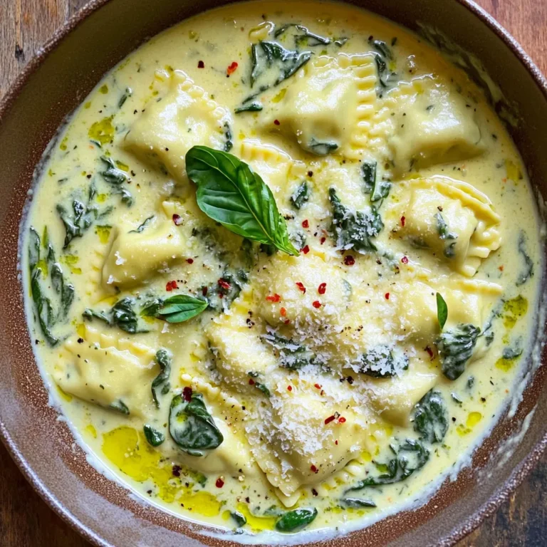 - 12 oz fresh or frozen spinach ricotta ravioli - 2 tablespoons olive oil - 3 cloves garlic, minced - 1 cup vegetable broth - 1 cup heavy cream - 1 cup grated Parmesan cheese - 1 cup baby spinach, tightly packed - 1 teaspoon dried Italian herbs (oregano, basil, thyme) - Salt and pepper to taste - Fresh basil leaves for garnish - Optional: A pinch of red pepper flakes for heat Using fresh ingredients makes a big difference. Fresh ravioli has a soft texture that holds up well in the creamy sauce. The garlic should be firm and not sprouted. Good quality olive oil adds depth to the dish. For cheese, look for freshly grated Parmesan for the best flavor. If you can’t find spinach ricotta ravioli, any kind of cheese ravioli works well. You can use light cream instead of heavy cream for a lighter dish. Fresh spinach can be swapped for frozen, but make sure to thaw and drain it first. If you want to skip the dairy, try a plant-based cream and nutritional yeast instead of Parmesan. To make One-Pot Creamy Spinach Ricotta Ravioli, gather all your ingredients first. You will need fresh or frozen spinach ricotta ravioli, olive oil, garlic, vegetable broth, heavy cream, Parmesan cheese, baby spinach, Italian herbs, salt, and pepper. This dish is quick and easy, perfect for a weeknight dinner. 1. Heat 2 tablespoons of olive oil in a large pot over medium heat. 2. Add 3 cloves of minced garlic. Sauté for about 1 minute until it smells great. 3. Pour in 1 cup of vegetable broth and bring it to a gentle boil. 4. Add 12 ounces of spinach ricotta ravioli to the pot. Cook fresh ravioli for about 3-4 minutes or frozen ravioli for about 5-6 minutes. Stir occasionally. 5. Once the ravioli is cooked, lower the heat. Carefully stir in 1 cup of heavy cream. 6. Mix in 1 cup of grated Parmesan cheese. The sauce should become creamy and smooth. 7. Fold in 1 cup of baby spinach along with 1 teaspoon of dried Italian herbs, salt, and pepper. Cook until the spinach wilts. 8. If you like heat, sprinkle in a pinch of red pepper flakes and mix well. 9. Taste your dish and adjust the seasonings as needed before serving. - Keep an eye on the ravioli. Fresh ravioli cooks quickly, so don’t overdo it. - Stir gently to avoid breaking the ravioli. - The sauce should be creamy but not too thick. If it gets too thick, add a splash of broth or cream. - Serve right away to enjoy the creamy texture at its best. To make a creamy sauce, start by using high-quality heavy cream. This cream gives your dish that rich texture. When you add the cream, keep the heat low. This helps prevent the cream from curdling. Stir in the grated Parmesan slowly. This allows it to melt evenly, creating a smooth sauce. Adding a pinch of nutmeg can also enhance the flavor. Store leftovers in an airtight container in the fridge. They will last for up to three days. When reheating, add a splash of vegetable broth or cream. This prevents the sauce from getting too thick. Heat gently on low in a pot or microwave. Stir often to ensure even warming. One common mistake is cooking the ravioli too long. Overcooking can make them mushy. Follow the package instructions closely. Another mistake is not seasoning enough. Taste your dish before serving. Adjust the salt and pepper as needed. Be careful with the garlic; burnt garlic tastes bitter. Sauté it just until fragrant. {{image_2}} You can mix in proteins to make this dish heartier. Try adding cooked chicken or shrimp. These proteins pair well with the creamy sauce. Cook them separately, then mix them in before serving. You can also use cooked sausage for a flavorful twist. Each addition brings a new taste, making the meal even better. You don't have to stick with spinach ricotta ravioli. Feel free to explore other options. Mushroom ravioli adds an earthy flavor, while lobster ravioli offers a touch of luxury. You can even try butternut squash ravioli for a hint of sweetness. Each type of ravioli changes the dish's character and keeps it exciting. You can easily make this dish vegetarian or vegan. For a vegetarian version, just skip any meat and keep the creamy sauce. To make it vegan, swap heavy cream for coconut milk and use vegan cheese. You can also try almond or cashew cream for a rich texture. These swaps keep the meal tasty and inclusive for everyone. This dish serves four. Each serving has around 550 calories. The breakdown includes: - Ravioli: 250 calories - Cream: 400 calories - Parmesan: 110 calories - Olive oil: 120 calories - Vegetable broth and spinach: Minimal calories This recipe uses healthy ingredients. Here are some benefits: - Spinach: Full of iron and vitamins A and C. - Ricotta: Offers protein and calcium. - Garlic: Supports heart health. - Olive oil: Contains healthy fats. - Parmesan: Adds flavor and calcium. Each ingredient works together to create a tasty and nourishing meal. You can customize this dish for different diets. Here are some ideas: - Lower calories: Use less cream or a lighter version. - Gluten-free: Choose gluten-free ravioli. - Dairy-free: Substitute cream with coconut milk or a dairy-free option. - Vegan: Use mushrooms in place of ravioli and nutritional yeast instead of cheese. These changes let you enjoy this creamy dish while meeting your dietary needs. To make this dish gluten-free, use gluten-free ravioli. Many brands offer gluten-free pasta made from rice, quinoa, or other grains. Check the package for cooking instructions, as they may differ from regular ravioli. This swap keeps your meal delicious without gluten. Yes, you can use dried ravioli. However, you will need to adjust the cooking time. Dried ravioli usually takes longer to cook. Follow the package directions for cooking times. Ensure they are tender before adding the cream and cheese. Several sides go well with this dish. Here are some tasty options: - Garlic bread for a crunchy bite. - A light salad with mixed greens and vinaigrette. - Steamed vegetables like broccoli or asparagus for color and nutrition. These sides enhance the meal and balance the creamy flavors of the ravioli. This post guided you through making creamy spinach ricotta ravioli. I shared the key ingredients and tips to ensure quality. You learned about cooking steps and common mistakes to avoid. We explored variations for different diets and nutritional facts. Remember, cooking is fun! Don’t hesitate to try new flavors or adjust recipes. With these tips, you can create an amazing dish every time. Enjoy your delicious creation and feel proud of your cooking skills!