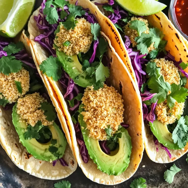 - 2 ripe avocados - 1 cup panko breadcrumbs - 1 tablespoon olive oil - 1 teaspoon garlic powder - 1 teaspoon smoked paprika - ½ teaspoon salt - ½ teaspoon pepper - 8 small corn tortillas - 1 cup shredded red cabbage - ½ cup cilantro, chopped - 1 lime, cut into wedges - Your favorite hot sauce (optional) The key to great Air Fryer Crispy Avocado Tacos is using fresh and ripe avocados. They should feel slightly soft when you press them. Panko breadcrumbs give a nice crunch. The spices add flavor that makes each bite tasty. You can adjust the seasonings to fit your taste. For the tacos, small corn tortillas work best. They hold the filling well. Red cabbage adds a nice crunch and color. Fresh cilantro brightens the dish. Lime wedges add a zesty touch, and hot sauce can really spice things up. Gathering these ingredients is easy. You can find them in any grocery store. Make sure you have everything ready before you start cooking. This will help you move smoothly through the recipe. First, take your ripe avocados. Cut them in half and remove the pit. Use a spoon to scoop out the flesh carefully. Next, slice the avocado into wedges or slices. Aim for even cuts. This helps with cooking and eating. Now, let’s make the coating. In a bowl, mix one cup of panko breadcrumbs with one teaspoon of garlic powder, one teaspoon of smoked paprika, half a teaspoon of salt, and half a teaspoon of pepper. Drizzle one tablespoon of olive oil on top. Stir it well until the breadcrumbs look coated. Place the breaded avocado slices in your air fryer basket. Make sure they are in a single layer. Set your air fryer to 375°F (190°C). Cook for 8 to 10 minutes. Shake the basket halfway through. This step ensures they cook evenly. You want them golden and crispy! While the avocados cook, warm your corn tortillas. Use a dry skillet on medium heat. Heat each tortilla for about 30 seconds on each side. This makes them soft and easy to fold. Once the avocados are crispy, it's time to build your tacos. Place 2 to 3 avocado slices on each warm tortilla. Top with shredded red cabbage and chopped cilantro. This adds crunch and fresh flavor. Serve your tacos with lime wedges on the side. A drizzle of your favorite hot sauce can add a nice kick. Enjoy these tasty tacos right away for the best flavor! To get crispy avocados, cook them at 375°F (190°C). This temperature helps them fry evenly. Cook for 8 to 10 minutes. Check them halfway through and shake the basket. This step ensures they brown well. For the breadcrumb coating, use panko breadcrumbs. They are lighter and crispier than regular breadcrumbs. Mix garlic powder, smoked paprika, salt, and pepper in a bowl. Drizzle olive oil over the mix. Stir until the breadcrumbs are well coated. This gives the avocados great flavor and crunch. You can prep the avocado and coating a few hours ahead. Slice the avocados and coat them in the breadcrumb mix. Store them in the fridge until you’re ready to cook. This saves time when you want to serve them. For the tortillas, warm them just before serving. Keep them in a clean kitchen towel. This keeps them soft and warm. If you have leftovers, store them in an airtight container. They will stay fresh for one day. Reheat them in the air fryer to keep them crispy. These tacos pair well with fresh drinks. Try serving them with iced tea or a light beer. For sides, consider fresh salsa or guacamole. They add even more flavor. For a beautiful presentation, use a colorful plate. Arrange the tacos neatly. Garnish with extra cilantro and lime wedges. This not only looks nice but also adds flavor. Enjoy your tasty creation! {{image_2}} You can add protein to make your tacos heartier. Try adding black beans or grilled chicken. Both options pair well with the crispy avocado. If you want a vegetarian option, choose lentils or chickpeas. They add protein and taste great with the other taco flavors. You don't have to stick to corn tortillas. Flour tortillas are a great choice if you want a softer bite. For a low-carb option, use lettuce wraps instead. They add crunch and freshness to your dish. Spice things up with toppings. Add diced tomatoes, sliced jalapeños, or avocado crema. These will boost flavor and add color. Don't forget hot sauce! Experiment with different kinds like salsa verde or chipotle sauce. Each brings a unique kick to your tacos. To keep your leftover avocado tacos fresh, place them in an airtight container. Make sure to store them in the fridge. They will stay good for about 2 to 3 days. Freezing avocado tacos is simple. First, let the tacos cool completely. Wrap each taco in plastic wrap. Then, place them in a freezer-safe bag. They can last up to 3 months in the freezer. To reheat, let them thaw overnight in the fridge. To keep the tacos crispy, reheat them in the air fryer. Set it to 350°F (175°C) and heat for about 5 minutes. This method helps to retain the crunch. You can also use an oven for reheating, but the air fryer works best! It takes about 20 minutes to make these tacos. This includes 10 minutes for prep and 10 minutes for cooking. You can enjoy them quickly! Yes, you can use different avocados. Hass avocados work great because they are creamy. Fuerte avocados also taste good. Just make sure they are ripe for the best flavor. If you don’t have panko, you can use regular breadcrumbs. Crushed tortilla chips can also add a nice crunch. For a gluten-free option, try ground almonds or cornmeal. These Air Fryer Crispy Avocado Tacos are easy and fun to make. We explored ingredients, preparation steps, and tips to ensure your avocados turn out crispy and tasty. Remember to play with flavors and toppings to make them your own. Whether you’re cooking for family or friends, these tacos will impress. Keep experimenting with different ingredients and enjoy every bite!