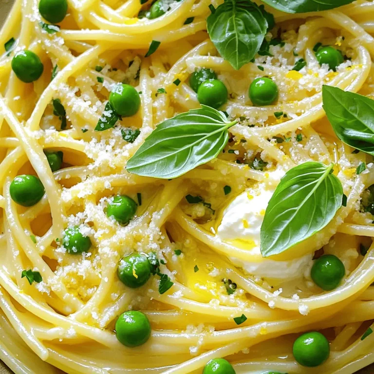 To make this delicious lemon ricotta pasta with peas, you will need: - 12 oz spaghetti or your choice of pasta - 1 cup ricotta cheese - Zest of 1 lemon - 1/4 cup fresh lemon juice - 1 cup fresh or frozen peas - 2 tablespoons olive oil - 2 cloves garlic, minced - 1/2 teaspoon red pepper flakes (optional) - Salt and pepper, to taste - 1/2 cup freshly grated Parmesan cheese - Fresh basil or parsley for garnish You can customize your dish in fun ways by adding: - Cooked chicken or shrimp for protein - Fresh spinach or arugula for extra greens - A squeeze of lime for a twist on flavor - Other herbs like tarragon or dill for variety Gather these tools to make your cooking easy: - Large pot for boiling pasta - Large skillet for sautéing - Mixing bowl for the ricotta sauce - Measuring cups and spoons - Wooden spoon or spatula for mixing - Grater for Parmesan cheese With these ingredients and tools, you're all set to create a creamy, flavorful lemon ricotta pasta with peas that will impress everyone at the table! Start by boiling a large pot of salted water. Add your pasta to the pot. Cook it according to the package instructions until it is al dente. This means it should be firm but not hard. Before draining, save 1 cup of pasta water. This water has starch that helps make the sauce creamy. In a large skillet, heat 2 tablespoons of olive oil over medium heat. Add 2 minced garlic cloves and red pepper flakes if you like some spice. Sauté for about 1 minute until the garlic smells good. Then, add 1 cup of peas. Cook for 2-3 minutes until the peas are warm. In a mixing bowl, combine 1 cup of ricotta cheese, the zest of 1 lemon, and 1/4 cup of fresh lemon juice. Add salt and pepper to taste. If the mixture is thick, stir in a bit of the reserved pasta water. This will help make the sauce smoother and creamier. Once the pasta is drained, add it to the skillet with the peas and garlic. Pour the ricotta sauce over the pasta. Gently toss everything together until the pasta is coated. If it looks dry, add more reserved pasta water until you reach the desired creaminess. Remove the skillet from heat and mix in 1/2 cup of freshly grated Parmesan cheese. Taste the pasta and add more salt or pepper if needed. Serve the dish warm. You can garnish it with fresh basil or parsley and sprinkle some extra Parmesan on top for a nice touch. Enjoy your meal! Cooking pasta well is key. I always use a large pot with salted water. The salt helps add flavor. Bring the water to a rolling boil before adding your pasta. Stir the pasta often. This keeps it from sticking. Cook it until it's al dente, which means it should be firm but not hard. Save a cup of the pasta water. This water helps make the sauce smooth. Fresh herbs can take this dish to the next level. I love using basil or parsley for a fresh touch. Chop them finely and sprinkle them on top right before serving. You can also mix them into the sauce for a stronger flavor. This adds color and makes the dish even more appealing. If you like a bit of spice, try adding some red pepper flakes. They can give your pasta a nice kick. The ricotta cheese gives this pasta its creamy base. If you want it creamier, add more ricotta. If it seems too thick, stir in some of the reserved pasta water. This water has starch, which helps the sauce cling to the pasta. Keep mixing until you get the texture you like. You can also add more lemon juice for a zesty taste. Just remember to taste as you go. This way, you can adjust the flavors to your liking. {{image_2}} You can add protein to your Lemon Ricotta Pasta for a heartier meal. Chicken and shrimp are great choices. For chicken, grill or sauté it in a pan. Cut it into bite-sized pieces and mix it in with the pasta. If you use shrimp, sauté it in the same pan with garlic. Add the shrimp once it turns pink. This adds flavor and makes the dish more filling. If you want a vegetarian twist, try adding spinach. Fresh spinach wilts down nicely and adds color. Add it to the skillet when you cook the peas. Cook until it wilts, then combine it with the pasta. You can also use other veggies like zucchini or asparagus. Just sauté them until tender before mixing with the pasta. For a gluten-free option, choose gluten-free pasta. Many brands offer great pasta that tastes similar to regular pasta. You can find options made from rice, quinoa, or chickpeas. Cook it just like regular pasta, following the package instructions. This way, everyone can enjoy this creamy and delicious dish! To keep your Lemon Ricotta Pasta with Peas fresh, place it in an airtight container. Use a clean spoon to scoop it out. This helps avoid bacteria. Store it in the fridge for up to three days. If you notice any off smells or changes in texture, it’s best to throw it away. When you’re ready to enjoy the leftovers, reheat gently. Use a pan on low heat and add a splash of water or olive oil. This helps revive the creamy sauce. Stir often to avoid burning. You can also use the microwave. Heat in short bursts of 30 seconds, stirring in between, until warmed through. Freezing your Lemon Ricotta Pasta with Peas is a great option! Let the dish cool completely first. Then, portion it into freezer-safe bags or containers. Squeeze out excess air before sealing. Label the bags with the date. You can freeze it for up to three months. When ready to eat, thaw it in the fridge overnight before reheating. I recommend spaghetti for this dish. It holds the creamy sauce very well. You can also use fettuccine or penne. Each type brings a unique texture. Just ensure you cook it until al dente for the best bite. Yes, you can make this dish ahead of time. I suggest cooking the pasta and sauce separately. Store them in airtight containers in the fridge. When you’re ready to eat, combine them in a skillet. Heat gently and add some reserved pasta water to bring it back to life. If you need a ricotta substitute, try cottage cheese. Blend it until smooth for a creamier texture. You can also use Greek yogurt for a tangy flavor. Both options work well in this recipe. To check for al dente pasta, taste it a minute or two before the package says. It should be firm but not hard. If there’s a slight bite, it’s ready to drain. Perfectly cooked pasta enhances every dish, especially this creamy one. This blog post offers a clear guide on making a delicious pasta dish. We covered key ingredients, cooking techniques, and useful kitchen tools. You learned how to sauté peas and garlic for flavor, and how to mix everything for a creamy sauce. Remember, you can tweak the recipe to fit your taste. Try adding proteins or herbs for extra flavor. Enjoying your dish fresh or stored for later is easy with proper tips. Let your creativity shine as you cook!