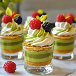 To make these tasty no bake matcha cheesecake cups, you will need: - 1 cup graham cracker crumbs - 1/2 cup unsalted butter, melted - 1 cup cream cheese, softened - 1/2 cup powdered sugar - 1/2 cup heavy whipping cream - 2 tablespoons matcha powder - 1 teaspoon vanilla extract These ingredients blend together for a smooth and creamy treat. The graham cracker crumbs form a delightful crust. The matcha adds a unique flavor and bright color. To make your cheesecake cups even more appealing, consider these garnishes: - Fresh berries (strawberries, blueberries, or raspberries) - Mint leaves - Extra matcha powder for dusting Adding berries gives a pop of color. Mint leaves add a fresh touch. These garnishes not only look great but also add flavor. Here's what you'll need to make these cheesecake cups: - Mixing bowls - Electric mixer - Small glasses or cups - Spoon or spatula for layering - Refrigerator for chilling Having the right tools makes the process easier. Mixing bowls help combine the ingredients well. Glasses or cups show off the layers, making your dessert look nice. First, gather your ingredients. You need graham cracker crumbs and melted butter. In a bowl, mix 1 cup of graham cracker crumbs with 1/2 cup of melted butter. Stir until all crumbs are coated. This mixture gives your cheesecake cups a crunchy base. Next, take small glasses or cups. Evenly divide the graham cracker mix between them. Press it down gently to form a nice crust. This step is key for the perfect texture. Now, let’s make the filling. Start with 1 cup of softened cream cheese in a bowl. Use an electric mixer to beat it until it is smooth. This helps create a creamy texture. Gradually add in 1/2 cup of powdered sugar, 2 tablespoons of matcha powder, and 1 teaspoon of vanilla extract. Mix until everything is well combined. The matcha gives it a lovely green color and unique flavor. In another bowl, whip 1/2 cup of heavy cream until stiff peaks form. This adds lightness to the filling. Gently fold the whipped cream into the matcha mixture. Be careful here; you want to keep it fluffy. Now it’s time to assemble the cups. Spoon the matcha cheesecake filling over the crust in each cup. Smooth out the tops for a nice finish. Once you fill all the cups, place them in the fridge. Chill for at least 4 hours, or until they are set. This step helps the flavors meld and the texture firm up. Before serving, you can add fresh berries on top. They make the cups look beautiful and add a burst of flavor. Enjoy your delightful no bake matcha cheesecake cups! To get a smooth and creamy cheesecake, start with room temperature cream cheese. Cold cream cheese can make lumps. Mix the cream cheese until it is soft. When you add sugar and matcha, keep mixing until smooth. This step is key for a perfect texture. When whipping cream, use a cold bowl and beaters. This helps the cream whip faster. Pour heavy cream into the bowl and start at a low speed. Increase the speed as it thickens. Stop when you see stiff peaks. Be careful not to overwhip; this can turn it into butter. Add matcha powder while mixing the cream cheese and sugar. This helps blend the matcha well. Use a whisk or spatula to mix gently. Avoid clumps for a smooth flavor. If you see lumps, sift the matcha before adding it. This step ensures a lovely, even green color and taste. {{image_2}} You can play with flavors in your no bake matcha cheesecake cups. Try swapping matcha with other fun flavors. Here are a few ideas: - Chocolate: Use cocoa powder instead of matcha for a rich treat. - Berry: Blend in pureed strawberries or raspberries for a fruity twist. - Coffee: Mix in espresso powder for a coffee-inspired dessert. These variations keep your dessert fresh and exciting! You can easily make these cheesecake cups dairy-free or vegan. Here’s how: - Cream Cheese: Use vegan cream cheese instead of regular cream cheese. - Whipping Cream: Choose coconut whipped cream or another plant-based option. - Butter: Replace unsalted butter with coconut oil or vegan butter. These swaps allow everyone to enjoy a tasty treat! If you need a gluten-free version, you can adjust a few ingredients. Here are some ideas to ensure your dessert remains gluten-free: - Graham Cracker Crumbs: Use gluten-free graham cracker crumbs or almond flour. - Check Labels: Always check labels on other ingredients to ensure they are gluten-free. These changes keep your dessert safe for those with gluten sensitivities! To keep your No Bake Matcha Cheesecake Cups fresh, store them in the fridge. Use an airtight container to prevent them from drying out. If you have leftovers, cover them tightly with plastic wrap. This method helps keep the flavors intact. These cheesecake cups can last in the fridge for up to five days. They taste best when chilled. Serve them cold for a refreshing treat. If you plan to serve them later, garnish with berries just before serving. This keeps the berries fresh and vibrant. You can freeze the cheesecake cups if you want to save them for later. Place them in a freezer-safe container. They will last for up to two months in the freezer. To thaw, move them to the fridge overnight. Avoid thawing at room temperature to keep the texture nice. No, you cannot use regular green tea. Matcha has a unique flavor and color. It comes from powdered green tea leaves, giving your cheesecake cups a vibrant green. Regular green tea lacks this rich taste and color. It won't give you the same creamy and earthy flavor you want in this dessert. You can keep these cheesecake cups in the fridge for up to five days. Make sure to cover them well. This will keep them fresh and tasty. The longer they sit, the more the flavors meld. However, for the best taste and texture, enjoy them within the first three days. If you want a different crust, you can use crushed cookies. Try vanilla wafers or even Oreos. For a gluten-free option, use almond flour or gluten-free cookies. Just make sure to mix them with melted butter for the right texture. This will keep the crust firm and delicious. You learned the key steps to make no bake matcha cheesecake cups. Remember the essential ingredients and the equipment needed. Use tips to perfect your texture and incorporate matcha well. Consider fun variations and storage tips for long-lasting enjoyment. Overall, this treat is simple and versatile. Enjoy creating something delicious and sharing it with others. Your time in the kitchen can be fun and rewarding!