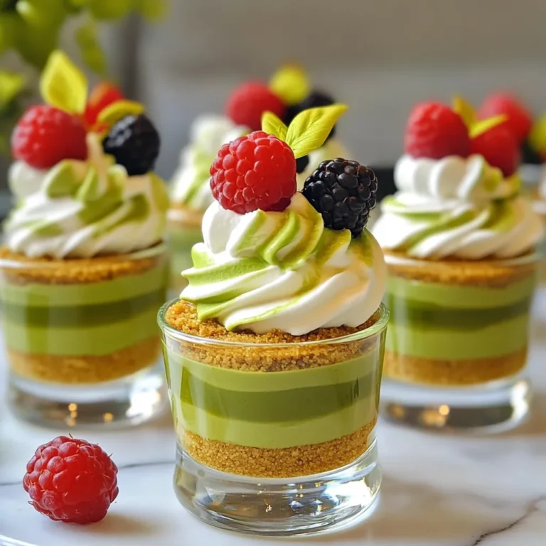 To make these tasty no bake matcha cheesecake cups, you will need: - 1 cup graham cracker crumbs - 1/2 cup unsalted butter, melted - 1 cup cream cheese, softened - 1/2 cup powdered sugar - 1/2 cup heavy whipping cream - 2 tablespoons matcha powder - 1 teaspoon vanilla extract These ingredients blend together for a smooth and creamy treat. The graham cracker crumbs form a delightful crust. The matcha adds a unique flavor and bright color. To make your cheesecake cups even more appealing, consider these garnishes: - Fresh berries (strawberries, blueberries, or raspberries) - Mint leaves - Extra matcha powder for dusting Adding berries gives a pop of color. Mint leaves add a fresh touch. These garnishes not only look great but also add flavor. Here's what you'll need to make these cheesecake cups: - Mixing bowls - Electric mixer - Small glasses or cups - Spoon or spatula for layering - Refrigerator for chilling Having the right tools makes the process easier. Mixing bowls help combine the ingredients well. Glasses or cups show off the layers, making your dessert look nice. First, gather your ingredients. You need graham cracker crumbs and melted butter. In a bowl, mix 1 cup of graham cracker crumbs with 1/2 cup of melted butter. Stir until all crumbs are coated. This mixture gives your cheesecake cups a crunchy base. Next, take small glasses or cups. Evenly divide the graham cracker mix between them. Press it down gently to form a nice crust. This step is key for the perfect texture. Now, let’s make the filling. Start with 1 cup of softened cream cheese in a bowl. Use an electric mixer to beat it until it is smooth. This helps create a creamy texture. Gradually add in 1/2 cup of powdered sugar, 2 tablespoons of matcha powder, and 1 teaspoon of vanilla extract. Mix until everything is well combined. The matcha gives it a lovely green color and unique flavor. In another bowl, whip 1/2 cup of heavy cream until stiff peaks form. This adds lightness to the filling. Gently fold the whipped cream into the matcha mixture. Be careful here; you want to keep it fluffy. Now it’s time to assemble the cups. Spoon the matcha cheesecake filling over the crust in each cup. Smooth out the tops for a nice finish. Once you fill all the cups, place them in the fridge. Chill for at least 4 hours, or until they are set. This step helps the flavors meld and the texture firm up. Before serving, you can add fresh berries on top. They make the cups look beautiful and add a burst of flavor. Enjoy your delightful no bake matcha cheesecake cups! To get a smooth and creamy cheesecake, start with room temperature cream cheese. Cold cream cheese can make lumps. Mix the cream cheese until it is soft. When you add sugar and matcha, keep mixing until smooth. This step is key for a perfect texture. When whipping cream, use a cold bowl and beaters. This helps the cream whip faster. Pour heavy cream into the bowl and start at a low speed. Increase the speed as it thickens. Stop when you see stiff peaks. Be careful not to overwhip; this can turn it into butter. Add matcha powder while mixing the cream cheese and sugar. This helps blend the matcha well. Use a whisk or spatula to mix gently. Avoid clumps for a smooth flavor. If you see lumps, sift the matcha before adding it. This step ensures a lovely, even green color and taste. {{image_2}} You can play with flavors in your no bake matcha cheesecake cups. Try swapping matcha with other fun flavors. Here are a few ideas: - Chocolate: Use cocoa powder instead of matcha for a rich treat. - Berry: Blend in pureed strawberries or raspberries for a fruity twist. - Coffee: Mix in espresso powder for a coffee-inspired dessert. These variations keep your dessert fresh and exciting! You can easily make these cheesecake cups dairy-free or vegan. Here’s how: - Cream Cheese: Use vegan cream cheese instead of regular cream cheese. - Whipping Cream: Choose coconut whipped cream or another plant-based option. - Butter: Replace unsalted butter with coconut oil or vegan butter. These swaps allow everyone to enjoy a tasty treat! If you need a gluten-free version, you can adjust a few ingredients. Here are some ideas to ensure your dessert remains gluten-free: - Graham Cracker Crumbs: Use gluten-free graham cracker crumbs or almond flour. - Check Labels: Always check labels on other ingredients to ensure they are gluten-free. These changes keep your dessert safe for those with gluten sensitivities! To keep your No Bake Matcha Cheesecake Cups fresh, store them in the fridge. Use an airtight container to prevent them from drying out. If you have leftovers, cover them tightly with plastic wrap. This method helps keep the flavors intact. These cheesecake cups can last in the fridge for up to five days. They taste best when chilled. Serve them cold for a refreshing treat. If you plan to serve them later, garnish with berries just before serving. This keeps the berries fresh and vibrant. You can freeze the cheesecake cups if you want to save them for later. Place them in a freezer-safe container. They will last for up to two months in the freezer. To thaw, move them to the fridge overnight. Avoid thawing at room temperature to keep the texture nice. No, you cannot use regular green tea. Matcha has a unique flavor and color. It comes from powdered green tea leaves, giving your cheesecake cups a vibrant green. Regular green tea lacks this rich taste and color. It won't give you the same creamy and earthy flavor you want in this dessert. You can keep these cheesecake cups in the fridge for up to five days. Make sure to cover them well. This will keep them fresh and tasty. The longer they sit, the more the flavors meld. However, for the best taste and texture, enjoy them within the first three days. If you want a different crust, you can use crushed cookies. Try vanilla wafers or even Oreos. For a gluten-free option, use almond flour or gluten-free cookies. Just make sure to mix them with melted butter for the right texture. This will keep the crust firm and delicious. You learned the key steps to make no bake matcha cheesecake cups. Remember the essential ingredients and the equipment needed. Use tips to perfect your texture and incorporate matcha well. Consider fun variations and storage tips for long-lasting enjoyment. Overall, this treat is simple and versatile. Enjoy creating something delicious and sharing it with others. Your time in the kitchen can be fun and rewarding!