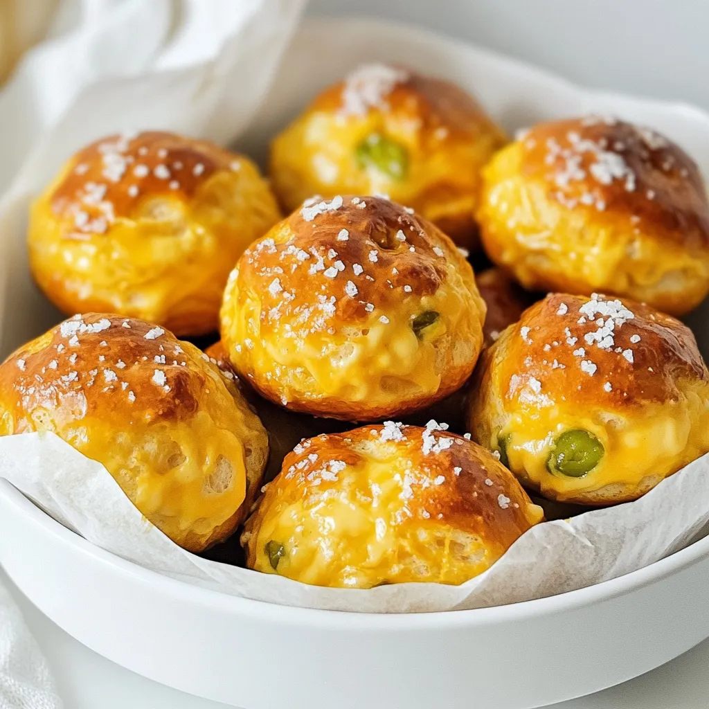- 1 ½ cups warm water - 1 packet active dry yeast - 1 tablespoon granulated sugar - 4 cups all-purpose flour - 1 teaspoon salt - 1 teaspoon baking soda - 1 cup sharp cheddar cheese, shredded - 2-3 jalapeños, finely chopped - 1 large egg (for egg wash) - Coarse sea salt (for sprinkling) To make Air Fryer Jalapeno Cheddar Pretzel Bites, gather your ingredients first. Fresh ingredients are key for great taste. You need warm water to activate the yeast. Aim for a temperature between 110°F and 115°F. The packet of active dry yeast helps your dough rise. The granulated sugar feeds the yeast, making it frothy. All-purpose flour forms the base of the dough. It gives the pretzel bites that perfect chewiness. Salt adds flavor. Baking soda is crucial for that classic pretzel taste. Sharp cheddar cheese gives a rich, cheesy flavor. Jalapeños add heat and flavor. Adjust the number based on your spice preference. You’ll also need an egg for the wash. This gives the pretzel bites a shiny finish. Finally, coarse sea salt adds a nice crunch on top. These ingredients come together to create a delightful snack that’s warm and cheesy. Start by combining 1 ½ cups of warm water (110°F to 115°F), 1 packet of active dry yeast, and 1 tablespoon of granulated sugar in a large bowl. Stir gently to mix. Let it sit for about 5 minutes. This step is key. You want the mixture to get frothy. This shows that the yeast is alive and ready to work. Once your yeast is activated, add 4 cups of all-purpose flour and 1 teaspoon of salt to the yeast mixture. Mix until a dough begins to form. Transfer the dough to a floured surface and knead it for about 5 minutes. You’re looking for a smooth and elastic texture. If it feels too sticky, add a bit more flour. Now, it’s time to make these bites special. Flatten the dough slightly. Add 1 cup of shredded sharp cheddar cheese and 2-3 finely chopped jalapeños. Knead the dough again until the cheese and jalapeños are evenly mixed throughout. This adds flavor and a little kick! Place the dough in a lightly oiled bowl. Cover it with a kitchen towel. Set it in a warm spot. Let it rise for about 1 hour or until it doubles in size. This rising time is crucial. It makes the pretzel bites light and fluffy. After the dough has risen, punch it down gently. Divide the dough into 12 equal pieces. Roll each piece into a rope about 6 inches long. Cut these ropes into bite-sized pieces. This is where you create the fun shapes for your pretzel bites. In a large pot, bring 10 cups of water to a boil. Add 1 teaspoon of baking soda to the water. This boiling process is important. It gives the pretzel bites that classic chewy texture and brown color. Preheat your air fryer to 375°F (190°C). Brush each pretzel bite with a beaten egg and sprinkle with coarse sea salt. Place the bites in a single layer in the air fryer basket. You may need to work in batches. Cook for about 8-10 minutes. Halfway through, shake the basket for even cooking. Enjoy the aroma as they cook! To get the right texture, knead your dough well. Kneading helps develop gluten. This makes the dough smooth and stretchy. Aim for about five minutes of kneading. You can tell it's ready when it feels soft and springs back. Proofing is just as key. Let the dough rise in a warm spot. A good place is near a sunny window. Cover it with a towel to keep it warm. Wait until it doubles in size. This can take about one hour. You can customize your pretzel bites easily. For more cheese flavor, add extra sharp cheddar. If you love spice, toss in more jalapeños. Start with one jalapeño and taste the dough. You can always add more if you want heat. If you prefer a milder taste, use fewer jalapeños. You can also mix in other cheeses. Pepper jack adds a nice kick. Mozzarella gives a creamy texture without heat. To cook your pretzel bites evenly, shake the air fryer basket halfway through. This helps every side get that golden brown color. Check for doneness by looking for a rich golden hue. If they look pale, they need more time. After cooking, let them cool for a few minutes. This makes them easier to handle and enhances the flavor. Enjoy with your favorite dip for a tasty treat! {{image_2}} You can switch up the cheese for fun flavors. Try using pepper jack for a spicy kick. Mozzarella adds a mild, creamy texture. Other cheeses like gouda or fontina also work well. Mix and match to find your favorite. Want more heat? Add spices like cayenne pepper or chili powder. You can also use different peppers, such as serrano or habanero. Adjust the amount based on your spice level. This way, each bite can be just how you like it. If you need a gluten-free choice, use gluten-free all-purpose flour. Brands like Bob's Red Mill or King Arthur Flour have good options. Make sure the baking soda is also gluten-free. This way, everyone can enjoy these tasty bites! To keep your pretzel bites fresh, let them cool first. Place leftovers in an airtight container. You can store them in the fridge for up to 3 days. For longer storage, place them in the freezer. Wrap each pretzel bite in plastic wrap before freezing. This helps prevent freezer burn. To reheat pretzel bites, use your air fryer. Preheat it to 350°F (175°C). Place the bites in the basket for about 5 minutes. You can also use the oven. Preheat to 350°F (175°C) and bake for 8-10 minutes. This makes them warm and slightly crispy again. When stored properly, pretzel bites last for 3 days in the fridge. In the freezer, they can last for up to 3 months. Just remember to wrap them well to keep them tasty. Enjoy your pretzel bites fresh or reheated! Yes, you can make the dough ahead. After kneading, place it in a bowl and cover it. Store it in the fridge for up to 24 hours. When ready to use, let it come to room temperature before shaping. Look for a rich golden color on the bites. They should feel puffy and firm to the touch. If they are still soft or pale, give them a few more minutes in the air fryer. Yes, you can use a regular oven. Preheat it to 425°F (220°C). Place the bites on a baking sheet lined with parchment paper. Bake for about 12-15 minutes, or until golden brown. These pretzel bites can be spicy, depending on the jalapeños you use. Adjust the amount of jalapeños to control the heat level. You can also remove the seeds for milder bites. Serve your pretzel bites with a variety of dips. Mustard, cheese sauce, or ranch dressing work great. For a twist, try spicy aioli or a tangy salsa. You now have a clear guide to making tasty cheese and jalapeño pretzel bites. I covered all the steps, from mixing the dough to air frying the bites. You have tips for perfect texture, flavor variations, and storage. Enjoy customizing this recipe to your taste. These bites will be a hit at any gathering. Prepare for the compliments! With practice, you can master this fun snack. Dive in and make your kitchen smell amazing!