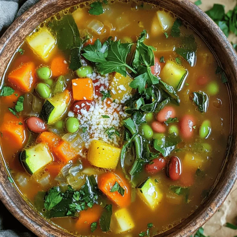 For this veggie packed minestrone soup, you will need: - 1 medium onion, diced - 2 carrots, diced - 2 celery stalks, diced - 1 zucchini, diced - 1 cup green beans, trimmed and cut into 1-inch pieces - 1 cup leafy greens (like spinach or kale), roughly chopped These fresh vegetables bring color and flavor to the soup. Each vegetable adds its unique taste and nutrients, making this dish both healthy and tasty. You will also need these pantry staples: - 1 tablespoon olive oil - 3 cloves garlic, minced - 1 cup diced tomatoes (fresh or canned) - 4 cups vegetable broth - 1 ½ cups canned kidney beans, rinsed and drained - 1 cup pasta (small shapes like ditalini or elbow) - 1 teaspoon dried basil - 1 teaspoon dried oregano - Salt and pepper to taste These ingredients form the base of your soup, giving it depth and warmth. Using vegetable broth keeps it light and full of flavor. To make your soup even better, consider these optional garnishes: - Grated Parmesan cheese for serving - Fresh parsley for garnish You can also play around with the soup. Try adding different vegetables based on what you have. This soup is flexible, and you can adjust it to your taste. Start with fresh veggies. First, gather your ingredients. You will need: - 1 tablespoon olive oil - 1 medium onion, diced - 2 carrots, diced - 2 celery stalks, diced - 3 cloves garlic, minced - 1 zucchini, diced - 1 cup green beans, trimmed and cut into 1-inch pieces Heat the olive oil in a large pot over medium heat. Add the diced onion, carrots, and celery. Cook them for about five minutes. You want them to soften a bit. Then, stir in the minced garlic, zucchini, and green beans. Cook for another three to four minutes, stirring often. Once your veggies are ready, it’s time to build the soup base. Add in: - 1 cup diced tomatoes (fresh or canned) - 4 cups vegetable broth - 1 ½ cups canned kidney beans, rinsed and drained - 1 teaspoon dried basil - 1 teaspoon dried oregano - Salt and pepper to taste Bring this mix to a gentle boil. The heat will bring out the flavors. Then, reduce the heat to a simmer. Now, it’s pasta time! Stir in: - 1 cup pasta (small shapes like ditalini or elbow) - 1 cup leafy greens (like spinach or kale), roughly chopped Cook the pasta according to the package instructions. This usually takes about eight to ten minutes. When the pasta is tender, add the leafy greens. Let them wilt for about two minutes. Finally, taste your soup. Add salt and pepper for extra flavor. Let it simmer for a couple more minutes. Now, your veggie-packed minestrone is ready to serve! To boost the taste of your minestrone soup, start with fresh herbs. Use basil and oregano for a great aroma. You can also add a splash of lemon juice or balsamic vinegar. This adds brightness and depth. I also like to use a good vegetable broth. It makes a big difference. If you want a bit of heat, toss in some crushed red pepper flakes. Just a pinch goes a long way. Cooking pasta right is key for your soup. I recommend adding the pasta to the pot just before serving. This way, it stays firm and does not get mushy. Follow the package instructions for the best results. Cook the pasta until it is al dente, or just firm to the bite. Remember, it will cook a bit more in the soup. If you plan to have leftovers, cook the pasta separately. This keeps it from soaking up all the broth. If you have dietary needs, there are easy swaps. For a gluten-free option, use gluten-free pasta. You can also use quinoa or rice as a base. If you’re avoiding beans, add more veggies instead. Peas or corn work well. For a vegan option, skip the cheese or use a plant-based alternative. This soup is versatile and can fit many diets. You can enjoy this dish your way! {{image_2}} You can boost the protein in your veggie packed minestrone soup. Here are some easy options: - Cooked chicken: Shred or dice cooked chicken and add it in. - Italian sausage: Brown some sausage in the pot before the veggies. - Tofu: Cube firm tofu and add it for a plant-based option. - Chickpeas: Swap kidney beans for chickpeas for a different taste. Adding these proteins makes the soup hearty and filling. It also helps balance the meal. Minestrone soup is perfect for using fresh, seasonal vegetables. Here are some ideas: - Spring: Use peas and asparagus. - Summer: Add corn and bell peppers for sweetness. - Fall: Incorporate squash or pumpkin for warmth. - Winter: Use root vegetables like parsnips or sweet potatoes. These swaps keep the soup fresh and exciting throughout the year. You can explore new flavors with each season. If you need a gluten-free version, many pasta types work well. Here are some great choices: - Rice pasta: It has a nice texture and cooks well. - Quinoa pasta: This adds a nutty flavor and is high in protein. - Zucchini noodles: Use a spiralizer for a low-carb option. These gluten-free options ensure everyone can enjoy the soup. They keep the dish satisfying and healthy for all diets. After enjoying your veggie packed minestrone soup, store leftovers in an airtight container. Let the soup cool to room temperature before sealing. This helps keep it fresh. You can keep it in the fridge for up to four days. Label the container with the date. This way, you won’t forget when you made it! Freezing is a great option if you want to save your soup for later. First, cool the soup completely before freezing. Then, pour it into freezer-safe containers. Leave some space at the top for the soup to expand. You can freeze it for up to three months. When you’re ready to eat it, just thaw it in the fridge overnight. To reheat your minestrone soup, you have a few options. If using the stove, pour it into a pot. Heat it over medium heat, stirring often until hot. You can also use the microwave. Place the soup in a microwave-safe bowl. Cover it loosely and heat in short bursts, stirring in between. Make sure it’s hot all the way through before serving. Enjoy your delicious soup again! If your soup is too thick, add more liquid. You can use vegetable broth or water. Start with a small amount, about half a cup. Stir well and check the texture. If it needs more, add a bit more liquid. Remember, simmering will thicken the soup. So, always adjust before serving. Yes, you can make minestrone soup in a slow cooker. Start by sautéing the onion, carrots, and celery in a pan. Then, add all the ingredients to the slow cooker. Use low heat for 6 to 8 hours or high heat for 3 to 4 hours. Add the leafy greens in the last 15 minutes. This method lets the flavors blend nicely. Minestrone soup will last in the fridge for about 3 to 5 days. Make sure to store it in an airtight container. If you want to keep it longer, consider freezing it. The soup can last for about 2 to 3 months in the freezer. Just remember to thaw it in the fridge before reheating. This blog post covered essential ingredients, step-by-step cooking, and useful tips for minestrone soup. You learned how to prepare fresh veggies, enhance flavor, and store leftovers. You can easily switch up ingredients for dietary needs and seasonal tastes. Remember, making minestrone soup can be fun and flexible. Experiment with flavors and enjoy tasty meals all week long. With these steps, you're ready to create a soup that warms your heart!