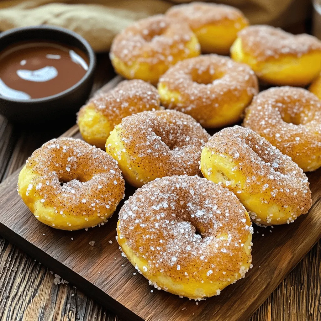 To make Air Fryer Cinnamon Sugar Pretzel Bites, you need a few simple ingredients. Here’s what you will need: - 1 cup warm water (110°F) - 2 ¼ teaspoons active dry yeast - 2 tablespoons granulated sugar - 2 ½ cups all-purpose flour - 1 teaspoon salt - 2/3 cup baking soda (for the boiling solution) - ½ cup unsalted butter, melted - ½ cup granulated sugar (for coating) - 2 teaspoons ground cinnamon - Coarse sea salt (for sprinkling) These ingredients come together to create soft, warm bites that are crispy on the outside. The warm water activates the yeast, which helps the dough rise. The sugar adds sweetness to both the dough and the coating. The baking soda is key for that classic pretzel flavor and texture. When you mix the cinnamon and sugar, you get a delightful topping that makes these pretzel bites irresistible. The coarse sea salt gives a perfect salty contrast to the sweet coating. Each ingredient plays a role, working together for a delicious treat. 1. Mix warm water, yeast, and sugar: Start with 1 cup of warm water at 110°F. In a bowl, add 2 ¼ teaspoons of active dry yeast and 2 tablespoons of sugar. Stir gently and let it sit for about 5 minutes. You want it to be foamy. 2. Knead the dough: Once the yeast is ready, add 2 ½ cups of all-purpose flour and 1 teaspoon of salt. Mix until a dough forms. Knead the dough on a floured surface for about 5 minutes. The dough should feel smooth and elastic. 3. Letting the dough rise: Place the kneaded dough in a lightly oiled bowl. Cover it with a damp towel. Let it rise for about 1 hour or until doubled in size. This helps make the pretzel bites fluffy. 1. Preparing the baking soda solution: In a large pot, bring 8 cups of water to a boil. Stir in 2/3 cup of baking soda. This solution gives pretzels their unique flavor and texture. 2. Forming pretzel bites: Once your dough has risen, divide it into small pieces, about 1-inch balls. Carefully boil each pretzel bite in the baking soda solution for about 30 seconds. After boiling, use a slotted spoon to remove them and place them on a parchment-lined plate. 3. Cooking in the air fryer: Brush each boiled pretzel bite with melted butter. Sprinkle with coarse sea salt. Place them in the air fryer in a single layer. Air fry at 320°F for 8-10 minutes. Flip them halfway for even cooking. They should be golden brown. 1. Preparing cinnamon sugar mixture: While the pretzel bites cook, mix ½ cup of granulated sugar with 2 teaspoons of ground cinnamon in a bowl. This will coat the warm pretzel bites. 2. Coating the pretzel bites: Once the bites are cooked, toss them in the cinnamon sugar mixture. Make sure each one is well coated. This adds a sweet finish to your warm pretzel bites. Now, enjoy your tasty Air Fryer Cinnamon Sugar Pretzel Bites! Kneading the dough well is key. Use a floured surface. Push down with the heel of your hand. Fold the dough over, and repeat. Knead for about five minutes. You want it smooth and elastic. Watch for the dough to rise. It should double in size. This takes about one hour. If it rises, it’s ready to shape into bites. Set your air fryer to 320°F (160°C). This temperature helps the bites cook evenly. Cook for 8 to 10 minutes. Flip them halfway through for even browning. Check for a golden brown color. This shows they are cooked just right. For dips, try melted chocolate or caramel sauce. Both add a sweet touch. You can also use cream cheese frosting for a fun twist. For presentation, serve the bites warm on a wooden board. Add a small bowl for dipping. Dust with extra cinnamon sugar on top. This makes them look even more tempting! {{image_2}} You can have fun by adding different flavors to your pretzel bites. For a cheesy twist, mix in shredded cheese or fresh herbs. Cheddar cheese gives a nice, savory touch. Herbs like rosemary or thyme can add a lovely aroma. If you want something sweet, consider chocolate-covered pretzel bites. After air frying, dip the warm bites in melted chocolate. Let them cool so the chocolate hardens. You’ll get a great mix of sweet and salty. If you need gluten-free options, swap all-purpose flour for a gluten-free blend. Look for a blend with xanthan gum for the best texture. This way, everyone can enjoy your pretzel bites. For a vegan version, you can replace butter with coconut oil or vegan margarine. Use plant-based milk and skip the egg wash. These small changes keep your pretzels tasty and cruelty-free. Store your Air Fryer Cinnamon Sugar Pretzel Bites in a container with a lid. A glass or plastic container works well. Make sure the bites cool before you store them. This helps keep them fresh. Place a paper towel inside the container to absorb moisture. This tip keeps your pretzel bites from getting soggy. For best taste, keep them in the fridge. They stay good for about 3 days. If you want to save them longer, freeze them. Use freezer-safe bags to prevent freezer burn. To enjoy your pretzel bites again, reheating is key. The oven is the best option. Preheat your oven to 350°F. Place the bites on a baking sheet. Heat them for about 5-7 minutes. This keeps them crispy and warm. If you use a microwave, the bites may get soft. If you choose this method, heat them for 10-15 seconds. Check to see if they are warm enough. You can also microwave with a damp paper towel. This helps them stay moist. Can I make the dough ahead of time? Yes, you can make the dough ahead. After kneading, let it rise. Then, cover it and store it in the fridge for up to 24 hours. When ready, let it sit at room temperature for 30 minutes before boiling. How do I know when the pretzel bites are done cooking? Look for a golden brown color. The pretzel bites should be firm and slightly crisp on the outside. If you press one lightly, it should spring back. What can I serve with Air Fryer Cinnamon Sugar Pretzel Bites? These bites are great with dipping sauces! Try melted chocolate, caramel sauce, or even cream cheese frosting. Serve them on a wooden board for a fun snack. What to do if the dough doesn’t rise? If your dough doesn't rise, check the yeast. It should be fresh and active. Try warming the water a bit more. Too cold water can stop yeast growth. Fixing overcooked pretzel bites If your pretzel bites are overcooked, they might be tough. You can brush them with melted butter or dip them in warm sauce. This will help soften them a bit. Can I use instant yeast instead? Yes, you can use instant yeast. Use the same amount, and you can skip the proofing step. Just mix it right in with the dry ingredients. Alternatives for sugar and butter For sugar, you can use coconut sugar or honey. If you need a butter substitute, try coconut oil or vegan butter. These will work well in the recipe. This post covered how to make Air Fryer Cinnamon Sugar Pretzel Bites, from simple ingredients to easy steps. I walked you through preparing the dough, cooking the pretzels, and adding delicious toppings. Remember, practice makes perfect, whether you’re kneading the dough or air frying. Keep these tips in mind to enhance your pretzel game. With a few variations, you can impress your friends and family. Enjoy making these tasty bites and experimenting with flavors!