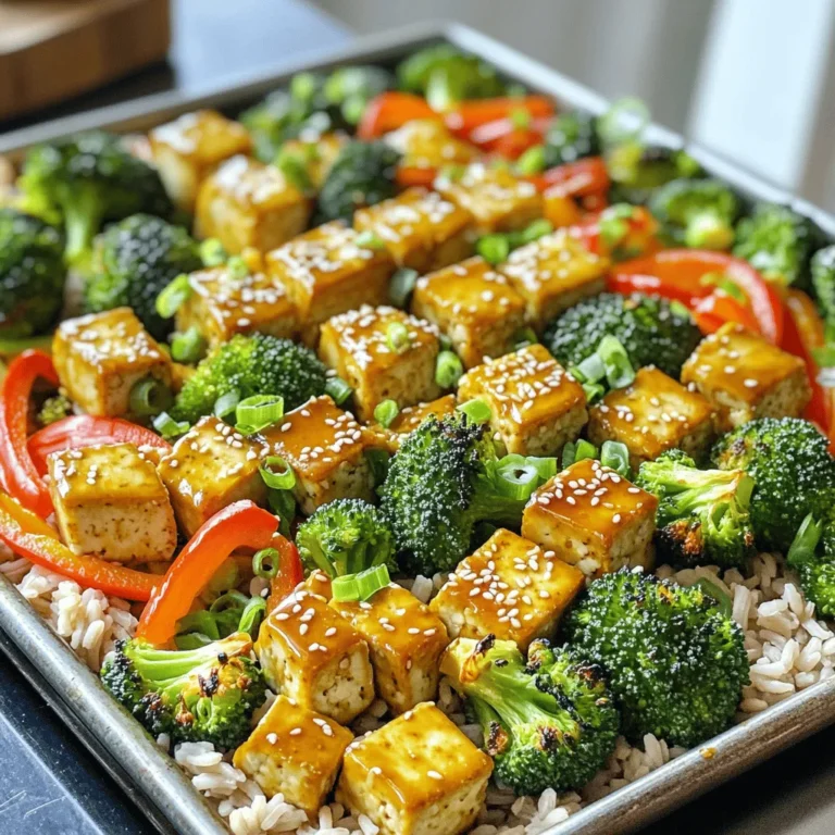 To make your Sheet-Pan Sesame Ginger Tofu Bowls, gather these key ingredients: - 1 block (14 oz) firm tofu, pressed and cubed - 3 tablespoons sesame oil - 2 tablespoons soy sauce - 1 tablespoon fresh ginger, grated - 3 cloves garlic, minced - 1 tablespoon maple syrup - 1 teaspoon rice vinegar - 2 cups broccoli florets - 1 red bell pepper, sliced - 2 carrots, thinly sliced - 1 cup cooked brown rice or quinoa - 2 green onions, chopped - Toasted sesame seeds for garnish Each ingredient brings a unique flavor to the dish. Tofu acts as the protein base. Sesame oil adds a rich, nutty taste. Soy sauce gives it a savory kick. Ginger and garlic add warmth and depth. The veggies provide crunch and color. You can elevate your bowls with these optional garnishes: - Chopped cilantro - Sliced avocado - Lime wedges These add freshness and a burst of flavor. Feel free to mix and match based on what you like! If you need substitutions, here are some ideas: - Use tempeh instead of tofu for a different texture. - Swap soy sauce with tamari for a gluten-free option. - Choose seasonal veggies like zucchini or snap peas for variety. These swaps make the dish your own. Enjoy experimenting with flavors that suit your taste! Start by gathering all your ingredients. You will need: - 1 block (14 oz) firm tofu, pressed and cubed - 3 tablespoons sesame oil - 2 tablespoons soy sauce - 1 tablespoon fresh ginger, grated - 3 cloves garlic, minced - 1 tablespoon maple syrup - 1 teaspoon rice vinegar - 2 cups broccoli florets - 1 red bell pepper, sliced - 2 carrots, thinly sliced - 1 cup cooked brown rice or quinoa - 2 green onions, chopped - Toasted sesame seeds for garnish Wash and chop the vegetables. Press the tofu to remove extra water. This helps it soak up the flavors later. In a medium bowl, whisk together sesame oil, soy sauce, ginger, garlic, maple syrup, and rice vinegar. This mix gives the dish its tasty kick. Toss the cubed tofu in half of this marinade. Spread the tofu on one half of a lined baking sheet. Next, add the broccoli, bell pepper, and carrots to the same bowl. Pour in the rest of the marinade, mixing well. Spread the veggies on the other half of the baking sheet. This way, they all cook together and share flavors. Preheat your oven to 400°F (200°C). Once preheated, place the baking sheet inside. Bake for 25-30 minutes. The tofu should turn golden, and the veggies should be tender. Stir halfway through cooking for even browning. While the tofu and veggies bake, cook your brown rice or quinoa according to the package instructions. This part can be done at the same time as baking. When everything is done, assemble your bowls. Layer the rice or quinoa first, then add the roasted tofu and veggies. Finish with green onions and sesame seeds for a pretty touch. Tofu can be tricky, but I have you covered. Start with firm tofu. Press it well to remove extra water. This step helps it soak up all the marinade. Cut the tofu into cubes, so they cook evenly. When you spread the tofu on the baking sheet, give each piece space. This helps it get crispy. Bake it until it turns golden brown for the best flavor. Choose vegetables that roast well together. I love using broccoli, red bell pepper, and carrots in this dish. They add color and crunch. You can also try zucchini or snap peas. Just make sure to cut them into even sizes. This way, they cook at the same time. Toss all the veggies in the same marinade for a burst of flavor. How you present your food makes a big difference. Use colorful bowls to show off the bright veggies. Start with a layer of brown rice or quinoa at the bottom. Then, add the roasted tofu and veggies on top. For a final touch, sprinkle chopped green onions and toasted sesame seeds. Drizzle a bit of sesame oil over the top for extra flavor. This makes your dish look as good as it tastes! {{image_2}} You can boost the flavor of your Sheet-Pan Sesame Ginger Tofu Bowls with simple tweaks. Try adding a splash of sriracha for heat. A sprinkle of lime juice can brighten the dish. You could also mix in some chopped cilantro or fresh mint for a fresh taste. Adding crushed peanuts or cashews on top gives a nice crunch and adds protein. These small changes can make a big impact on taste. If you want to change up the protein in your bowls, consider using chickpeas or edamame. Both options are great for adding protein and fiber. You can roast them in the oven just like the tofu. If you prefer meat, chicken or shrimp works well too. Simply marinate them in the same sauce as the tofu. They will soak up the flavors nicely. Using seasonal vegetables keeps your bowls fresh and exciting. For spring, try asparagus or snap peas. In summer, zucchini or corn adds a sweet touch. Fall brings butternut squash or Brussels sprouts, which pair well with the sesame flavor. In winter, root veggies like sweet potatoes or beets can add warmth. Feel free to mix and match according to what's available. This way, your dish stays colorful and nutritious all year long. To store leftovers, let the tofu bowls cool down first. Use airtight containers for the best results. You can keep them in the fridge for up to four days. Make sure to separate the rice or quinoa from the veggies and tofu. This helps keep everything fresh. For reheating, use the oven or a skillet. Preheat the oven to 350°F (175°C). Place the tofu and veggies on a baking sheet. Heat for about 10 to 15 minutes. If using a skillet, add a splash of water to avoid sticking. Cook on medium heat until warm. Avoid using a microwave as it can make the tofu soggy. This recipe is perfect for meal prep. You can double the ingredients so you have more servings. Prepare the tofu and veggies ahead of time. Store them in separate containers. When you’re ready to eat, just reheat and serve over fresh rice or quinoa. This saves time and keeps meals exciting throughout the week. Yes, you can easily make this recipe gluten-free. Just use gluten-free soy sauce or tamari instead of regular soy sauce. This swap keeps the flavor while making it safe for gluten-free diets. Tofu is done when it turns golden brown and has a crispy edge. It should feel firm to the touch. You can also taste a piece to check if it has a nice texture. These tofu bowls shine on their own but pair well with simple sides. Try a light cucumber salad or steamed edamame. You can also serve it with a side of kimchi for a spicy kick. Tofu bowls are simple, tasty, and full of nutrition. We explored key ingredients, from fresh vegetables to optional garnishes, and how to personalize your dish. You learned to prep, marinate, and bake your ingredients for great flavor. We offered tips on getting the perfect tofu and ideas for fun variations. Remember to store leftovers properly and try reheating for meals later. These bowls are easy to adapt and enjoy all week. Dive into your kitchen and create your own delicious tofu bowl today!