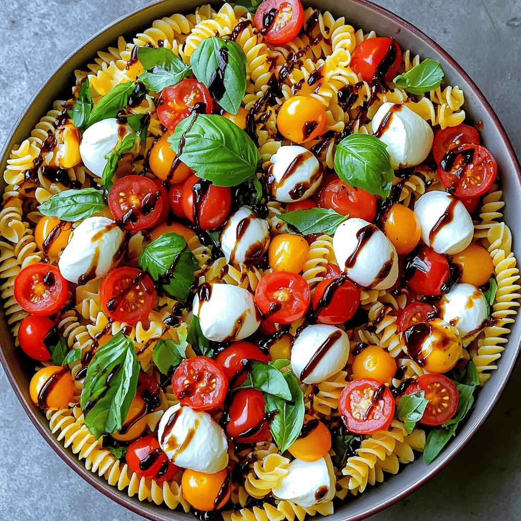 - 8 ounces rotini or fusilli pasta - 1 cup cherry tomatoes, halved - 1 cup fresh mozzarella balls (bocconcini), drained - 1 cup fresh basil leaves, torn - 3 tablespoons extra-virgin olive oil - 1 tablespoon balsamic glaze - 1 teaspoon garlic powder - Salt and pepper to taste To make Caprese Pasta Salad, start with these fresh ingredients. The rotini or fusilli pasta provides a nice twist. You can choose either type, but I love how rotini holds the dressing well. Cherry tomatoes add sweetness and color. Halving them makes them easy to eat. Fresh mozzarella balls bring creamy goodness. I always use bocconcini, as they are bite-sized and perfect for salads. Torn basil leaves add a lovely aroma and fresh taste. They really tie everything together. The dressing is simple but rich. Extra-virgin olive oil gives depth. Balsamic glaze adds a tangy sweetness. Garlic powder enhances flavor without being overpowering. Finally, season with salt and pepper to taste. Adjust these to your liking for the best result. Gather these ingredients, and you're ready to make a vibrant, flavorful dish that everyone will love! To cook rotini or fusilli pasta, start with a large pot. Fill it with water and add a pinch of salt. Bring the water to a rolling boil. Then, add the pasta and stir once. Cook according to the package, usually about 8-10 minutes. You want it al dente, which means firm to the bite. To check, taste a piece a minute or two before the time is up. When done, drain the pasta and rinse it under cold water. This stops cooking and cools it down. In a large mixing bowl, combine the cooled pasta, halved cherry tomatoes, fresh mozzarella balls, and torn basil leaves. I find this part fun! Use a spatula or a large spoon to mix gently. This ensures even distribution of all ingredients. You want every bite to be full of flavor. Don’t rush this step; it makes a big difference. In a separate small bowl, whisk together the olive oil, balsamic glaze, garlic powder, salt, and pepper. Make sure all ingredients blend well. Taste the dressing to ensure it suits your taste. Adjust the seasoning if needed. A little more salt or balsamic glaze can brighten the flavor. Pour the dressing over the pasta salad. Gently toss everything together. This helps the dressing coat the pasta and vegetables evenly. After mixing, let the salad sit for about 10 minutes. This resting time allows the flavors to meld together, making every bite even better! Using fresh ingredients makes a big difference. Fresh tomatoes give sweet bursts of flavor. Choose ripe cherry tomatoes for the best taste. Fresh mozzarella adds a creamy texture. Look for small mozzarella balls called bocconcini. Fresh basil leaves add a nice herbal note. You can tear them for more flavor. For added kick, try mixing in garlic powder or red pepper flakes. Fresh herbs like parsley or oregano can also enhance taste. Consider adding a squeeze of lemon juice for brightness. This will lift the salad and make it even more refreshing. Presentation matters. Serve your Caprese Pasta Salad in a big bowl. Add a few whole basil leaves on top for color. Drizzle extra balsamic glaze over the salad for a gourmet touch. This makes the dish look special and inviting. Pair this salad with grilled chicken or shrimp for a full meal. A crusty baguette works well as a side. You can also serve it with a light soup for a cozy dinner. Enjoy it chilled or at room temperature for the best flavor! {{image_2}} For those with dietary needs, I have great options. You can use gluten-free pasta like brown rice or quinoa pasta. These options work well and taste great. If you're vegan, try using nut-based cheese, like cashew cheese or almond cheese. These substitutes keep the salad creamy and delicious. You can make your Caprese Pasta Salad even more exciting. Adding ripe avocado gives a creamy texture. Diced bell peppers add crunch and color. You can also try different dressings. A lemon vinaigrette adds a zesty twist. A pesto dressing brings rich, herby flavors. Experiment with these ideas to find your favorite mix! To keep your Caprese Pasta Salad fresh, store it in an airtight container. This helps lock in the flavors. If you have a lot, divide it into smaller portions. This makes it easy to grab later. In the fridge, the salad lasts about three days. After that, the ingredients may start to lose their crispness. Always check for any off smells or changes in texture before eating. You can serve Caprese Pasta Salad cold or at room temperature. I prefer it cold because it feels refreshing. If you want to warm it up, do so gently. Heat it on low and stir to avoid cooking the ingredients. To refresh the salad before serving, add a splash of olive oil or balsamic glaze. This brings back the flavors. Toss everything together to ensure it is evenly coated. Enjoy the burst of flavors! Yes, you can make Caprese Pasta Salad ahead of time. I suggest preparing it a few hours before serving. This allows the flavors to blend well. However, if you plan to store it, keep the dressing separate until just before serving. Mixing the dressing too early can make the pasta soggy. If you don't have balsamic glaze, try balsamic vinegar. It will give a nice tangy flavor. Alternatively, you can use red wine vinegar mixed with a little honey or maple syrup for sweetness. This will add a similar taste without the glaze. Caprese Pasta Salad is not gluten-free if you use regular pasta. To make it gluten-free, choose gluten-free pasta made from rice or quinoa. These options work well and keep the salad tasty and light. I recommend using rotini or fusilli pasta. These shapes hold onto the sauce and ingredients nicely. Their twists and turns catch the dressing and flavors perfectly. You can also use penne or farfalle if you prefer. Yes, you can add protein to your Caprese Pasta Salad. Grilled chicken or shrimp works great. You can also try chickpeas or diced tofu for a vegetarian option. Adding protein makes the salad more filling and satisfying. This Caprese Pasta Salad is simple and full of flavor. We covered the key ingredients, how to cook your pasta, and tips for mixing it all together. Choosing fresh ingredients makes a big difference. You can adjust it to fit your tastes, whether you want gluten-free or vegan options. Store leftovers properly to enjoy later. Now, you have everything you need to create a fun and tasty dish that you can share and enjoy. Dive in and make it your own!
