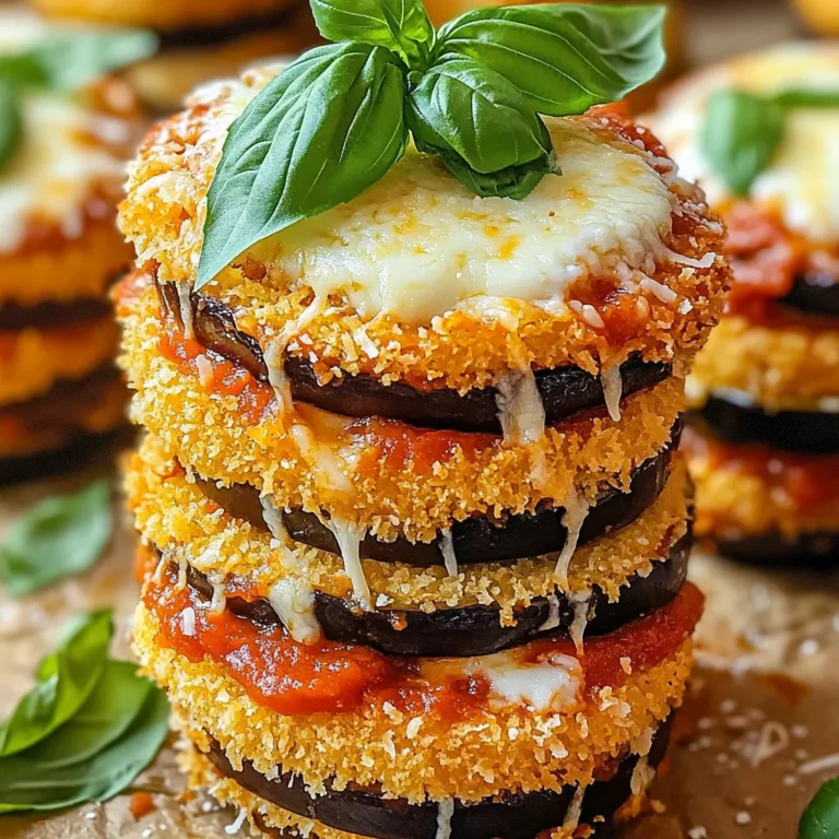 - 2 medium eggplants, sliced into ½-inch rounds - 1 cup panko breadcrumbs - 1 cup grated Parmesan cheese - 1 cup shredded mozzarella cheese - 2 cups marinara sauce - 2 large eggs, beaten - 1 teaspoon Italian seasoning - Salt and pepper to taste - Fresh basil leaves, for garnish To make my Air Fryer Eggplant Parmesan Stacks, I gather all these ingredients first. The eggplants are the star here. I choose medium-sized ones for the best flavor and texture. The panko breadcrumbs give a great crunch that I love. The combination of Parmesan and mozzarella cheese adds richness. Marinara sauce brings a nice acidity to balance everything. The eggs help the breadcrumbs stick, and the Italian seasoning adds a nice herb flavor. Don’t forget salt and pepper to enhance the taste! Fresh basil leaves add the finishing touch. They not only make the dish look pretty but also add a fresh flavor. With all these ingredients ready, I'm set to create a delicious dish that is both crispy and simple to prepare. Start by prepping the eggplant slices. Take your two medium eggplants and slice them into ½-inch rounds. This size helps them cook evenly. Next, sprinkle salt over the slices. Let them sit for about 30 minutes. This draws out excess moisture and reduces bitterness. After that, rinse the slices under cold water. Pat them dry with a paper towel. This step is key for a crispy texture. Now it's time to bread the eggplant. In a shallow bowl, mix together the breadcrumbs, half of the Parmesan cheese, Italian seasoning, salt, and pepper. This mix adds flavor and crunch. In another bowl, beat the two large eggs. Dip each eggplant slice into the egg first. Let any excess egg drip off. Then, coat it in the breadcrumb mixture. Make sure each slice is well covered to get a nice crust. Before frying, preheat your air fryer to 380°F (190°C) for about 5 minutes. This helps cook the eggplant evenly. Lightly spray the air fryer basket with cooking spray. Arrange a single layer of breaded eggplant in the basket. Avoid overlapping to get the best crisp. Air fry the eggplant for about 12-15 minutes. Flip the slices halfway through cooking. They should turn golden brown and crispy. Once all the eggplant rounds are cooked, it’s time to assemble. Place one slice of eggplant on a serving plate. Spoon a bit of marinara sauce on top. Sprinkle with mozzarella and a bit of Parmesan cheese. Then, add another eggplant slice on top. Repeat to create layers. Finish each stack with more marinara sauce and cheese on top. Return the stacks to the air fryer for 5 minutes. This will melt the cheese and create a bubbly topping. Choosing medium eggplants is key for this dish. They have a good balance of size and flavor. Look for firm, shiny skins. The color should be deep purple. Fresh eggplants feel heavy for their size. Avoid any with soft spots or wrinkles. Using panko breadcrumbs gives extra crunch. They are light and airy compared to regular breadcrumbs. For the best crispiness, keep the eggplant slices thin. Make sure they are well-coated. Spray the air fryer basket lightly with cooking spray. This helps prevent sticking and keeps them crispy. Garnish with fresh basil leaves for a pop of color. You can also drizzle more marinara sauce on top. For a twist, try adding a sprinkle of red pepper flakes. Pair these stacks with a simple salad or garlic bread. This makes a great meal and adds variety. {{image_2}} You can easily tweak this recipe to fit your vegetarian needs. - Alternative cheese suggestions: If you want to switch things up, try using goat cheese or ricotta. They add a nice creaminess to the stacks. - Adding veggies to the stacks: Feel free to layer in some fresh spinach or roasted bell peppers. These add color and flavor. If you need a gluten-free option, I’ve got you covered. - Gluten-free breadcrumb options: Use gluten-free panko or almond flour. Both work well and give a nice crunch. - Other binding alternatives for egg: Instead of eggs, try using flaxseed meal mixed with water. This binds the breadcrumbs just like eggs would. Want a kick? Let’s spice things up! - Adding spices to the breadcrumb mixture: Mix in some cayenne or crushed red pepper flakes. This adds great heat to your stacks. - Suggestions for spicy marinara sauces: Look for marinara with jalapeños or chipotle. These will give your dish an exciting twist. After you make your Air Fryer Eggplant Parmesan Stacks, let them cool down. You can keep them in the fridge. Use an airtight container to keep them fresh. Place parchment paper between layers to avoid sticking. They stay good for about three days. To reheat these stacks, the air fryer is best. Set it to 350°F (175°C) for about 5 minutes. This keeps them crispy. If you use a microwave, they may turn soggy. Heat them on a plate for about 1-2 minutes, but expect a softer texture. Yes, you can freeze eggplant stacks! Allow them to cool completely before freezing. Wrap each stack in plastic wrap tightly. Then, put them in a freezer-safe bag. They last up to two months in the freezer. To defrost, place them in the fridge overnight. Reheat in the air fryer for best results. Yes, you can prepare these stacks ahead of time. After cooking, let them cool. Then, store them in the fridge for up to two days. When you're ready to eat, just reheat in the air fryer or oven until warm. If you're looking for a substitute for marshmallow sauce, try using a drizzle of honey or agave syrup. Both options add a sweet touch without the marshmallow. You can also use a simple chocolate sauce for a different flavor. To reduce bitterness, sprinkle salt on the eggplant slices and let them sit for about 30 minutes. The salt draws out moisture, which helps remove the bitter taste. Rinse and pat them dry before cooking. Absolutely! Fresh herbs like basil, oregano, and thyme work well. They give a great flavor to your stacks. Just chop them finely and mix them with the breadcrumbs for a fresh twist. Serve the eggplant stacks hot, right from the air fryer. Place them on a plate with extra marinara sauce on the side. Garnish with fresh basil leaves to add a pop of color and flavor. Enjoy! In this blog post, I shared how to make delicious Air Fryer Eggplant Parmesan Stacks. We covered the necessary ingredients, step-by-step instructions, and useful tips for perfecting your dish. I also discussed fun variations and storage tips for leftovers. Trying this recipe will impress your family and friends. Enjoy your tasty stacks, and don't hesitate to get creative with the ingredients. Happy cooking!