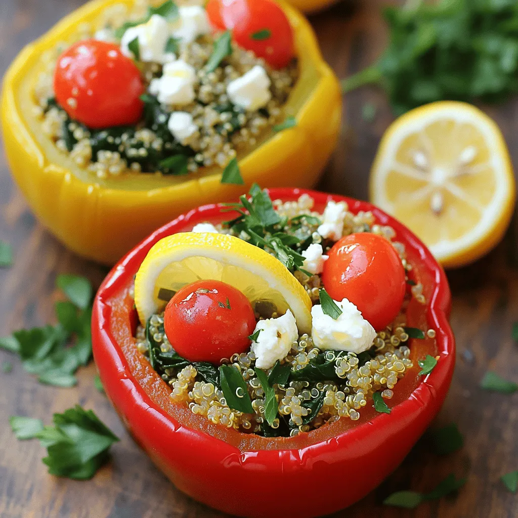 To make Lemon Herb Quinoa Stuffed Peppers, gather these fresh ingredients. They blend well for a tasty dish. - 4 medium bell peppers (any color) - 1 cup quinoa, rinsed - 2 cups vegetable broth - 1 cup cherry tomatoes, halved - 1 cup spinach, chopped - ½ cup red onion, finely chopped - 2 cloves garlic, minced - 1 lemon (zest and juice) - 1 teaspoon dried oregano - 1 teaspoon dried thyme - Salt and pepper to taste - ¼ cup feta cheese (optional, for topping) - Fresh parsley for garnish Each of these ingredients plays a key role. Bell peppers are the perfect vessel for the stuffing. Quinoa serves as a hearty base, while the broth adds flavor. Fresh vegetables like cherry tomatoes and spinach bring bright colors and nutrients. Aromatic herbs and spices lift the dish. You can top with feta cheese for a salty kick and sprinkle parsley for a fresh finish. When you choose your ingredients, go for the best quality. Fresh produce makes a big difference in taste. Enjoy the vibrant flavors of this dish! First, preheat your oven to 375°F (190°C). This step is key for even cooking. Next, take your bell peppers and cut off the tops. Remove the seeds and membranes inside. Place the peppers in a baking dish, cut side up. This way, they will hold the filling nicely. In a medium saucepan, bring 2 cups of vegetable broth to a boil. Once boiling, add 1 cup of rinsed quinoa. Cover the pan and lower the heat. Let it simmer for about 15 minutes. When the time is up, turn off the heat and keep it covered for 5 more minutes. This helps the quinoa fluff up. In a large skillet, heat a drizzle of olive oil over medium heat. Start by adding the finely chopped red onion and minced garlic. Cook them until the onion turns soft, about 3-4 minutes. Next, add the chopped spinach and stir until it wilts. Then, toss in the halved cherry tomatoes. Mix in the cooked quinoa, lemon zest, lemon juice, oregano, thyme, salt, and pepper. Stir everything well for about 2 minutes. This mix is full of flavor! Now, it’s time to fill the peppers. Spoon the quinoa mixture into each bell pepper. Press down gently to pack the filling. If you like, sprinkle feta cheese on top. Cover the baking dish with foil and bake for 25 minutes. After that, remove the foil and bake for another 10 minutes. The peppers should be tender and slightly charred. Once done, let them cool for a few minutes before serving. Enjoy your delicious lemon herb quinoa stuffed peppers! When picking bell peppers, look for ones that feel firm. They should have smooth skin and vibrant colors. A bright color often means more flavor. Avoid peppers with soft spots or wrinkles. These signs show age and less taste. You can change the taste of your stuffed peppers with herbs. Try adding fresh basil or cilantro for a fresh twist. If you want more heat, consider adding a pinch of red pepper flakes. Lemon zest brings brightness, while oregano and thyme add depth. You can cook these stuffed peppers in different ways. The oven gives a nice char. If you use a stovetop, cook them in a skillet with a lid. For slow cooker fans, place the stuffed peppers inside with a bit of broth. Cook on low for 4-6 hours. Each method offers a unique flavor and texture. {{image_2}} You can boost the protein in your stuffed peppers. Adding cooked chicken is a great option. Simply shred or dice the chicken and mix it into the quinoa filling. If you prefer plant-based protein, tofu works well. Press and cube the tofu, then sauté it with the onion and garlic. Beans are another easy protein choice. Black beans or chickpeas add flavor and texture. Just rinse and stir them into your quinoa mix. While quinoa is a star ingredient, you can switch it up with other grains. Brown rice adds a nutty flavor and chewy texture. Cook it just like quinoa, using broth for added taste. Couscous cooks quickly and absorbs flavors well. It gives a light and fluffy filling. Farro is another hearty grain. It has a chewy bite and a rich, earthy taste. Use whatever grain you prefer for a fun twist. Making this dish vegan is simple and tasty. Omit the feta cheese or use a plant-based cheese option. Instead of chicken broth, stick with vegetable broth for cooking. You can also add more veggies, like corn or zucchini, for flavor and color. Use a squeeze of lime instead of lemon for a zesty change. These swaps keep the dish delicious while meeting vegan needs. Store leftover stuffed peppers in an airtight container. Place them in the fridge. They stay fresh for up to three days. Make sure to let them cool before sealing. This helps keep the flavors intact. To reheat in the microwave, place one stuffed pepper on a microwave-safe plate. Cover it with a damp paper towel. Heat for about 1-2 minutes or until hot. For the oven, preheat to 350°F (175°C). Place the peppers in a baking dish. Cover with foil and heat for 15-20 minutes. This keeps the peppers moist and tasty. You can freeze stuffed peppers for longer storage. Wrap each pepper in plastic wrap. Then, place them in a freezer-safe bag. Label the bag with the date. They last up to three months in the freezer. To enjoy, thaw them overnight in the fridge. Reheat as mentioned above. Yes, you can make these stuffed peppers ahead. Prepare them up to the baking step. Store the stuffed peppers in the fridge for up to two days. When ready to eat, bake them as directed. This keeps the flavors fresh and tasty. These stuffed peppers pair well with a simple salad. A green salad with lemon vinaigrette adds a nice touch. You could also serve them with crusty bread or a light soup. For a fun twist, add a side of guacamole or salsa. Yes, stuffed peppers are healthy. They are low in calories and packed with nutrients. The quinoa adds protein and fiber. The veggies add vitamins and minerals, making them a great choice for any meal. Absolutely! You can use any cheese you like. Cheddar, mozzarella, or goat cheese work well. Just remember, cheese adds flavor and creaminess. Adjust the amount to suit your taste. In this article, we covered tasty quinoa stuffed peppers. We explored ingredients, step-by-step instructions, and helpful tips. You can enjoy various filling options and learn how to store leftovers. Stuffed peppers are easy, healthy, and fun to make. Try these recipes with family or friends. You’ll find new favorites with each bite. Embrace the flavors and make them your own! Happy cooking!