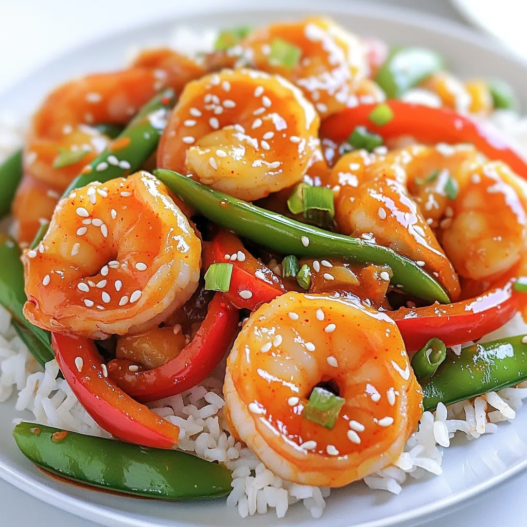 - 1 lb large shrimp, peeled and deveined - 1/2 cup Thai sweet chili sauce - 2 tablespoons soy sauce (low sodium) - 1 tablespoon lime juice - 2 cloves garlic, minced - 1 tablespoon fresh ginger, grated - 1 red bell pepper, sliced - 1 cup snap peas or snow peas - 2 green onions, chopped - 1 tablespoon sesame seeds (for garnish) - Cooked jasmine rice (for serving) Using these ingredients, you can create a dish that tastes better than takeout. Fresh shrimp gives a sweet, tender bite. The Thai sweet chili sauce adds a lovely kick. Low-sodium soy sauce brings a pleasant saltiness. The lime juice adds brightness. Minced garlic and grated ginger give depth to the flavor. Sliced red bell pepper gives crunch. Snap peas or snow peas add a fresh pop. Chopped green onions provide a nice color and bite. For garnishing, sprinkle sesame seeds over the dish. Serve it on a bed of warm jasmine rice. This meal looks stunning and tastes even better. - In a medium bowl, mix the Thai sweet chili sauce, soy sauce, lime juice, sesame oil, minced garlic, and grated ginger. Stir well until combined. - Once mixed, set the sauce aside. This will be the flavor base for our shrimp. - Heat a large skillet or wok on medium-high heat. Add a drizzle of oil to coat the pan. - Add the sliced red bell pepper and snap peas to the skillet. Stir-fry for 2 to 3 minutes until they are tender but still crisp. When done, remove the veggies from the skillet and set them aside. - In the same skillet, add the large shrimp. Cook for about 2 to 3 minutes on each side. The shrimp should turn pink and opaque when they are done. - After the shrimp are cooked, pour the prepared sauce over them. Add the sautéed vegetables back to the skillet. Stir everything to coat it well with the sauce. - Allow the mixture to cook for an additional 2 minutes. This helps heat everything through and melds the flavors. - Remove from heat. Before serving, sprinkle chopped green onions and sesame seeds on top for a nice finish. This adds color and a bit of crunch. Serve your dish over cooked jasmine rice for a complete meal. Using fresh ingredients is key. Fresh shrimp, crisp veggies, and bright herbs make a big difference. They add life and taste to your dish. To perfect the sauce, mix it gently. Blend the sweet chili sauce, soy sauce, lime juice, sesame oil, minced garlic, and grated ginger well. This ensures every bite bursts with flavor. I recommend using a large skillet or wok. A good skillet helps keep the heat even. This way, your shrimp cook nicely without burning. Control the heat carefully. Start with medium-high heat to sear the shrimp quickly. Then, lower it for the veggies. This helps keep them tender-crisp. For serving, arrange the shrimp and veggies over a bed of jasmine rice. This adds a nice touch and makes the dish pop. Garnishing is simple but effective. Sprinkle chopped green onions and sesame seeds on top. They add color and a little crunch, making your dish look great. {{image_2}} You can swap shrimp for other proteins like chicken or tofu. Both options work well and bring unique flavors. Chicken needs longer cooking time, while tofu cooks quickly. For veggies, feel free to mix and match. You might try broccoli, carrots, or bell peppers. Each adds color and crunch. Customize your dish to fit your taste. You can tweak the sauce for your taste. If you want it sweeter, add more Thai sweet chili sauce. For more heat, toss in some red pepper flakes or sriracha. To add extra flavor, think about herbs or spices. Fresh basil or cilantro can brighten the dish. A sprinkle of chili powder adds depth. Adjust the sauce to make it your own! To keep your Thai sweet chili shrimp fresh, use an airtight container. Glass or BPA-free plastic works well. Let the shrimp cool down first. This helps prevent steam buildup, keeping your leftovers tasty. The best way to reheat shrimp is in a skillet. Heat on medium-low to avoid overcooking. You can also use a microwave, but do it in short bursts. Stir often to keep the texture nice. Avoid high heat to keep the shrimp tender. You can freeze both shrimp and sauce. Place them in a freezer-safe bag. Remove as much air as possible to avoid freezer burn. For thawing, place the shrimp in the fridge overnight. This keeps them juicy and flavorful. Yes, you can use frozen shrimp. Just make sure to thaw them before cooking. To thaw, place the shrimp in the fridge overnight. If you're short on time, put the shrimp in a bowl of cold water for about 30 minutes. Change the water every 10 minutes until they are soft. This keeps the shrimp fresh and tasty. This dish pairs well with many sides. Here are some great options: - Cooked jasmine rice - Steamed broccoli - Fried rice - Cucumber salad - Thai spring rolls These sides add color and flavor. They also balance the sweetness of the shrimp. To boost the heat, try these tips: - Add sliced red chili peppers to the skillet. - Mix in chili flakes with the sauce. - Use spicy Thai chili sauce instead of regular sweet sauce. For extra spice, jalapeños or sriracha are great choices. Adjust the amount based on your heat level preference. This dish combines shrimp with key flavors like Thai sweet chili sauce and fresh veggies. You learned simple steps to stir-fry shrimp and vegetables, making a delicious meal. Remember, fresh ingredients boost taste, and you can customize it based on your preference. Store leftovers properly and reheat carefully for a great meal later. Enjoy exploring different flavors and make this dish your own—it’s versatile and tasty!