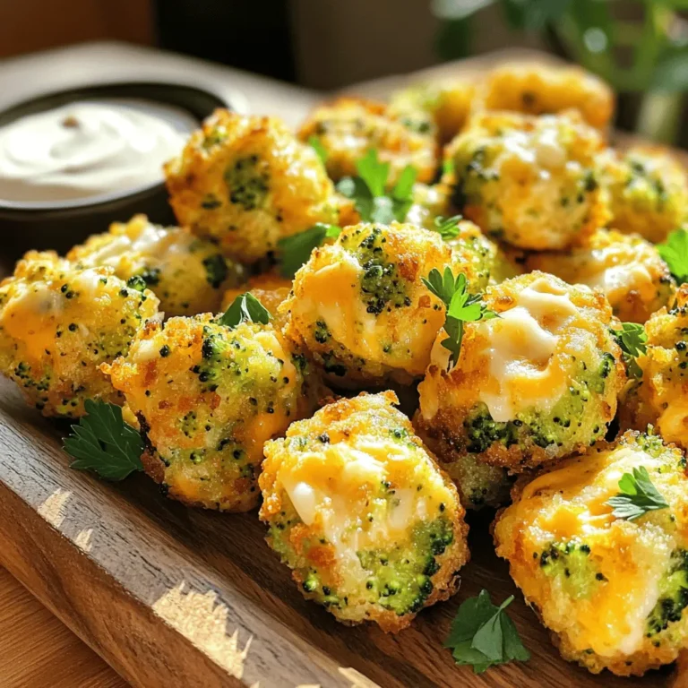 To make Cheddar Broccoli Tots in the air fryer, gather these simple ingredients: - 2 cups broccoli florets, steamed and finely chopped - 1 cup shredded cheddar cheese - 1 cup grated potatoes (about 2 medium-sized) - 1/2 cup breadcrumbs (panko for extra crunch) - 1 large egg, beaten - 1/2 teaspoon garlic powder - 1/2 teaspoon onion powder - Salt and pepper to taste - Olive oil spray Each ingredient plays a key role in creating a tasty and crispy snack. The broccoli provides fiber and nutrients, while the cheese adds a rich flavor. Grated potatoes help bind the mixture and give it a nice texture. I recommend using panko breadcrumbs. They create a crunchier exterior that makes each bite delightful. The egg acts as a binder, holding everything together perfectly. Don’t forget to season with garlic powder, onion powder, salt, and pepper for extra flavor. This combination of ingredients makes your Cheddar Broccoli Tots not only delicious but also fun to eat. Enjoy experimenting with these elements to find your ideal mix! First, you need to steam the broccoli. Use about 2 cups of broccoli florets. Steam them until they are tender. Then, chop them finely. This helps the tots hold together. Next, add the chopped broccoli to a large bowl. Now, mix in 1 cup of shredded cheddar cheese and 1 cup of grated potatoes. Make sure to combine everything well. Now, it's time to enhance the flavor. Add 1/2 cup of breadcrumbs to the mixture. I recommend using panko breadcrumbs for extra crunch. Sprinkle in 1/2 teaspoon of garlic powder and 1/2 teaspoon of onion powder. Add salt and pepper to taste. Finally, pour in 1 beaten egg. This helps bind the mixture together. Stir until all the ingredients mix well. Before cooking, preheat your air fryer to 400°F (200°C). While it heats up, shape the mixture into tots. Use your hands to take small portions and form them into balls the size of golf balls. Then, flatten them slightly. Lightly spray the air fryer basket with olive oil to prevent sticking. Place the tots in a single layer, leaving space between each. Air fry the tots for 10 to 12 minutes. Shake the basket halfway through to ensure even cooking. They should turn golden brown and crispy. Once done, let them cool for a few minutes before serving. Getting the right texture for your tots is key. The balance of ingredients matters. Use two cups of steamed broccoli, one cup of shredded cheddar cheese, and one cup of grated potatoes. This mix gives a great base. If you want more crunch, use panko breadcrumbs. They are light and crispy. You can also add more breadcrumbs if you like. This helps hold everything together and gives that perfect bite. To cook the tots evenly, use the shaking the basket technique. Halfway through cooking, shake the basket. This helps all sides crisp up well. If your air fryer has different settings, watch the time. Some models cook faster than others. Start with 10 minutes and check for golden brown color. Adjust as needed. Each air fryer is unique, so trust your eyes and nose. Enjoy those crispy bites of goodness! {{image_2}} You can switch up your cheddar broccoli tots by using different cheeses. Try mozzarella for a gooey texture or pepper jack for a spicy kick. Each cheese will give the tots a unique flavor. You can also substitute vegetables in the recipe. Cauliflower works great if you want a milder taste. Just steam and chop it like you do with broccoli. You can mix and match to find your favorite combo. Want to add more flavor to your tots? Consider adding spices like chili powder or paprika. Just a pinch can bring warmth and depth to your snack. Adding fresh herbs is another way to boost flavor. Try parsley or chives for a bright and fresh taste. Mix them in with the other ingredients for that extra pop. To keep your Cheddar Broccoli Tots fresh, store them in the fridge. Place them in an airtight container. This will help maintain their flavor and texture. Make sure to cool them to room temperature before sealing. They will stay good for about three days. For longer storage, you can freeze them. Use a freezer-safe bag or container and label it. This way, you can enjoy them later! The best way to reheat your tots is in the air fryer. Preheat your air fryer to 350°F (175°C). Place the tots in the basket in a single layer. Heat them for about 5-7 minutes. This will bring back their crispiness. If you want to check, shake the basket halfway through. For extra crispiness, you can lightly spray them with olive oil before reheating. Enjoy your snack just like it was fresh! Yes, you can make these tots ahead of time. You can store uncooked tots in the fridge for up to 24 hours. This lets the flavors blend. To do this, form the tots and place them on a tray. Cover them with plastic wrap. If you want to store cooked tots, let them cool first. Then, put them in a sealed container. They last for 3 to 4 days in the fridge. The right sauce makes these tots even better! Here are some popular options: - Ranch dressing - Spicy mustard - Ketchup - Honey mustard - Garlic aioli Feel free to mix and match these sauces to find your favorite! To get crispy tots, follow these tips: - Use panko breadcrumbs. They add extra crunch. - Make sure the tots are not too big. Smaller sizes cook better. - Preheat the air fryer to 400°F (200°C) before adding the tots. - Space the tots in the basket. This helps them cook evenly. - Shake the basket halfway through cooking. This ensures all sides get crispy. With these tips, you’ll have perfect, crispy cheddar broccoli tots every time! You learned how to make delicious broccoli tots from scratch. We covered the ingredients you need, like cheese and breadcrumbs. I shared step-by-step instructions for preparing and cooking the tots in an air fryer. You now have tips for the perfect texture, cooking techniques, and even tasty variations. Remember to store leftovers properly and know how to reheat them for the best taste. Enjoy your new snack idea, and feel free to get creative with flavors!