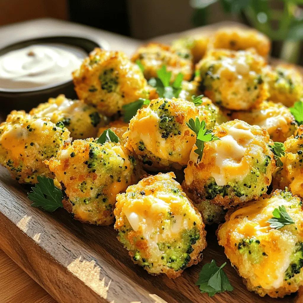 To make Cheddar Broccoli Tots in the air fryer, gather these simple ingredients: - 2 cups broccoli florets, steamed and finely chopped - 1 cup shredded cheddar cheese - 1 cup grated potatoes (about 2 medium-sized) - 1/2 cup breadcrumbs (panko for extra crunch) - 1 large egg, beaten - 1/2 teaspoon garlic powder - 1/2 teaspoon onion powder - Salt and pepper to taste - Olive oil spray Each ingredient plays a key role in creating a tasty and crispy snack. The broccoli provides fiber and nutrients, while the cheese adds a rich flavor. Grated potatoes help bind the mixture and give it a nice texture. I recommend using panko breadcrumbs. They create a crunchier exterior that makes each bite delightful. The egg acts as a binder, holding everything together perfectly. Don’t forget to season with garlic powder, onion powder, salt, and pepper for extra flavor. This combination of ingredients makes your Cheddar Broccoli Tots not only delicious but also fun to eat. Enjoy experimenting with these elements to find your ideal mix! First, you need to steam the broccoli. Use about 2 cups of broccoli florets. Steam them until they are tender. Then, chop them finely. This helps the tots hold together. Next, add the chopped broccoli to a large bowl. Now, mix in 1 cup of shredded cheddar cheese and 1 cup of grated potatoes. Make sure to combine everything well. Now, it's time to enhance the flavor. Add 1/2 cup of breadcrumbs to the mixture. I recommend using panko breadcrumbs for extra crunch. Sprinkle in 1/2 teaspoon of garlic powder and 1/2 teaspoon of onion powder. Add salt and pepper to taste. Finally, pour in 1 beaten egg. This helps bind the mixture together. Stir until all the ingredients mix well. Before cooking, preheat your air fryer to 400°F (200°C). While it heats up, shape the mixture into tots. Use your hands to take small portions and form them into balls the size of golf balls. Then, flatten them slightly. Lightly spray the air fryer basket with olive oil to prevent sticking. Place the tots in a single layer, leaving space between each. Air fry the tots for 10 to 12 minutes. Shake the basket halfway through to ensure even cooking. They should turn golden brown and crispy. Once done, let them cool for a few minutes before serving. Getting the right texture for your tots is key. The balance of ingredients matters. Use two cups of steamed broccoli, one cup of shredded cheddar cheese, and one cup of grated potatoes. This mix gives a great base. If you want more crunch, use panko breadcrumbs. They are light and crispy. You can also add more breadcrumbs if you like. This helps hold everything together and gives that perfect bite. To cook the tots evenly, use the shaking the basket technique. Halfway through cooking, shake the basket. This helps all sides crisp up well. If your air fryer has different settings, watch the time. Some models cook faster than others. Start with 10 minutes and check for golden brown color. Adjust as needed. Each air fryer is unique, so trust your eyes and nose. Enjoy those crispy bites of goodness! {{image_2}} You can switch up your cheddar broccoli tots by using different cheeses. Try mozzarella for a gooey texture or pepper jack for a spicy kick. Each cheese will give the tots a unique flavor. You can also substitute vegetables in the recipe. Cauliflower works great if you want a milder taste. Just steam and chop it like you do with broccoli. You can mix and match to find your favorite combo. Want to add more flavor to your tots? Consider adding spices like chili powder or paprika. Just a pinch can bring warmth and depth to your snack. Adding fresh herbs is another way to boost flavor. Try parsley or chives for a bright and fresh taste. Mix them in with the other ingredients for that extra pop. To keep your Cheddar Broccoli Tots fresh, store them in the fridge. Place them in an airtight container. This will help maintain their flavor and texture. Make sure to cool them to room temperature before sealing. They will stay good for about three days. For longer storage, you can freeze them. Use a freezer-safe bag or container and label it. This way, you can enjoy them later! The best way to reheat your tots is in the air fryer. Preheat your air fryer to 350°F (175°C). Place the tots in the basket in a single layer. Heat them for about 5-7 minutes. This will bring back their crispiness. If you want to check, shake the basket halfway through. For extra crispiness, you can lightly spray them with olive oil before reheating. Enjoy your snack just like it was fresh! Yes, you can make these tots ahead of time. You can store uncooked tots in the fridge for up to 24 hours. This lets the flavors blend. To do this, form the tots and place them on a tray. Cover them with plastic wrap. If you want to store cooked tots, let them cool first. Then, put them in a sealed container. They last for 3 to 4 days in the fridge. The right sauce makes these tots even better! Here are some popular options: - Ranch dressing - Spicy mustard - Ketchup - Honey mustard - Garlic aioli Feel free to mix and match these sauces to find your favorite! To get crispy tots, follow these tips: - Use panko breadcrumbs. They add extra crunch. - Make sure the tots are not too big. Smaller sizes cook better. - Preheat the air fryer to 400°F (200°C) before adding the tots. - Space the tots in the basket. This helps them cook evenly. - Shake the basket halfway through cooking. This ensures all sides get crispy. With these tips, you’ll have perfect, crispy cheddar broccoli tots every time! You learned how to make delicious broccoli tots from scratch. We covered the ingredients you need, like cheese and breadcrumbs. I shared step-by-step instructions for preparing and cooking the tots in an air fryer. You now have tips for the perfect texture, cooking techniques, and even tasty variations. Remember to store leftovers properly and know how to reheat them for the best taste. Enjoy your new snack idea, and feel free to get creative with flavors!