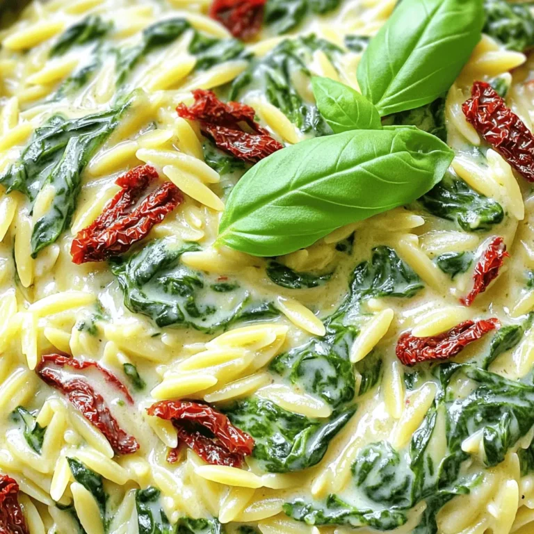 Here's what you need for the creamy spinach sun-dried tomato orzo. Gather these ingredients before you start: - 1 cup orzo pasta - 2 cups vegetable broth - 1 cup fresh spinach, chopped - 1/2 cup sun-dried tomatoes, chopped (in oil for added flavor) - 1/2 cup heavy cream or coconut cream (for a dairy-free choice) - 1/2 cup grated Parmesan cheese (or nutritional yeast for a vegan option) - 2 cloves garlic, minced - 1 small onion, finely chopped - 1 tablespoon olive oil - Salt and pepper to taste - Fresh basil leaves for garnish Each ingredient plays a key role in this dish. The orzo creates a hearty base. The vegetable broth enhances the flavor. Fresh spinach adds color and nutrients. Sun-dried tomatoes bring a sweet, tangy punch. Heavy cream or coconut cream gives the dish its creamy texture. Parmesan cheese or nutritional yeast adds a savory depth. Garlic and onion provide aromatic notes. Olive oil helps everything cook smoothly. Finally, salt and pepper season the dish just right. Don't forget the fresh basil leaves for a lovely finish! - Heat olive oil in the skillet. - Sauté onion until translucent. - Add garlic and cook until fragrant. Begin by heating olive oil in a large skillet over medium heat. I use about one tablespoon. This oil gives a nice base for flavor. Next, add the finely chopped onion. Cook it until it turns translucent, which takes about three to four minutes. This step adds sweetness to the dish. Once the onion looks good, stir in two minced garlic cloves. Let it cook for about one minute. The smell will be amazing! - Toast orzo in the skillet. - Add vegetable broth and simmer. - Stir in sun-dried tomatoes and spinach. Now, add one cup of orzo pasta to the skillet. Stir it well to coat it in the oil. Toast the orzo for about two minutes while stirring often. This step brings out a nutty flavor. Next, pour in two cups of vegetable broth. Bring it to a boil. Once it's boiling, reduce the heat to low and cover the pan. Let it simmer for about ten to twelve minutes. The orzo should absorb most of the liquid and become al dente. After that, mix in half a cup of chopped sun-dried tomatoes and one cup of chopped fresh spinach. Stir until everything is combined and the spinach wilts down. - Incorporate cream and cheese. - Season and let flavors meld. - Serve with basil garnish. Now, reduce the heat to low again and stir in half a cup of heavy cream or coconut cream. Add half a cup of grated Parmesan cheese for richness. Mix until it becomes creamy and smooth. Taste the dish and season with salt and pepper as needed. Remove it from the heat and let it sit covered for a few minutes. This resting time helps the flavors meld together beautifully. Serve the dish warm, garnished with fresh basil leaves. Enjoy your creamy spinach sun-dried tomato orzo! To get the right creaminess in your orzo, use heavy cream or coconut cream. Both work well, but the coconut cream is great for a dairy-free option. Stir in the cream slowly for a smooth texture. Toasting the orzo adds depth to the flavor. When you add it to the oil, stir it for two minutes. This simple step makes a huge difference. For seasoning, salt and pepper are key. Add them in stages. Taste as you go along. You can also sprinkle in some fresh herbs for extra flavor. Do not overcook the orzo. Keep an eye on it while it simmers. You want it al dente, not mushy. Be careful with your ingredient swaps. If you use sun-dried tomatoes packed in oil, it adds flavor. Using the dried version may not give you the same taste. Resting time is important. Let the dish sit for a few minutes after cooking. This helps all the flavors mix well together. {{image_2}} Adding protein to your creamy spinach sun-dried tomato orzo can make it heartier. Here are some great options to consider: - Grilled chicken or shrimp: Both add a nice touch. They pair well with the creamy sauce and add flavor. - Chickpeas for a vegetarian option: Chickpeas boost protein while keeping the dish plant-based. They also add a nice texture. - Tofu for a vegan alternative: Tofu is a great way to add protein. It soaks up flavors and adds creaminess. Now, let’s enhance the flavor even more! - Adding lemon juice or zest: A splash of lemon brightens the dish. It adds a fresh taste that balances the creaminess. - Incorporating different herbs: Try basil, thyme, or oregano. They add depth and a lovely aroma. - Using roasted garlic: Roasted garlic gives a sweet and rich flavor. It’s a great twist on the standard garlic taste. Feel free to mix and match these options. They will help you create a dish that suits your taste perfectly! To store your creamy spinach sun-dried tomato orzo, place it in an airtight container. This will keep the flavors fresh and prevent drying out. It's best to store it in the fridge if you plan to eat it within three days. When you want to reheat, use a skillet over low heat. Add a splash of vegetable broth or cream to help keep it creamy. Stir gently to warm it through without burning. You can freeze this dish for longer storage. To do this, let it cool completely before transferring it to a freezer-safe container. Seal it tightly to avoid freezer burn. The orzo will last about three months in the freezer. When you're ready to eat, move it to the fridge to thaw overnight. Reheat in a skillet with a bit of broth or cream for the best texture. Can I use whole wheat orzo instead? Yes, you can use whole wheat orzo. It adds fiber and a nutty flavor. Just watch the cooking time, as it may take longer to cook. Is the dish gluten-free? No, this dish is not gluten-free. Orzo is made from wheat. For a gluten-free option, use rice or quinoa. What can I substitute for sun-dried tomatoes? You can use fresh tomatoes or roasted red peppers. They add a nice flavor and keep the dish fresh. How to make it spicier? Add red pepper flakes or cayenne pepper. Start with a small amount and adjust to your taste. Can I make this dish ahead of time? Yes, you can. Cook it and let it cool. Store it in the fridge for up to three days. Reheat it on the stove with a splash of broth. Best serving suggestions with orzo? Serve it with a side salad or garlic bread. A sprinkle of extra cheese on top is always a hit! In this blog post, we explored a tasty orzo dish made with fresh ingredients. You learned about each ingredient, from orzo pasta to sun-dried tomatoes. We also discussed how to prepare and cook the dish step by step. Tips helped you avoid common mistakes and perfect your recipe. Remember, you can add proteins or change flavors to fit your taste. Store leftovers properly to enjoy later. This dish is versatile and easy to make, perfect for any meal. Enjoy creating and sharing it with family and friends!