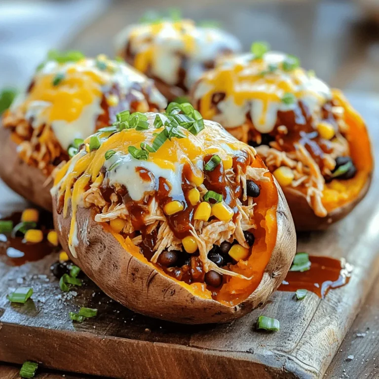 - 4 medium sweet potatoes - 2 cups cooked chicken, shredded - 1/2 cup BBQ sauce - 1/4 cup ranch dressing - 1 cup corn (canned or frozen) - 1/2 cup black beans, rinsed and drained - 1 cup shredded cheddar cheese - 1/4 cup chopped green onions - Salt and pepper to taste - Fresh cilantro for garnish (optional) This recipe uses sweet potatoes as the base. They are sweet, soft, and healthy. Cooked chicken gives protein and flavor. BBQ sauce adds a tangy kick. Ranch dressing brings creaminess and zest. Corn adds texture and sweetness, while black beans boost fiber. Shredded cheddar cheese melts beautifully on top. Green onions finish the dish with crunch. Salt and pepper enhance all the flavors. Finally, cilantro is optional, but it adds a fresh touch. - Alternatives for BBQ sauce: You can use homemade BBQ sauce or a spicy sauce if you want heat. - Options for ranch dressing: Try Greek yogurt or a vegan ranch for a healthier option. - Substitutes for chicken and beans: You could use shredded turkey, tofu, or chickpeas for a different protein. To start, wash your sweet potatoes well. Use cold water and scrub them gently. This step removes dirt and helps keep the skin clean. After washing, poke several holes in each sweet potato with a fork. This allows steam to escape while they bake. Next, preheat your oven to 400°F (200°C). Place the sweet potatoes on a baking sheet. Bake them for 45-60 minutes. You want them tender but not mushy. Check for doneness by inserting a fork; it should slide in easily. While the sweet potatoes bake, it's time to make the filling. In a large bowl, combine the shredded chicken, BBQ sauce, ranch dressing, corn, black beans, salt, and pepper. Use a spatula to mix everything together. Make sure each piece of chicken gets coated in the sauce. To ensure even mixing, start with the liquid ingredients first. This helps them blend better with the chicken and veggies. You want a uniform mixture that is both tasty and colorful. Once the sweet potatoes are cooked, let them cool for a bit. Cut each sweet potato in half lengthwise. Use a fork to fluff the insides gently. This creates space for the filling. Spoon the BBQ ranch chicken mixture into each sweet potato half. Pack it in if necessary to fit all the filling. Now, top each stuffed sweet potato with shredded cheddar cheese. Return the filled sweet potatoes to the oven for another 10-15 minutes. This step melts the cheese and warms the filling. For perfectly melted cheese, keep an eye on them. Remove when the cheese is bubbly and golden. After baking, sprinkle chopped green onions on top. This adds flavor and a nice crunch. You can also add fresh cilantro for extra brightness. Enjoy your delicious BBQ ranch chicken stuffed sweet potatoes! - Bake sweet potatoes at 400°F (200°C) for best results. - Wash them well to remove dirt. - Poke holes with a fork to let steam escape. - Bake for 45-60 minutes until soft. - To ensure the filling is flavorful, mix chicken with BBQ sauce and ranch. - Add salt and pepper to your taste for extra flavor. - Garnish your stuffed sweet potatoes with chopped green onions. - Use fresh cilantro for a pop of color. - Drizzle extra BBQ sauce on top for a vibrant look. - Serve on a rustic wooden board for a warm, inviting feel. - Scoop out some sweet potato flesh to create a bowl effect. - If sweet potatoes are overcooked, they may be too mushy. - To fix this, use less cooking time next time. - If your filling is dry, add more BBQ sauce or ranch. - If it tastes bland, adjust seasonings and add more salt or pepper. - Mixing in some cheese can also add moisture and flavor. {{image_2}} To make this dish gluten-free, use gluten-free BBQ sauce and ranch dressing. Many brands offer great options that taste just as good. Check labels for gluten-free certification. For those who prefer vegetarian or vegan meals, swap out the chicken for chickpeas or lentils. Use a plant-based ranch dressing and BBQ sauce. This will keep the flavors bold and satisfying. You can easily change the flavor of this dish. Add spices like cumin, paprika, or chili powder for a kick. You can also mix in diced jalapeños for extra heat. Try different BBQ sauces for varied tastes. A sweet sauce works well with the sweet potatoes. A smoky sauce adds depth. Likewise, ranch dressing comes in many flavors, so explore garlic or spicy versions. These stuffed sweet potatoes pair nicely with a side salad or grilled veggies. Consider serving them with a tangy coleslaw for crunch. If you want to make this a meal prep option, prepare the filling ahead of time. Store it in the fridge. Then, when you are ready to eat, just bake the sweet potatoes and stuff them. This makes a quick, healthy meal any day of the week. To store leftovers of BBQ ranch chicken stuffed sweet potatoes, let them cool first. Then, wrap each stuffed sweet potato in plastic wrap or foil. You can also use an airtight container for better storage. This helps keep them fresh. Store them in the fridge for up to four days. - Use airtight containers or plastic wrap. - Keep in the fridge for up to four days. When reheating, I recommend using the oven. This method helps keep the sweet potatoes soft and the filling warm. Preheat your oven to 350°F (175°C). Place the stuffed sweet potatoes on a baking sheet and cover them with foil. Heat for about 20-25 minutes. Check that the cheese is melted and the inside is hot. - Use the oven for best results. - Heat at 350°F for 20-25 minutes. You can freeze stuffed sweet potatoes if you want to save some for later. Wrap each sweet potato tightly in plastic wrap and then in foil. This helps prevent freezer burn. They can stay good for up to three months in the freezer. When ready to eat, thaw them overnight in the fridge. Then, reheat in the oven as mentioned above. - Wrap tightly in plastic wrap and foil. - Freeze for up to three months. - Thaw in the fridge before reheating. What can I use instead of sweet potatoes? You can use regular potatoes. They will give a different taste but work well. You might also try butternut squash for a sweet flavor. Other options include acorn squash or even zucchini for a lighter meal. Can I make this recipe ahead of time? Yes, you can prepare the filling in advance. Store it in the fridge for up to two days. You can also bake the sweet potatoes ahead. Just reheat them before adding the filling. Caloric content and macronutrients Each serving has about 450-500 calories. It contains roughly 30 grams of protein, 50 grams of carbs, and 15 grams of fat. This makes it a filling meal that can fuel your day. Health benefits of the ingredients Sweet potatoes are high in fiber, vitamins, and minerals. They can help boost your immune system. Chicken provides lean protein, which is good for muscle health. Black beans add more fiber and protein, while corn adds essential nutrients. How to adjust cooking times for larger or smaller sweet potatoes If your sweet potatoes are larger, increase the baking time by 10-15 minutes. For smaller ones, check them at around 30-40 minutes. You want them soft all the way through. What to do if the filling is not heated through If the filling is cold, return the stuffed sweet potatoes to the oven. Bake them at 350°F for about 10 minutes. This will ensure the filling gets warm without overcooking the sweet potato. This blog post covers how to make delicious stuffed sweet potatoes. We explored key ingredients and their roles in the dish. Ingredient substitutions provide options if you lack certain items. The step-by-step guide ensures easy prep and assembly for perfect results. Helpful tips enhance flavor and presentation, while variations cater to different diets. Finally, proper storage and reheating keep leftovers tasty. Embrace these ideas to create a meal that delights your taste buds and fits your needs. Enjoy your cooking adventure!