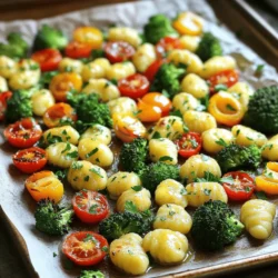 - Gnocchi You need 1 pound of potato gnocchi. This soft pasta adds a nice texture. - Vegetables Use 2 cups of broccoli florets, 1 cup of halved cherry tomatoes, and 1 cup of sliced bell peppers. Feel free to mix colors for a vibrant look. - Garlic Butter Mixture Combine 4 tablespoons of melted unsalted butter with 4 cloves of minced garlic. This mixture adds rich flavor. - Seasonings Add 1 teaspoon of dried oregano, 1 teaspoon of salt, and ½ teaspoon of black pepper. These spices enhance the taste. - Garnish Fresh parsley, chopped, is great for garnish. It adds a pop of color and freshness. Each ingredient plays a key role in making this dish a hit. The gnocchi absorbs the garlic butter flavor well. The veggies offer crunch and color. Together, they create a tasty and hearty meal. Start by preheating your oven to 400°F (200°C). This step is key for crisping the gnocchi and veggies. A hot oven ensures even cooking and a nice golden finish. Next, gather your ingredients. In a big mixing bowl, combine 1 pound of potato gnocchi, 2 cups of broccoli florets, 1 cup of halved cherry tomatoes, and 1 cup of sliced bell peppers. Using fresh vegetables adds color and taste. Make sure to mix them well so they combine nicely. In a small bowl, mix 4 tablespoons of melted unsalted butter, 4 minced garlic cloves, 1 teaspoon of dried oregano, 1 teaspoon of salt, and ½ teaspoon of black pepper. Whisk these together until you see a smooth blend. This garlic butter sauce will bring all the flavors together. Pour the garlic butter mixture over the gnocchi and veggies. Gently toss to make sure each piece is coated. Spread everything in a single layer on a parchment-lined baking sheet. Bake it in your preheated oven for 20 to 25 minutes. Remember to stir halfway through for even cooking. The veggies should be tender, and the gnocchi should turn a light golden color. Once out of the oven, let it cool for a few minutes. Serve it hot, and don’t forget to garnish with freshly chopped parsley. This adds a burst of color and freshness to your dish. Enjoy your savory garlic butter gnocchi and veggies! To get golden gnocchi, start with dry potato gnocchi. Fresh gnocchi can be too soft. When mixing the gnocchi with the veggies, make sure they are well-coated with the garlic butter. This helps them crisp up. Spread them out on the baking sheet in a single layer. Crowding them will cause steaming, not browning. Halfway through baking, give them a stir. This ensures even browning and flavor. For this dish, I love using broccoli, cherry tomatoes, and bell peppers. Broccoli adds a nice crunch, while cherry tomatoes give a burst of sweetness. Bell peppers bring a vibrant color and a sweet taste. You can mix and match veggies based on what you like. Just keep in mind that denser veggies, like carrots, take longer to cook. Softer veggies, like zucchini, will cook faster. Timing is key for even cooking. Set your oven to 400°F (200°C) and bake for 20-25 minutes. Stir the pan halfway through. This helps everything cook evenly. You want the veggies tender and the gnocchi golden, but not mushy. If you notice some parts browning too fast, rotate the pan or stir a bit more. This step ensures every bite is delicious. {{image_2}} You can swap out veggies based on your taste. Try zucchini, asparagus, or carrots. Cauliflower also works well. Each veggie adds its own flavor. You can mix and match to find your favorite combo. Just remember to cut them into similar sizes for even cooking. If you want a vegan version, use olive oil instead of butter. You can also use vegan butter. For the garlic butter flavor, add a squeeze of lemon juice. Nutritional yeast can give a cheesy taste too. These swaps keep the dish rich and tasty. Herbs and spices can elevate your dish. Fresh basil or thyme adds a nice touch. A pinch of red pepper flakes gives heat. You can also sprinkle paprika for smokiness. Experimenting with flavors can make the dish truly yours. To keep your sheet-pan garlic butter gnocchi and veggies fresh, store them in an airtight container. Let the dish cool completely before sealing it. This will prevent moisture buildup. Place the container in the fridge and use it within three days. If you want to keep it longer, freezing is a great option. When you're ready to enjoy leftovers, reheat them in the oven for the best results. Preheat your oven to 350°F (175°C). Spread the gnocchi and veggies on a baking sheet. Cover with foil to keep them moist. Heat for about 15-20 minutes, or until warmed through. You can also use a microwave, but the oven keeps the gnocchi crispy. To freeze your dish, portion it into smaller containers. Make sure to label each container with the date. When you're ready to eat, take a container from the freezer and let it thaw overnight in the fridge. You can then reheat it in the oven or microwave. This method helps maintain the texture and flavor of the dish. Yes, you can use frozen gnocchi. There is no need to thaw it first. Just toss the frozen gnocchi with the veggies and garlic butter mixture. Frozen gnocchi cooks well in the oven. It will turn out soft and tasty, just like fresh gnocchi. You can add many veggies! Try zucchini, asparagus, or carrots. Cauliflower and green beans also work great. Mix and match your favorites for color and flavor. Each vegetable brings a unique taste and texture to the dish. This keeps your meal fun and fresh. To make it gluten-free, choose gluten-free gnocchi. Many brands offer great options made from rice or potatoes. Check the packaging to ensure it meets your needs. The rest of the recipe is already gluten-free, making it easy to adapt. You can serve this dish with a salad or garlic bread. A simple green salad pairs well. You might also enjoy a side of roasted chicken or fish. This adds protein and makes the meal more filling. Consider a glass of white wine or sparkling water to drink. These options elevate your dining experience. This blog post covered a simple and tasty garlic butter gnocchi dish. We looked at key ingredients like gnocchi, veggies, and seasonings. You learned step-by-step how to prepare and bake. I shared tips for golden gnocchi and tasty vegetable choices. We explored variations and storage tips as well. In the end, this dish is easy to make and fun to customize. Enjoy making it your own!