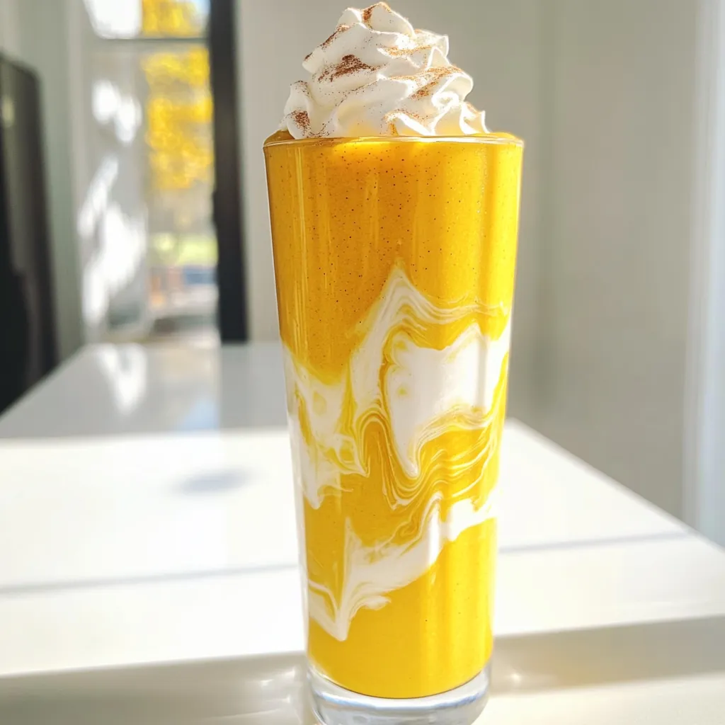 To make this tasty pumpkin spice latte smoothie, you will need: - 1 cup unsweetened almond milk (or milk of choice) - 1/2 cup canned pumpkin puree - 1 banana, frozen - 1 tablespoon nut butter (peanut or almond) - 1 teaspoon pumpkin pie spice - 1 tablespoon maple syrup (adjust for sweetness) - 1 teaspoon vanilla extract - 1/2 cup ice cubes - Whipped coconut cream (for topping, optional) - A sprinkle of cinnamon (for garnish) Each ingredient brings its own special flavor. The almond milk adds creaminess. The pumpkin puree gives a rich taste. The frozen banana makes the smoothie smooth and cold. Nut butter adds protein, while the maple syrup sweetens it just right. You can easily swap some ingredients if you need to. If you can't find almond milk, any milk works well. You can use any nut or seed butter you like. If you prefer a different sweetener, honey or agave syrup will also taste great. If you want a thicker smoothie, add a bit more banana or some oats. For a lighter version, skip the nut butter. Toppings can make your smoothie more fun! Try adding whipped coconut cream on top. It adds a nice texture and flavor. A sprinkle of cinnamon or nutmeg gives it a festive touch. You could even add some chocolate shavings or chopped nuts for crunch. Each topping adds a new taste and makes your smoothie look fancy. Enjoy creating your perfect pumpkin spice latte smoothie! To make this smoothie, start by gathering your ingredients. You will need: - 1 cup unsweetened almond milk (or milk of choice) - 1/2 cup canned pumpkin puree - 1 frozen banana - 1 tablespoon nut butter (peanut or almond) - 1 teaspoon pumpkin pie spice - 1 tablespoon maple syrup (adjust to taste) - 1 teaspoon vanilla extract - 1/2 cup ice cubes First, measure out each ingredient. It helps to have everything ready to go. This makes the blending process quick and easy. Now, it's time to blend! In your blender, add the almond milk, pumpkin puree, frozen banana, nut butter, pumpkin pie spice, maple syrup, vanilla extract, and ice cubes. Blend on high until the mixture is smooth and creamy. If needed, stop the blender and scrape down the sides. This helps to combine all the ingredients well. Once blended, taste the smoothie. If you want it sweeter, add more maple syrup. Blend again briefly to mix. Pour the smoothie into tall glasses. For a special touch, top it with whipped coconut cream if you like. Then, sprinkle a bit of cinnamon on top. Serve immediately with a straw or a spoon. Enjoy this tasty fall treat! To make your Pumpkin Spice Latte Smoothie extra creamy, blend in a frozen banana. The banana adds a smooth texture and natural sweetness. You can also add more nut butter. This will give your smoothie a rich taste. If you want a thicker feel, use less almond milk. Just blend until you reach your desired thickness. I recommend using unsweetened almond milk for this smoothie. It has a mild flavor that works well with pumpkin. Other great options are oat milk or coconut milk. Both add creaminess without strong flavors. If you like dairy, regular milk or cream will work too. Choose what you enjoy most to make it your own. Taste your smoothie before serving. If you find it needs more sweetness, add more maple syrup. Start with a small amount, like half a tablespoon, then blend again. You can also use honey or agave syrup for sweetness. Remember, it’s all about your taste. Adjust it until it’s just right for you! {{image_2}} You can add protein powder to boost your smoothie. This makes it a great snack or meal. Just one scoop of your favorite protein powder works well. It blends smoothly with the other ingredients. You get a creamy texture and added nutrition. This variation is perfect after a workout or on a busy morning. If you want a dairy-free option, use almond milk or coconut milk. Both milks give a nice flavor. You can also use oat milk for a creamy touch. Just make sure to check the labels for added sugars. This way, you keep the smoothie healthy and tasty. You can make this smoothie your own by adding spices. Try a pinch of nutmeg or a dash of ginger. These spices enhance the fall flavors. For toppings, think about using crushed nuts or granola. They add crunch and flavor. You can also use chocolate shavings for a sweet twist. Each change makes the smoothie feel fresh and new every time you make it. After you make your Pumpkin Spice Latte Smoothie, store any leftovers in a clean jar. Seal it tightly. Keep it in the fridge for one to two days. The smoothie may separate, so shake it well before drinking. You can freeze the smoothie for later use. Pour it into ice cube trays. Once frozen, transfer the cubes to a freezer bag. This way, you can blend a quick smoothie anytime. Just blend a few cubes with some almond milk when you want a treat. Smoothies are best cold, but you can warm them if you prefer. Pour the smoothie into a saucepan. Heat it on low. Stir often to avoid cooking it too much. Remove it from heat once warm. Enjoy your cozy drink! Yes, you can use fresh pumpkin. Cook and blend it until smooth. Canned pumpkin is easier, but fresh adds a fun twist. If you use fresh, make sure to measure out 1/2 cup for the right amount. Fresh pumpkin gives a bright flavor and more texture. To make this smoothie vegan, choose plant-based milk. Unsweetened almond milk works great. Use maple syrup for sweetness, as it is vegan. Make sure any nut butter you pick is also vegan. This way, you keep all the yummy flavors without any dairy. This smoothie is packed with nutrients. Pumpkin is high in fiber and low in calories. It also has vitamin A, which is good for your eyes. The banana adds potassium, which is great for your heart. Nut butter gives protein, helping you feel full longer. Pumpkin pie spice has antioxidants, supporting your health too. This blog post guided you through making a delicious pumpkin spice latte smoothie. We covered the key ingredients, substitutions, and optional toppings. Then, we shared step-by-step instructions and tips to improve your smoothie’s creaminess. You learned about variations for different diets. Finally, I provided storage tips and answered common questions. This tasty drink is easy to make and perfect for any season. Enjoy your smoothie adventure!