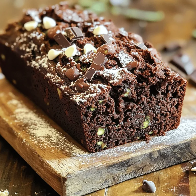 To make this rich and moist bread, you need: - 1 ½ cups grated zucchini (about 1 medium zucchini) - 1 cup all-purpose flour - ½ cup unsweetened cocoa powder - ½ teaspoon baking soda - ½ teaspoon baking powder - ¼ teaspoon salt - ½ teaspoon cinnamon - ½ cup granulated sugar - ½ cup brown sugar, packed - ½ cup vegetable oil - 2 large eggs - 1 teaspoon vanilla extract - ½ cup semi-sweet chocolate chips - ½ cup white chocolate chips - ½ cup dark chocolate chunks Grated zucchini is the star of this recipe. It adds moisture and a subtle flavor. Cocoa powder gives the bread a deep chocolate taste. The mix of sugars creates a perfect balance of sweetness. Gather these tools to make your baking easier: - A 9x5 inch loaf pan - Mixing bowls (one large, one medium) - Whisk for mixing - Spatula for folding - Grater for zucchini - Toothpick to check doneness Having the right tools helps you work faster and easier. A good loaf pan ensures even baking. You can add some fun flavors with these optional items: - Chopped nuts like walnuts or pecans - Spices like nutmeg for warmth - A pinch of espresso powder for depth These extras can make your zucchini bread even more special. You can mix and match to find your favorite combination. Start by preheating your oven to 350°F (175°C). This step is key for even baking. While the oven heats, grease your 9x5 inch loaf pan. Use butter or cooking spray to avoid sticking. Make sure the pan is ready before you mix your batter. In a medium bowl, combine the following dry ingredients: - 1 cup all-purpose flour - ½ cup unsweetened cocoa powder - ½ teaspoon baking soda - ½ teaspoon baking powder - ¼ teaspoon salt - ½ teaspoon cinnamon Whisk these ingredients together. This helps to mix them well and adds air. Proper blending ensures your bread rises evenly. In a large bowl, mix the wet ingredients. Start with: - ½ cup granulated sugar - ½ cup brown sugar, packed - ½ cup vegetable oil Add two large eggs, one at a time. Whisk after each egg. This makes the mixture smooth. Stir in 1 teaspoon of vanilla extract. This adds great flavor to your bread. Now, fold in 1 ½ cups of grated zucchini. Make sure it’s well mixed. Then, gently add the chocolate. Use: - ½ cup semi-sweet chocolate chips - ½ cup white chocolate chips - ½ cup dark chocolate chunks Mix carefully. You want to keep the batter light and fluffy. Pour the batter into your prepared loaf pan. Smooth the top with a spatula. Bake for 50 to 60 minutes. Check doneness by inserting a toothpick into the center. It should come out clean, with just a few moist crumbs. If there’s wet batter, bake a bit longer. Once ready, let the bread cool in the pan for 10 minutes. Then, move it to a wire rack to cool completely. Enjoy the rich, chocolatey aroma! To get the best texture, use fresh zucchini. Grate it finely for even mixing. After grating, squeeze the zucchini gently to remove some excess moisture. This step helps the bread stay soft without being too wet. When mixing your ingredients, stir just enough to combine them. Overmixing can make the bread dense. Aim for a moist, fluffy loaf that has a nice rise. One common mistake is not measuring the flour correctly. Too much flour can lead to dry bread. Use the spoon-and-level method to measure flour. Another pitfall is forgetting to grease the loaf pan. Always grease it well to prevent sticking. Lastly, do not skip the cooling step. Letting the bread cool properly helps it set and enhances flavor. You can easily add more zucchini to this recipe. Simply increase the grated zucchini to 2 cups. This adds moisture and boosts nutrition. Just be sure to watch the baking time. More zucchini may require a few extra minutes in the oven. Keep an eye on it and use a toothpick to check for doneness. {{image_2}} You can make this bread gluten-free. Use a gluten-free all-purpose flour instead of regular flour. Make sure it has a good blend of starches and proteins for the best result. You can also add a little xanthan gum if your blend does not contain it. This will help the bread rise and hold together better. The taste will still be rich and chocolatey, and the zucchini will keep it moist. Nuts can add a nice crunch to your bread. Walnuts or pecans work well. Chop them into small pieces and fold them in with the chocolate. You can also add dried fruits like raisins or cranberries for natural sweetness. Just keep the total mix-ins to about one cup to avoid changing the bread's texture. These additions boost flavor and add extra nutrients. You can switch up the chocolate types for fun flavors. Try using milk chocolate chips for a sweeter taste. You might also mix in some dark chocolate for a richer flavor. If you love white chocolate, you can add more white chocolate chips instead of semi-sweet. Each type of chocolate brings a unique taste, making your zucchini bread exciting every time you bake it. To keep your leftover zucchini bread fresh, wrap it tightly in plastic wrap. You can also place it in an airtight container. This helps maintain its moisture and flavor. Store it at room temperature for up to three days. If you live in a warm area, it’s best to keep it in the fridge. For longer storage, freezing is a great option. First, let the zucchini bread cool completely. Slice it into pieces for easy thawing later. Wrap each slice in plastic wrap, then place them in a freezer bag. Remove as much air as possible before sealing. This bread can last up to three months in the freezer. To reheat your zucchini bread, you can use the oven or microwave. For the oven, preheat to 350°F (175°C). Place the slices on a baking sheet. Heat for about 10 minutes. If using a microwave, heat for about 15-20 seconds per slice. This will keep the bread soft and tasty. Enjoy it warm for the best flavor! Yes, you can use applesauce instead of oil. This swap makes the bread lower in fat. Applesauce adds moisture and sweetness. Use the same amount of applesauce as oil. This change may also give a slight apple flavor. Triple chocolate zucchini bread stays fresh for about 3 to 4 days. Store it in an airtight container. You can also refrigerate it to extend its life. If frozen, it can last up to three months. Just make sure to wrap it tightly to avoid freezer burn. Yes, frozen zucchini works well in this recipe. Thaw the zucchini and drain any excess water. This helps keep the bread from becoming too soggy. Frozen zucchini can be just as tasty as fresh zucchini. You can serve this bread with a variety of tasty options. It pairs well with whipped cream or a scoop of ice cream. You might enjoy it with a drizzle of chocolate sauce. Fresh berries or a sprinkle of nuts can also add a nice touch. You learned how to make delicious triple chocolate zucchini bread in this post. We covered key ingredients, tools, and tips for the best taste and texture. I also shared easy steps for mixing, baking, and storing your bread. Experiment with variations like gluten-free options or adding nuts. Always remember to avoid common mistakes for perfect results. With the knowledge you now have, make your kitchen a fun place. Enjoy baking and sharing this treat!