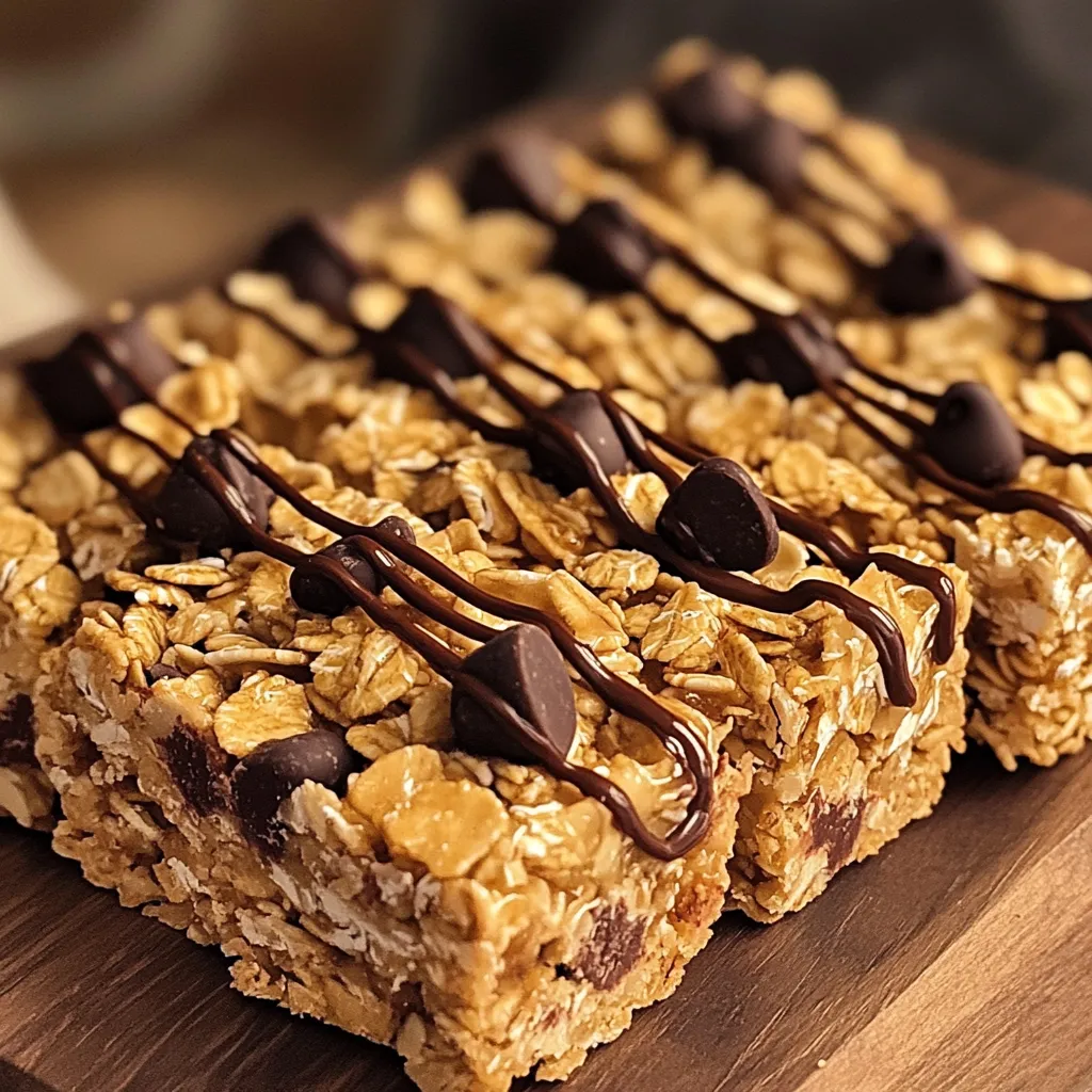 To make no-bake chocolate chip granola bars, you'll need simple and wholesome ingredients. Each item plays a key role in flavor and texture. Here’s what you need: - 2 cups rolled oats - 1 cup almond butter (or peanut butter) - 1/2 cup honey (or maple syrup) - 1/2 cup mini chocolate chips - 1/2 cup chopped nuts (e.g., almonds, walnuts, or pecans) - 1/4 cup chia seeds (optional) - 1 teaspoon vanilla extract - A pinch of salt These ingredients come together to create a tasty treat. The rolled oats provide a hearty base. Nut butter adds creaminess and binds everything. Honey or maple syrup gives a touch of sweetness. Mini chocolate chips add fun bursts of flavor. Chopped nuts add crunch and nutrition, while chia seeds boost health benefits. The vanilla and salt enhance all the flavors. Feel free to mix things up. You can swap almond butter for peanut butter or use maple syrup instead of honey. Your taste buds will thank you! First, grab an 8x8 inch baking dish. Line it with parchment paper, letting some hang over the edges. This helps you lift out the bars later. For easier removal, press the paper into the corners well. This way, your bars won’t stick. Next, we will mix the wet ingredients. Take a small saucepan and add the almond butter and honey (or maple syrup). Heat it on low. Stir it gently until it melts and becomes smooth. Remove it from the heat. Now, add the vanilla extract and a pinch of salt. Stir again to combine everything. In a large mixing bowl, add the rolled oats, chopped nuts, and chia seeds if you are using them. Pour your warm almond butter mixture over these dry ingredients. Stir the mixture well until it all comes together. This is where the magic begins! Now it's time to chill the mixture. Pour it into the prepared baking dish. Use a spatula or your hands to press it down firmly. This makes sure it holds together as bars. Place the dish in the refrigerator for at least 1 hour. Once firm, lift the granola out using the parchment paper. Place it on a cutting board and cut it into bars or squares. Enjoy your delicious treat! To ensure your granola bars hold together, use the right amounts of wet and dry ingredients. The almond butter and honey act as a glue. If you feel the mix is crumbly, add a bit more almond butter. When pressing the mixture into the pan, use a spatula or your hands. Start from the center and press firmly toward the edges. This helps to compact the mixture well. A good press-down technique makes a big difference in the final bars. Get creative with how you serve your granola bars. You can drizzle melted chocolate on top for a sweet touch. Serve the bars on a wooden platter for a rustic look. For easy grab-and-go snacks, wrap each bar in parchment paper. Tie it with twine for a charming finish. This makes them perfect for lunchboxes or a quick snack on the run. {{image_2}} You can change the flavor of your bars with different nut butters. Almond butter gives a nice, creamy taste. Peanut butter adds a classic flavor. Sunflower seed butter is also a great swap if you want a nut-free option. For sweeteners, use honey or maple syrup. You can try agave syrup for a lighter taste. If you prefer less sugar, try using mashed bananas or applesauce. Each choice adds a unique twist. Adding dried fruits or seeds can enhance your bars. Consider raisins, cranberries, or apricots for a fruity kick. You can also add pumpkin seeds or sunflower seeds for extra crunch and nutrition. Adjust the mixture based on what you add. If you include more dry ingredients, you might need a little more nut butter or sweetener. This keeps your bars moist and tasty. To keep your no-bake chocolate chip granola bars fresh, store them in a cool place. Use an airtight container to keep moisture out. You can place parchment paper between layers to avoid sticking. This helps keep the bars intact and easy to grab. These granola bars last about one week at room temperature. If you want to save them longer, consider freezing. Wrap each bar in plastic wrap, then place them in a freezer bag. They can last up to three months in the freezer. To enjoy, thaw overnight in the fridge. Yes, you can easily make these granola bars vegan. To do this, swap almond butter for a nut-free option like sunflower seed butter. Use maple syrup instead of honey. The rest of the ingredients, like oats and chocolate chips, are typically vegan. For chocolate chips, look for ones labeled as dairy-free. This way, you keep all the great flavors while making the bars suitable for a vegan diet. To make these granola bars nut-free, use sunflower seed butter instead of almond or peanut butter. You can also leave out the chopped nuts. For added crunch, consider using seeds like pumpkin seeds or sunflower seeds. These will help maintain texture without using any nuts. Just ensure you check labels to avoid cross-contamination if allergies are a concern. If your mixture is too dry, add a splash of water or more almond butter. This helps everything stick together. If it feels too wet, add more rolled oats or a bit of chia seeds to absorb the extra moisture. Mix well after each addition. The goal is to have a sticky but not soggy mixture that holds together when pressed into the pan. These homemade granola bars are simple and tasty. We covered the right ingredients, step-by-step instructions, and helpful tips. You can mix flavors and customize them to your liking. Best of all, you can store them well for lasting freshness. Enjoy experimenting with these bars, and share them with friends or family. You'll create delicious snacks that everyone will love. So, get started today and make your own healthy treat!