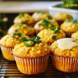 - 1 cup cornmeal - 1 cup all-purpose flour - 2 tablespoons sugar - 1 tablespoon baking powder - 1/2 teaspoon salt For the dry ingredients, I use cornmeal for a hearty base. It gives the muffins a nice texture. The all-purpose flour adds structure and helps the muffins rise. A bit of sugar adds sweetness, while the baking powder makes them fluffy. Finally, a pinch of salt balances all the flavors. - 1 cup buttermilk - 2 large eggs - 1/4 cup unsalted butter, melted In the wet ingredients, buttermilk gives a rich taste. It also helps the muffins stay moist. Eggs help bind everything together. The melted butter adds richness and flavor, making the muffins even more delicious. - 1 cup shredded sharp cheddar cheese - 2 jalapeños, finely chopped (seeds removed for less heat) - 1/2 cup corn kernels (fresh or canned) For add-ins, sharp cheddar cheese gives a bold flavor. The jalapeños add a nice kick. You can adjust the heat by removing the seeds. Sweet corn kernels bring a burst of sweetness and texture. These add-ins make the muffins rich and flavorful. First, preheat your oven to 400°F (200°C). This step ensures your muffins bake evenly. Next, line a muffin tin with paper liners or grease it with non-stick spray. This helps the muffins pop out easily after baking. In a mixing bowl, combine 1 cup of cornmeal, 1 cup of all-purpose flour, 2 tablespoons of sugar, 1 tablespoon of baking powder, and 1/2 teaspoon of salt. Use a whisk to blend them well. This mix forms the base for your cornbread muffins. In another bowl, whisk together 1 cup of buttermilk, 2 large eggs, and 1/4 cup of melted unsalted butter. Make sure the mixture is smooth. This step adds moisture and richness to your muffins. Pour the wet mixture into the dry ingredients. Stir until just combined. Avoid overmixing; it's fine if the batter has some lumps. Then, gently fold in 1 cup of shredded sharp cheddar cheese, 2 finely chopped jalapeños, and 1/2 cup of corn kernels. This adds flavor and texture. Divide the batter evenly into the prepared muffin tin. Fill each cup about two-thirds full. This ensures they have room to rise without overflowing. Bake your muffins in the preheated oven for 15-18 minutes. They should turn golden brown on top. To check for doneness, insert a toothpick into the center. If it comes out clean, your muffins are ready. To get the best texture in your muffins, avoid overmixing. Mix the wet and dry ingredients just until they blend. Some lumps are okay! Overmixing makes the muffins tough. To ensure even baking, fill each muffin cup about two-thirds full. This helps them rise nicely. Rotate the muffin tin halfway through baking for even heat. You can adjust the heat level by using more or fewer jalapeños. For a milder muffin, remove all seeds. For a spicier kick, add extra jalapeños. Feel free to swap cheeses or add vegetables. Pepper jack cheese adds spice and flavor. Diced bell peppers or green onions can give a fresh twist. These muffins pair well with chili or soup. They add a great crunch and flavor. Serve them warm for the best taste. For a nice presentation, brush the tops with melted butter. Add a slice of jalapeño or a sprig of cilantro on top for color. This makes your dish look inviting and fun! {{image_2}} To make these muffins even spicier, you can add more jalapeños. Start with one extra jalapeño, chopped finely. If you love heat, feel free to add even more! Just remember to taste as you go. More jalapeños will give your muffins a great kick. If you prefer a sweeter flavor, consider adding sugar or honey. Just add one to two tablespoons of sugar to the dry mix. You can also use honey in the wet mix. This change makes a lovely, sweet treat. You can easily make these muffins gluten-free. Replace all-purpose flour with gluten-free flour blend. Also, check if your baking powder is gluten-free. This way, everyone can enjoy these tasty muffins without worry! To keep your jalapeño cheddar cornbread muffins fresh for a few days, follow these tips: - Allow muffins to cool completely before storing. - Place them in an airtight container. - Store at room temperature for up to three days. - For added moisture, you can place a slice of bread in the container. If you want to save your muffins for longer, freezing is a great option. Here’s how to do it: - Wrap each muffin tightly in plastic wrap. - Place wrapped muffins in a freezer-safe bag or container. - Label the bag with the date before placing it in the freezer. - They can last up to three months in the freezer. When you’re ready to enjoy your muffins again, here are the best ways to reheat them: - For a quick reheat, pop them in the microwave for 15-20 seconds. - For a crispier texture, warm them in the oven at 350°F (175°C) for 5-7 minutes. - You can also use a toaster oven for a few minutes until warm. Yes, you can use frozen corn. Just thaw it first. Drain any excess water. This keeps the batter from getting too wet. Frozen corn works well and still tastes great in the muffins. You can prep the dry ingredients a day ahead. Store them in an airtight container. When ready, mix the wet ingredients and combine them with the dry. This saves time and lets you enjoy fresh muffins quickly. If you don’t have buttermilk, make a substitute. Combine 1 cup of milk with 1 tablespoon of vinegar or lemon juice. Let it sit for 5 minutes. This will create a similar tangy taste and texture you need for the muffins. Yes, you can skip the jalapeños if you prefer milder muffins. The flavor will still be delicious without them. You might even add other spices or cheese for more flavor. These muffins last for 3 to 4 days at room temperature. Store them in an airtight container to keep them fresh. If you want to keep them longer, freeze the muffins for up to 3 months. In this post, we covered how to make delicious cornbread muffins. We looked at ingredients, steps, tips, and variations. You can customize your muffins with cheese and jalapeños. Remember, the right mixing and baking are key to great texture. Enjoy experimenting with flavors and serving them fresh. With simple storage tips, you can keep muffins tasty for longer. Dive into this fun baking adventure; your taste buds will thank you!