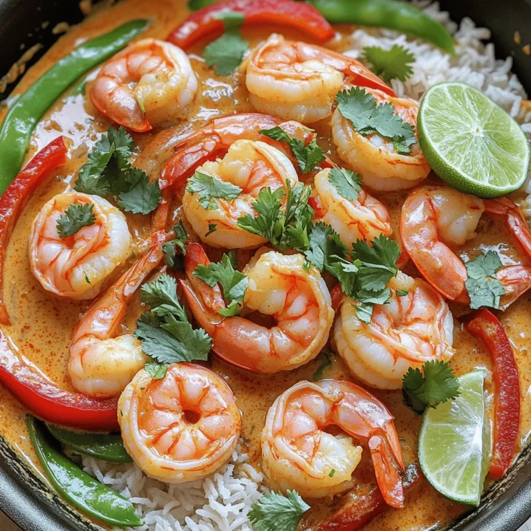 - 1 pound large shrimp, peeled and deveined - 1 can (13.5 oz) coconut milk - 2 tablespoons red curry paste - 2 tablespoons fish sauce - Juice of 2 limes - Zest of 1 lime - 2 tablespoons brown sugar - 1 tablespoon ginger, minced - 3 cloves garlic, minced - 1 red bell pepper, sliced - 1 cup snap peas, trimmed - Fresh cilantro, for garnish - Cooked jasmine rice, for serving This recipe shines because of its fresh, vibrant ingredients. Let’s break them down: - Shrimp: Use large shrimp for the best texture. They cook quickly and soak up flavors well. - Coconut milk: This gives a creamy base. It adds richness and balances the spice. - Red curry paste: This paste gives heat and depth. It’s made from peppers, herbs, and spices. - Fish sauce: This adds umami flavor. It’s salty and rich, making your dish more savory. - Lime juice and zest: These bring brightness. The juice adds tang, while zest gives a fragrant touch. When picking shrimp, look for these tips: - Smell: Fresh shrimp should smell like the ocean, not fishy. - Color: Look for shrimp with a clear, shiny appearance. Avoid dull or discolored shrimp. - Texture: Fresh shrimp should feel firm to the touch. If it feels mushy, skip it. - Shell: If possible, buy shrimp with the shell on. It keeps them fresher longer. Selecting the right shrimp makes all the difference in your Thai Coconut Lime Shrimp dish. Enjoy the cooking! Start with a large skillet over medium heat. Pour in the can of coconut milk. Add the red curry paste, fish sauce, lime juice, lime zest, brown sugar, minced ginger, and minced garlic. Stir well until everything mixes nicely. You want to see bubbles form, which means the sauce is simmering. This step brings out the rich flavors of the dish. Now, it’s time for the vegetables. Add the sliced red bell pepper and snap peas to the skillet. Cook these for about 3 to 4 minutes. Stir them gently as they cook. You want them to be slightly tender but still crisp. This keeps the veggies bright and fresh. They add great color and crunch to your dish. Next, it’s shrimp time! Add the peeled and deveined shrimp to the skillet. Gently stir them into the sauce. Cook for another 4 to 5 minutes. Watch for the shrimp to turn pink and opaque. This shows they are done cooking. Once finished, taste the sauce and adjust it if needed. You might want more lime juice or a splash of fish sauce. Finally, serve your shrimp over jasmine rice and add fresh cilantro on top. Enjoy! When making Thai Coconut Lime Shrimp, avoid these common mistakes: - Overcooking the shrimp: Cook the shrimp just until they turn pink. This keeps them tender and juicy. - Using low-quality coconut milk: High-quality coconut milk gives a rich flavor. Check the label for added preservatives. - Skipping the lime zest: The zest adds bright flavor. Don’t skip this step! To boost the flavor of your dish, try these tips: - Add more lime juice: A splash of extra lime juice brightens the dish. Adjust to your taste. - Use fresh herbs: Fresh cilantro adds a lovely aroma. Sprinkle it on just before serving. - Incorporate more veggies: Try adding bok choy or carrots for extra crunch and color. Having the right tools makes cooking easier. Here are my top picks: - Non-stick skillet: This helps prevent sticking and makes cleanup easy. - Measuring cups and spoons: Precise measurements ensure balanced flavors. - Sharp knife: A good knife helps with slicing veggies smoothly. These tips will help you create a stunning dish that impresses everyone! Enjoy your cooking! {{image_2}} You can switch the shrimp for other proteins. Chicken or firm tofu works well. Use one pound of chicken breast, cut into bite-sized pieces. Cook it until golden before adding the sauce. For tofu, press it to remove water. Then, cut it into cubes and sauté until crisp. Both options absorb the flavors nicely and create a tasty dish. To make this dish vegan, swap shrimp for chickpeas or mushrooms. Use one can of chickpeas, rinsed and drained. Add them to the sauce after cooking the veggies. For mushrooms, use 8 ounces of sliced shiitake or button mushrooms. Cook them until tender and add to the sauce. This keeps the meal hearty and delicious. If you like heat, add more red curry paste. Start with one extra tablespoon and taste as you go. For a milder dish, reduce the curry paste to one tablespoon or use a sweet curry powder. You can also add a pinch of red pepper flakes for a quick heat boost. Always adjust to your taste for the best results. After cooking Thai Coconut Lime Shrimp, allow it to cool down. Then, place the shrimp in an airtight container. This keeps the dish fresh and tasty. You can store it in the fridge for up to 3 days. Make sure to seal the container well to prevent any odors from other foods. To reheat, you can use the stove or microwave. If using the stove, heat a skillet over medium-low heat. Add the shrimp with a splash of coconut milk to keep it moist. Stir gently until warmed through. If using a microwave, place the shrimp in a microwave-safe bowl. Heat in 30-second intervals, stirring in between to ensure even heating. If you want to save some for later, you can freeze the shrimp. Place it in a freezer-safe container or bag. Remove as much air as possible to prevent freezer burn. The shrimp can last in the freezer for up to 2 months. When ready to eat, thaw it in the fridge overnight before reheating. You can serve this dish with cooked jasmine rice. The rice absorbs the sauce and adds a nice texture. You could also add a fresh salad or steamed vegetables. A side of spring rolls or Thai noodles pairs well too. These options enhance the meal and make it more filling. To make Thai Coconut Lime Shrimp gluten-free, use gluten-free fish sauce. Many brands offer this option. Check the label to ensure it meets gluten-free standards. Also, pair it with rice instead of noodles that may contain gluten. This way, you keep the flavors while making it safe for gluten-free diets. Yes, you can use different types of shrimp. Medium or small shrimp work well too. Fresh, frozen, or even shrimp from the seafood counter are good choices. Just make sure they are peeled and deveined. The cooking time may change slightly based on their size. In this blog post, I shared a complete guide for making Thai Coconut Lime Shrimp. We covered key ingredients, step-by-step cooking instructions, and useful tips. Remember, fresh shrimp makes a big difference in taste. As you explore variations, think about proteins and spice levels that suit you. Proper storage can keep leftovers fresh, and reheating is simple. With these tips, you’ll create a delicious meal every time. Enjoy your cooking journey!