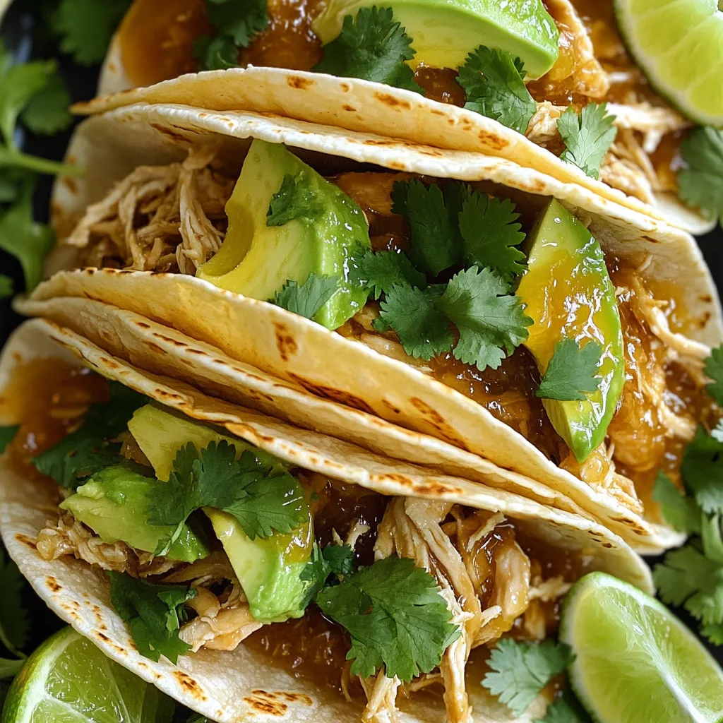 - 1.5 lbs boneless, skinless chicken breasts - 1/4 cup honey - 1/4 cup lime juice (freshly squeezed) - 2 tablespoons soy sauce (or tamari for gluten-free) - 2 cloves garlic, minced - 1 teaspoon ground cumin - 1 teaspoon paprika - 8 small corn or flour tortillas - Fresh cilantro, chopped, for garnish - Lime wedges, for serving - Sliced avocado, optional for topping The honey lime chicken tacos are simple and full of flavor. You need key ingredients to make this dish shine. The chicken breasts are the star, providing a lean and juicy base. Honey brings sweetness, while lime juice adds a bright zing. For seasoning, soy sauce gives umami, and garlic adds depth. Ground cumin and paprika offer warmth and richness. Together, these ingredients create a balanced flavor profile that makes every bite delightful. When it comes to assembling the tacos, fresh tortillas hold everything together. I love using corn or flour tortillas, but you can choose what you like best. Topping the tacos with cilantro adds freshness, and lime wedges give a zesty touch. Sliced avocado is a nice optional addition for creaminess. Each ingredient plays a role in creating a dish that is not only tasty but also visually appealing. You will enjoy this meal with family or friends. To start, gather your ingredients. In a mixing bowl, combine these items: - 1/4 cup honey - 1/4 cup lime juice (freshly squeezed) - 2 tablespoons soy sauce - 2 cloves garlic, minced - 1 teaspoon ground cumin - 1 teaspoon paprika - 1/2 teaspoon salt - 1/2 teaspoon black pepper - 1/4 teaspoon cayenne pepper (optional for heat) Whisk these together until well mixed. The honey and lime create a lovely sweet and tangy flavor that will soak into the chicken. Next, place the 1.5 lbs of boneless, skinless chicken breasts in your slow cooker. Pour the honey lime marinade over the chicken, making sure every piece is well coated. Cover the slow cooker. If you cook on low, set it for 6-7 hours. For a quicker option, use high for 3-4 hours. When done, the chicken will be very tender and easy to shred. Once the chicken is fully cooked, remove it from the slow cooker. Use two forks to shred the chicken into bite-sized pieces. Mix the shredded chicken back into the sauce in the slow cooker. This step helps the chicken absorb all the flavors. While the chicken soaks up the goodness, warm your tortillas. You can do this on a skillet or in the microwave until they are soft and pliable. To assemble the tacos, take a warm tortilla and add a generous amount of the honey lime shredded chicken. Top it with fresh chopped cilantro and avocado slices if you like. Squeeze some lime juice on top for extra zing. Serve right away with lime wedges on the side. Enjoy your delightful meal! Cooking times vary based on your slow cooker setting. For low heat, aim for 6-7 hours. For high heat, 3-4 hours works well. The chicken is done when it shreds easily with a fork. Always check the center. If it is white and hot, it’s ready. Want a twist? Add spices like chili powder or herbs like oregano. You can also toss in diced jalapeños for heat. To warm tortillas, heat a skillet over medium heat. Place each tortilla in the skillet for about 30 seconds per side. This makes them soft and pliable. Pair your tacos with a side of black beans or a fresh corn salad. For salsas, a mango salsa adds sweetness or a pico de gallo gives freshness. For garnishing, sprinkle fresh cilantro on top. Add lime wedges on the side for a burst of zest. A slice of avocado makes it creamy and rich. {{image_2}} You can swap the chicken in this recipe for beef or tofu. This change offers new flavors and textures. If you use beef, choose a cut that shreds well, like chuck roast. For tofu, firm or extra-firm works best. Cooking times for different proteins: - Beef: Cook on low for 8-10 hours or high for 4-5 hours. - Tofu: Cook on low for 4-6 hours or high for 2-3 hours. This way, you can enjoy the same tasty honey lime flavor no matter your choice. Tortillas are fun to play with! You can use corn or flour tortillas, but there are other great options, too. Lettuce wraps make a fresh, low-carb alternative. You could also try grain-free tortillas if you want to skip gluten. Adaptable toppings and accompaniments: - Fresh salsa adds a zesty kick. - Shredded cheese brings creaminess. - Pickled veggies provide a tangy crunch. Feel free to mix and match your toppings for a unique taste! Want to take your tacos to the next level? You can add more herbs or spices for an extra boost. Cilantro, oregano, or even a bit of mint can add freshness. Experimenting with different citrus juices: - Try orange juice for a sweeter twist. - Grapefruit juice can add a tart zing. Mixing and matching flavors keeps things exciting and ensures each meal feels special. To keep your leftover tacos fresh, place them in an airtight container. This helps lock in flavors and moisture. Store them in the fridge for up to three days. For the best taste, reheat only the chicken. You can do this in a pan over medium heat. Stir occasionally until warmed through. Avoid reheating the tortillas too many times, as they can get tough. If you want to save some chicken for later, freezing works great. First, shred the leftover chicken and place it in a freezer-safe bag. Remove as much air as possible before sealing. Label the bag with the date. This chicken stays fresh for up to three months. When you're ready to enjoy it, thaw it in the fridge overnight. Reheat it in a pan or microwave until hot. Take care of your tortillas by storing them in a cool, dry place. You can also wrap them in foil to keep them soft. For avocados, keep them at room temperature until ripe. Once ripe, store them in the fridge to slow down spoilage. For cilantro, place the stems in a glass of water. Cover the leaves with a plastic bag and store in the fridge. This helps it stay fresh longer. Yes, you can use frozen chicken breasts. Just remember to increase the cooking time. If you cook on low, aim for about 8 hours. On high, you may need 4 to 5 hours. Always check that the chicken is fully cooked. Its internal temperature should reach 165°F. Frozen chicken may also result in a juicier dish since it retains more moisture. To add heat, consider these options: - Use more cayenne pepper in the marinade. - Add chopped jalapeños or serrano peppers to the slow cooker. - Top tacos with hot salsa or a spicy sauce. - Serve with sliced fresh chili peppers for a kick. Adjust the spice to fit your taste. It’s easy to modify! Here are some great side dishes and drinks: - Mexican rice adds a lovely base. - Black beans are a filling choice. - Corn salad brings brightness to the meal. - Serve with tortilla chips and salsa for crunch. - Pair with a refreshing limeade or iced tea. These options will enhance your taco night! This recipe for honey lime chicken tacos lets you enjoy great flavors with ease. You learned how to make a simple marinade, slow-cook chicken, and assemble tasty tacos. Plus, you gained tips for cooking and serving. Experiment with variations, such as using different proteins or tortillas. Store or freeze leftovers for quick future meals. Enjoy these tacos any night of the week! You'll impress family and friends with this delicious and quick dish. Get cooking and have fun!
