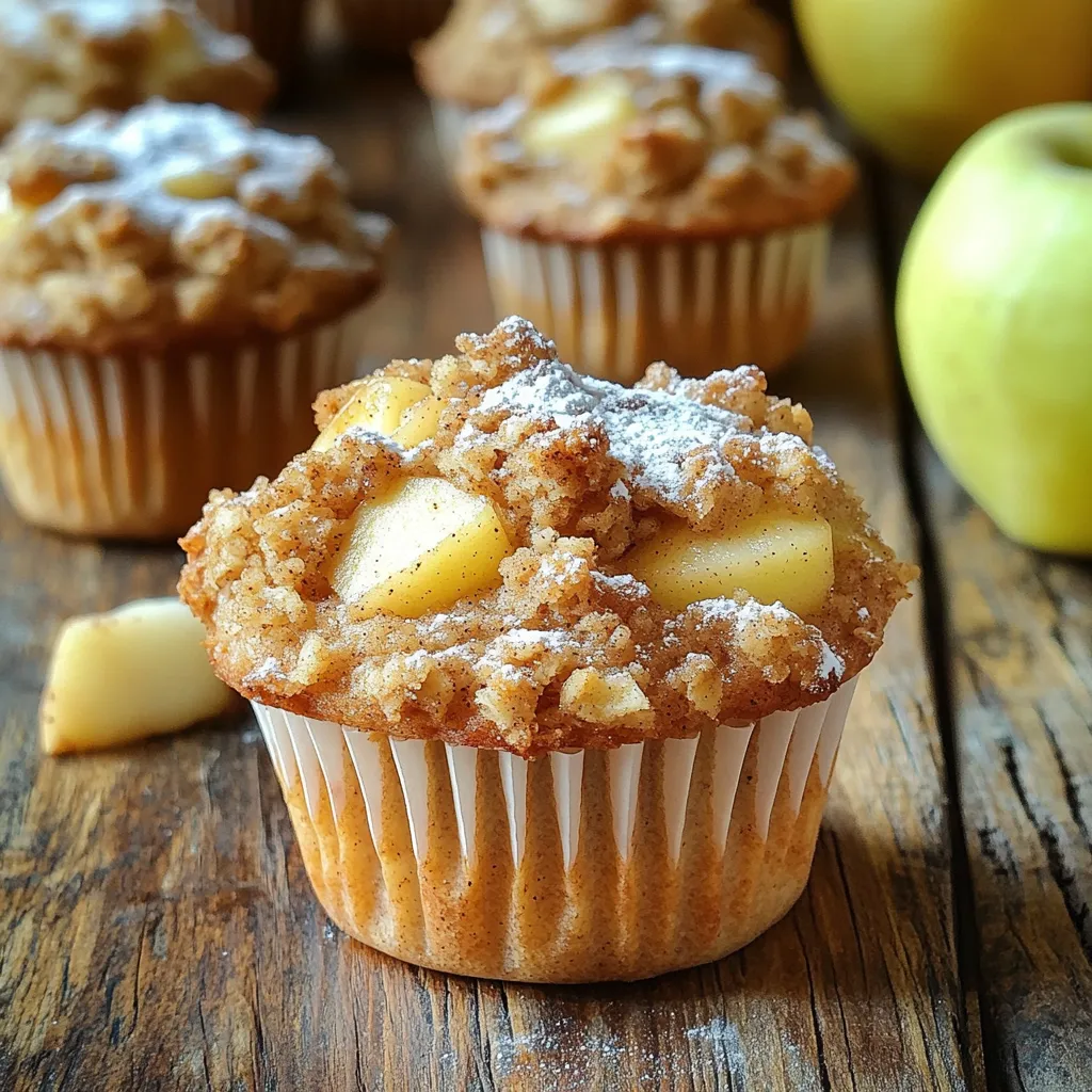 - 2 cups all-purpose flour - 1 cup granulated sugar - 1 tablespoon baking powder - 1 teaspoon baking soda - 1 teaspoon cinnamon - ½ teaspoon salt - ½ cup unsalted butter, melted - 1 cup buttermilk - 2 large eggs - 2 cups apples, peeled, cored, and diced - ½ cup brown sugar (for crumble) - 1 cup rolled oats (for crumble) - 1 teaspoon vanilla extract - ½ teaspoon nutmeg (for crumble) Gathering the right ingredients is key to making great Apple Cinnamon Crumble Muffins. Start with all-purpose flour for a soft texture. You will also need granulated sugar to sweeten the muffins. Baking powder and baking soda help them rise nicely. Cinnamon adds that warm, comforting flavor we all love. Don't forget salt; it enhances all the other flavors. Melted unsalted butter gives richness to the muffins. Buttermilk adds moisture and tang. Two large eggs bind everything together. For the stars of the show, use two cups of apples. I recommend Granny Smith or Honeycrisp for a nice balance of sweet and tart. For the crumble topping, you need brown sugar for sweetness. Rolled oats give it a delightful crunch. A hint of vanilla extract adds warmth, and nutmeg rounds out the flavors perfectly. Each ingredient plays a role, so make sure you have everything ready before you start baking! - Preheat the oven to 375°F (190°C). - Line or grease a muffin tin. - In a large bowl, combine: - 2 cups all-purpose flour - 1 cup granulated sugar - 1 tablespoon baking powder - 1 teaspoon baking soda - 1 teaspoon cinnamon - ½ teaspoon salt - Stir well to mix. - In another bowl, whisk together: - ½ cup unsalted butter, melted - 1 cup buttermilk - 2 large eggs - 1 teaspoon vanilla extract - Mix until smooth. - Pour the wet mixture into the dry ingredients. - Stir gently until just combined; it's okay if the batter is lumpy. - Fold in 2 cups of diced apples. - In a small bowl, mix together: - ½ cup brown sugar - 1 cup rolled oats - ½ teaspoon nutmeg - A pinch of salt. - Add a tablespoon of melted butter and mix until crumbly. - Spoon the batter into each muffin cup, filling them two-thirds full. - Generously sprinkle the crumble topping over each muffin. - Bake for 18-22 minutes. - Check with a toothpick; it should come out clean. - Avoid overmixing the batter. This keeps the muffins soft and fluffy. - Use room temperature ingredients. This helps the batter mix well and rise better. - If you don't have buttermilk, use regular milk mixed with a bit of lemon juice. Let it sit for five minutes. - You can use different apples. Try Granny Smith for tartness or Honeycrisp for sweetness. - For a lovely look, dust the muffins with powdered sugar. Drizzle honey on top for extra sweetness. - Serve them with whipped cream for a rich touch. It adds creaminess and pairs well with the muffins. {{image_2}} You can easily change the taste of these muffins. Adding nuts like walnuts or pecans gives a nice crunch. You can also mix in dried fruits, like raisins or cranberries, for added sweetness. For a warm twist, try spices like cardamom or ginger. These spices add a unique flavor that pairs well with apples. For those needing gluten-free options, use almond flour or a gluten-free blend. This keeps the muffins tasty while meeting dietary needs. If you want a vegan version, replace eggs with flaxseed meal mixed with water. Swap buttermilk for almond milk with a splash of vinegar. This still gives you soft, moist muffins. Muffins can be made in various sizes. Mini muffins are perfect for snacks or kids. They bake faster, so keep an eye on them. Jumbo muffins are great for breakfast. They look impressive and fill you up. No matter the size, the taste stays great! To keep your apple cinnamon crumble muffins fresh, store them in an airtight container. This helps prevent them from drying out. You can also place a piece of bread in the container to keep them moist. Store the muffins at room temperature for up to three days. If you want to keep them longer, freezing is a great option. For freezing, wrap each muffin tightly in plastic wrap. Then, place them in a freezer bag or container. This will protect them from freezer burn. These muffins can stay fresh in the freezer for up to three months. To reheat your muffins, preheat your oven to 350°F (175°C). Place the muffins on a baking sheet and cover them with aluminum foil. This keeps them from getting dry. Heat for about 10-15 minutes. You can also use a microwave. Place a muffin on a microwave-safe plate. Heat for about 15-20 seconds. Enjoy them warm for the best taste! To check if your muffins are ready, use the toothpick test. Insert a toothpick into the center of a muffin. If it comes out clean, your muffins are done! If it has batter on it, bake for a few more minutes. Muffins usually take 18 to 22 minutes to cook. Yes, you can make these muffins ahead of time. Once baked, let them cool completely. Store them in an airtight container at room temperature for up to three days. You can also freeze them for up to three months. To freeze, wrap each muffin in plastic wrap, then place them in a freezer bag. For baking, I recommend using Granny Smith or Honeycrisp apples. Granny Smith apples add a nice tart flavor, while Honeycrisp apples are sweet and juicy. Both types hold up well during baking, giving you great texture in your muffins. In this post, we explored how to make delicious apple muffins. We covered ingredients, step-by-step instructions, and baking tips. I shared ideas for variations and storage as well. These muffins are not only tasty but also easy to customize for your needs. Enjoy them fresh or store them for later. Baking is fun, and these muffins bring joy to any kitchen. Now, get ready to create tasty treats!