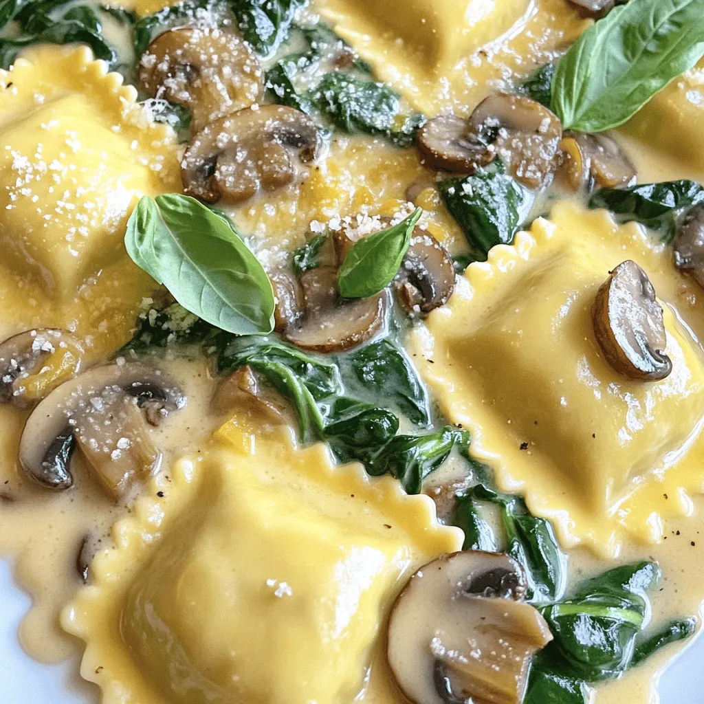 To make creamy mushroom spinach ravioli, gather these items: - 12 ounces fresh or frozen ravioli (mushroom-filled is best) - 2 tablespoons olive oil - 1 small onion, finely chopped - 2 cloves garlic, minced - 8 ounces fresh spinach, roughly chopped - 8 ounces cremini mushrooms, sliced - 1 cup heavy cream - 1/2 cup grated Parmesan cheese - Salt and black pepper to taste - A pinch of nutmeg (optional) - Fresh basil or parsley for garnish Add extra flavor with these optional items: - A splash of white wine for depth - Red pepper flakes for heat - A squeeze of lemon juice for brightness If you need alternatives, try these substitutes: - Use ricotta-filled ravioli instead of mushroom-filled - Swap olive oil with butter for a richer taste - Replace heavy cream with half-and-half for a lighter sauce Start by boiling water in a large pot. Add salt to the water. This helps flavor the ravioli. Once the water boils, add 12 ounces of fresh or frozen ravioli. Cook them based on package directions until they are al dente. This usually takes about 3 to 5 minutes. After cooking, drain the ravioli and set them aside. Make sure to save a bit of the pasta water for later. Next, grab a large skillet and heat 2 tablespoons of olive oil over medium heat. Once hot, add 1 small finely chopped onion. Sauté the onion until it turns translucent. This will take about 3 to 4 minutes. Then, stir in 2 minced cloves of garlic and 8 ounces of sliced cremini mushrooms. Cook these together until the mushrooms soften and get a nice golden color. This should take about 5 to 6 minutes. Finally, add 8 ounces of roughly chopped spinach. Cook until the spinach wilts, which takes around 2 to 3 minutes. Now it's time to make the cream sauce. Lower the heat to medium-low. Pour in 1 cup of heavy cream and stir well to mix everything. Let this simmer for about 3 to 4 minutes. You want it to thicken slightly. Once it thickens, stir in 1/2 cup of grated Parmesan cheese. Keep stirring until the cheese melts and the sauce is nice and creamy. Season with salt, black pepper, and a pinch of nutmeg if you like. It's time to bring everything together! Gently add the cooked ravioli to the skillet with the sauce. Toss the ravioli in the sauce until they are well coated. If the sauce seems too thick, add a splash of the reserved pasta water. This will help reach your desired creaminess. To serve, plate the ravioli nicely. For an appealing look, use a large spoon to create a swirl of sauce on the plate. Place the ravioli in the center and sprinkle with extra grated Parmesan cheese. Add fresh basil or parsley for a lovely touch. Enjoy your creamy mushroom spinach ravioli! To cook your ravioli perfectly, bring a large pot of salted water to a boil. Add the ravioli and cook until they float. This usually takes about 3 to 5 minutes. Fresh ravioli cooks faster than frozen. Always check the package for specific times. Once cooked, drain carefully. Reserve a cup of that pasta water; it helps later. Add depth to your dish by using fresh herbs. Basil and parsley are great options. A pinch of nutmeg adds warmth to the sauce. You can also sprinkle some red pepper flakes for a slight kick. Always taste your sauce before serving. Adjust salt and pepper to your liking. Start your sauce by sautéing onions until they are soft. Add garlic next for a nice aroma. When you add mushrooms, cook them until golden. This brings out their rich flavor. Pour in heavy cream and stir well. Let it simmer for a few minutes. The key is to keep the heat low. Stir in Parmesan cheese until it melts for that extra creaminess. If the sauce is too thick, use the reserved pasta water to adjust it. {{image_2}} To make a vegan version, swap the heavy cream and cheese for plant-based options. Use coconut cream or cashew cream for creaminess. Nutritional yeast can add a cheesy flavor without dairy. Use any vegan ravioli you can find. It's a great way to enjoy this dish while keeping it plant-based. If you need a gluten-free meal, use gluten-free ravioli. Many stores offer this option now. You can also make your own ravioli using gluten-free flour. Just ensure the other ingredients, like broth and sauces, are gluten-free too. The dish will still be creamy and delicious! You can easily change the flavors by swapping ingredients. Try adding sun-dried tomatoes for a tangy twist. Use different mushrooms like shiitake or portobello for more depth. Fresh herbs like thyme or rosemary can enhance the taste too. Just keep it fun and mix what you love! To keep your creamy mushroom spinach ravioli fresh, place leftovers in an airtight container. Make sure to let the dish cool to room temperature first. Store it in the fridge for up to three days. If you notice any moisture, use a paper towel to absorb it before sealing the container. When you are ready to enjoy your leftovers, reheating is simple. You can use a microwave or stovetop. For the microwave, place the ravioli in a bowl and cover it with a damp paper towel. Heat for about one to two minutes, stirring halfway through. If using the stovetop, add a splash of cream or broth to a skillet. Warm it gently over low heat, stirring often, until heated through. If you want to save your ravioli for later, freezing is a great option. First, let the dish cool completely. Portion it into freezer-safe containers or bags. Remove as much air as possible to prevent freezer burn. You can freeze it for up to three months. To reheat from frozen, thaw it overnight in the fridge first. Then, follow the reheating tips for best results. Fresh or frozen mushroom-filled ravioli works best. It adds rich flavor and texture. The mushroom filling pairs well with the creamy sauce. If you cannot find mushroom ravioli, cheese-filled options are great too. Yes, you can prepare this dish ahead of time. Cook the ravioli and the sauce separately. Store them in the fridge. When ready to serve, combine them and heat gently. This way, you save time and still enjoy a tasty meal. You can serve this dish with a simple side salad. A light green salad complements the meal well. Garlic bread also makes a great side. It adds a nice crunch and flavor. Yes, you can use dried ravioli. However, you need to adjust the cooking time. Follow the package instructions to ensure it cooks properly. Dried ravioli may have a different texture but can still be delicious. To add spice, try adding red pepper flakes. Sprinkle them into the sauce while cooking. You can also use spicy sausage or chili oil for extra heat. Adjust the amount based on your spice preference. This post covered how to make creamy mushroom spinach ravioli. We looked at key ingredients, step-by-step cooking methods, and tips for rich flavor. I shared ways to customize the dish with variations and smart storage tips. Remember, cooking is fun! Use these ideas to create your perfect plate. Try different flavors and enjoy the process. Cooking at home makes every meal special.