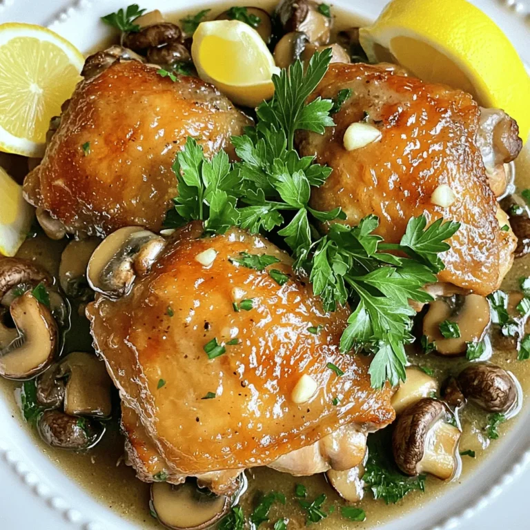 - 4 boneless chicken thighs - 8 oz mushrooms, sliced (any variety, such as cremini or button) - 4 tablespoons unsalted butter - 4 cloves garlic, minced - 1 teaspoon dried thyme - 1 teaspoon dried parsley (plus extra for garnish) - Salt and pepper to taste - 1 cup chicken broth - Juice of 1 lemon - 2 tablespoons olive oil Using boneless chicken thighs gives you juicy meat. They stay tender during cooking. You can use any mushrooms you like. Cremini and button mushrooms both work well. Garlic adds a strong flavor that pairs nicely with the butter. Use fresh garlic for the best taste. Fresh herbs can also enhance the dish. Dried herbs are great, but fresh will give a brighter flavor. If you don't have chicken thighs, chicken breasts can work too. Just cook them a bit less, as they can dry out. For mushrooms, you can try shiitake or portobello. If you're out of chicken broth, vegetable broth is a good choice. Lemon juice brightens the dish; if needed, use white wine instead. Start by patting the chicken thighs dry with paper towels. This step helps get a nice sear. Next, season both sides with salt, pepper, and dried thyme. Use enough salt and pepper to enhance the flavor without overpowering it. Let the chicken sit for a few minutes to absorb the seasonings. This small wait makes a difference in taste. In a large skillet, heat 2 tablespoons of olive oil over medium-high heat. Once the oil is hot, add the chicken thighs. Sear them for 5-7 minutes on each side until they turn golden brown. This browning adds flavor. After searing, remove the chicken from the skillet and set it aside. In the same skillet, add the remaining butter. Once it melts, toss in the sliced mushrooms. Sauté them for 5-6 minutes until they are browned and tender. Next, add the minced garlic and cook for 1-2 minutes. Watch carefully; burned garlic tastes bitter. Pour in the chicken broth and lemon juice, scraping up any tasty bits stuck to the pan. Stir in the dried parsley. Return the chicken thighs to the skillet, spooning some sauce over them. Cover the skillet and simmer on low heat for 15-20 minutes. The chicken should reach an internal temperature of 165°F (75°C). This ensures it is safe to eat. To achieve a great sear, make sure your skillet is hot before adding the chicken. If the oil doesn't shimmer, it's not ready. Avoid overcrowding the pan; this can lower the temperature and prevent browning. If needed, cook the chicken in batches. Lastly, resist the urge to move the chicken around too much. Let it sit to form a nice crust. To get the best flavor in garlic butter mushroom chicken, use fresh ingredients. Fresh garlic and herbs make a big difference. When you cook the mushrooms, let them brown well. This adds depth and richness to the dish. Don't rush this step! Searing the chicken until golden adds a nice crust. This helps lock in juices and flavor. Finally, a splash of lemon juice brightens everything up. It balances the rich butter and mushrooms perfectly. A good skillet is key for this recipe. Use a large, heavy-bottomed skillet to heat evenly. You will also need a sharp knife for slicing mushrooms and mincing garlic. A meat thermometer helps check if the chicken is done. Aim for 165°F (75°C) inside. Don’t forget a spatula for flipping the chicken and stirring the sauce. Having these tools ready makes cooking easier and more fun! One mistake is not drying the chicken enough. Moist chicken won’t sear well. Another mistake is overcrowding the pan with mushrooms. It leads to steaming, not browning. Make sure to give them space! Also, don’t burn the garlic. It can turn bitter quickly. Lastly, don't skip the resting time after cooking. Letting the chicken rest helps keep it juicy. Remember these tips for a tasty meal! {{image_2}} You can boost your meal with more veggies. Try adding spinach or kale. These greens cook quickly and add great flavor. You can also add bell peppers or zucchini. Slice them thin so they cook fast. Toss them in while cooking the mushrooms. This way, you get a colorful dish full of vitamins. Chicken thighs are tasty, but you can switch it up. Use chicken breasts for a leaner meal. If you want a different flavor, try turkey. For a vegetarian option, use firm tofu. Cut the tofu into cubes and sauté it like the chicken. Make sure to season it well for flavor. If you love spice, there are easy ways to heat things up. Add red pepper flakes to the garlic and mushrooms. Start with a pinch and taste as you go. You can also mix in some sliced jalapeños for a fresh kick. For an even bolder flavor, try a splash of hot sauce in the sauce. This will give your dish a nice zing! To keep your Garlic Butter Mushroom Chicken fresh, place it in an airtight container. Make sure it cools down before sealing. You can store it in the fridge for up to 3 days. If you want to keep it longer, freezing is a great option. When you're ready to enjoy leftovers, reheat the chicken in a skillet. Add a splash of chicken broth to keep it moist. Heat it over medium heat for about 5-7 minutes until it's warm. You can also use a microwave. Just cover it with a microwave-safe lid and heat in 1-minute intervals until hot. To freeze the chicken, let it cool completely first. Place it in a freezer-safe bag or container. Make sure to remove as much air as possible. You can freeze it for up to 3 months. When you’re ready to eat, thaw it in the fridge overnight. Then, reheat it as mentioned above. This way, you can enjoy your flavorful meal anytime! Yes, you can use chicken breasts. Chicken breasts are leaner than thighs. They will cook faster, so watch the time. Make sure you still season them well for flavor. If you use breasts, check for doneness at 165°F. You can use any mushrooms you like. Cremini and button mushrooms work well. They add a nice richness to the dish. If you want a stronger flavor, try shiitake or portobello. Just slice them up and add them to the pan. The best way is to check the internal temperature. Use a meat thermometer. The chicken should reach 165°F. If you don’t have a thermometer, cut into the thickest part. The meat should be white, not pink. Juices should run clear, not red or pink. This blog post covered key ingredients, step-by-step cooking, and handy tips. You learned how to prepare chicken, avoid common mistakes, and explore variations. Remember to store leftovers properly and try alternative protein options. Cooking should be fun and rewarding, so use these insights to create tasty meals. Enjoy experimenting in the kitchen, and always strive for great flavor. Following these steps will help you cook with confidence and impress anyone at the table.