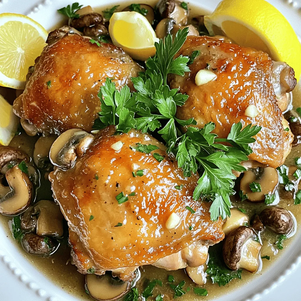 - 4 boneless chicken thighs - 8 oz mushrooms, sliced (any variety, such as cremini or button) - 4 tablespoons unsalted butter - 4 cloves garlic, minced - 1 teaspoon dried thyme - 1 teaspoon dried parsley (plus extra for garnish) - Salt and pepper to taste - 1 cup chicken broth - Juice of 1 lemon - 2 tablespoons olive oil Using boneless chicken thighs gives you juicy meat. They stay tender during cooking. You can use any mushrooms you like. Cremini and button mushrooms both work well. Garlic adds a strong flavor that pairs nicely with the butter. Use fresh garlic for the best taste. Fresh herbs can also enhance the dish. Dried herbs are great, but fresh will give a brighter flavor. If you don't have chicken thighs, chicken breasts can work too. Just cook them a bit less, as they can dry out. For mushrooms, you can try shiitake or portobello. If you're out of chicken broth, vegetable broth is a good choice. Lemon juice brightens the dish; if needed, use white wine instead. Start by patting the chicken thighs dry with paper towels. This step helps get a nice sear. Next, season both sides with salt, pepper, and dried thyme. Use enough salt and pepper to enhance the flavor without overpowering it. Let the chicken sit for a few minutes to absorb the seasonings. This small wait makes a difference in taste. In a large skillet, heat 2 tablespoons of olive oil over medium-high heat. Once the oil is hot, add the chicken thighs. Sear them for 5-7 minutes on each side until they turn golden brown. This browning adds flavor. After searing, remove the chicken from the skillet and set it aside. In the same skillet, add the remaining butter. Once it melts, toss in the sliced mushrooms. Sauté them for 5-6 minutes until they are browned and tender. Next, add the minced garlic and cook for 1-2 minutes. Watch carefully; burned garlic tastes bitter. Pour in the chicken broth and lemon juice, scraping up any tasty bits stuck to the pan. Stir in the dried parsley. Return the chicken thighs to the skillet, spooning some sauce over them. Cover the skillet and simmer on low heat for 15-20 minutes. The chicken should reach an internal temperature of 165°F (75°C). This ensures it is safe to eat. To achieve a great sear, make sure your skillet is hot before adding the chicken. If the oil doesn't shimmer, it's not ready. Avoid overcrowding the pan; this can lower the temperature and prevent browning. If needed, cook the chicken in batches. Lastly, resist the urge to move the chicken around too much. Let it sit to form a nice crust. To get the best flavor in garlic butter mushroom chicken, use fresh ingredients. Fresh garlic and herbs make a big difference. When you cook the mushrooms, let them brown well. This adds depth and richness to the dish. Don't rush this step! Searing the chicken until golden adds a nice crust. This helps lock in juices and flavor. Finally, a splash of lemon juice brightens everything up. It balances the rich butter and mushrooms perfectly. A good skillet is key for this recipe. Use a large, heavy-bottomed skillet to heat evenly. You will also need a sharp knife for slicing mushrooms and mincing garlic. A meat thermometer helps check if the chicken is done. Aim for 165°F (75°C) inside. Don’t forget a spatula for flipping the chicken and stirring the sauce. Having these tools ready makes cooking easier and more fun! One mistake is not drying the chicken enough. Moist chicken won’t sear well. Another mistake is overcrowding the pan with mushrooms. It leads to steaming, not browning. Make sure to give them space! Also, don’t burn the garlic. It can turn bitter quickly. Lastly, don't skip the resting time after cooking. Letting the chicken rest helps keep it juicy. Remember these tips for a tasty meal! {{image_2}} You can boost your meal with more veggies. Try adding spinach or kale. These greens cook quickly and add great flavor. You can also add bell peppers or zucchini. Slice them thin so they cook fast. Toss them in while cooking the mushrooms. This way, you get a colorful dish full of vitamins. Chicken thighs are tasty, but you can switch it up. Use chicken breasts for a leaner meal. If you want a different flavor, try turkey. For a vegetarian option, use firm tofu. Cut the tofu into cubes and sauté it like the chicken. Make sure to season it well for flavor. If you love spice, there are easy ways to heat things up. Add red pepper flakes to the garlic and mushrooms. Start with a pinch and taste as you go. You can also mix in some sliced jalapeños for a fresh kick. For an even bolder flavor, try a splash of hot sauce in the sauce. This will give your dish a nice zing! To keep your Garlic Butter Mushroom Chicken fresh, place it in an airtight container. Make sure it cools down before sealing. You can store it in the fridge for up to 3 days. If you want to keep it longer, freezing is a great option. When you're ready to enjoy leftovers, reheat the chicken in a skillet. Add a splash of chicken broth to keep it moist. Heat it over medium heat for about 5-7 minutes until it's warm. You can also use a microwave. Just cover it with a microwave-safe lid and heat in 1-minute intervals until hot. To freeze the chicken, let it cool completely first. Place it in a freezer-safe bag or container. Make sure to remove as much air as possible. You can freeze it for up to 3 months. When you’re ready to eat, thaw it in the fridge overnight. Then, reheat it as mentioned above. This way, you can enjoy your flavorful meal anytime! Yes, you can use chicken breasts. Chicken breasts are leaner than thighs. They will cook faster, so watch the time. Make sure you still season them well for flavor. If you use breasts, check for doneness at 165°F. You can use any mushrooms you like. Cremini and button mushrooms work well. They add a nice richness to the dish. If you want a stronger flavor, try shiitake or portobello. Just slice them up and add them to the pan. The best way is to check the internal temperature. Use a meat thermometer. The chicken should reach 165°F. If you don’t have a thermometer, cut into the thickest part. The meat should be white, not pink. Juices should run clear, not red or pink. This blog post covered key ingredients, step-by-step cooking, and handy tips. You learned how to prepare chicken, avoid common mistakes, and explore variations. Remember to store leftovers properly and try alternative protein options. Cooking should be fun and rewarding, so use these insights to create tasty meals. Enjoy experimenting in the kitchen, and always strive for great flavor. Following these steps will help you cook with confidence and impress anyone at the table.