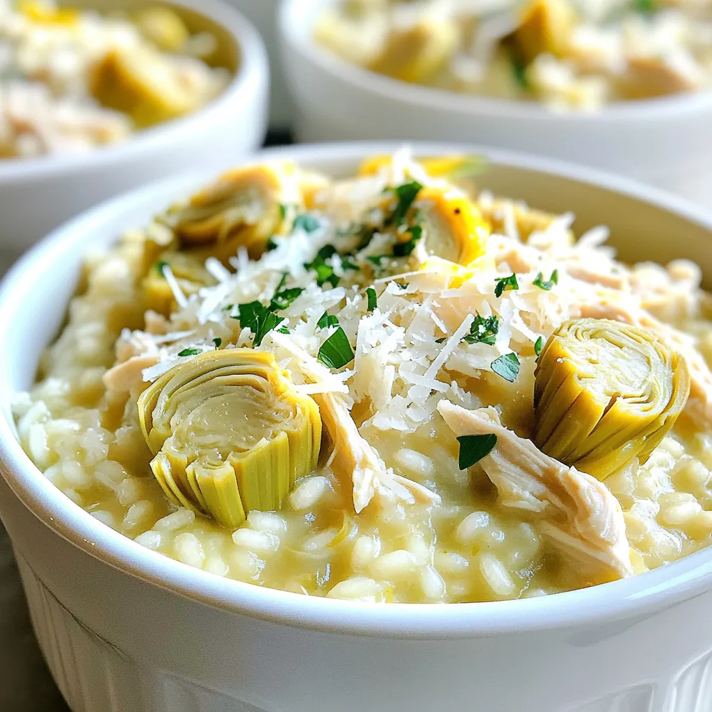 - 1 tablespoon olive oil - 1 medium onion, finely chopped - 3 cloves garlic, minced - 1 cup Arborio rice - 4 cups chicken broth (low sodium) - 1 cup cooked chicken, shredded (rotisserie chicken works well) - 1 can (14 oz) artichoke hearts, drained and quartered - Zest and juice from 1 lemon - ½ cup grated Parmesan cheese - ¼ cup fresh parsley, chopped - Salt and pepper to taste - Lemon slices for serving This dish shines with its fresh, bright flavors. I use olive oil to start, which gives a rich base. The onion and garlic add warmth. They create a cozy aroma that fills the kitchen. Next, I add Arborio rice. This type of rice is key for risotto. It absorbs flavors well and becomes creamy. The chicken broth is next. I use low-sodium broth for better control of saltiness. Cooked chicken adds protein and heartiness. I often use rotisserie chicken. It saves time and adds great taste. The artichoke hearts bring a unique texture. They complement the creamy rice beautifully. For flavor, I rely on lemon zest and juice. It brightens the dish. Parmesan cheese adds richness and a salty kick. I finish with fresh parsley for color and freshness. A sprinkle of salt and pepper balances all the flavors. Lastly, I like to serve it with lemon slices. They make the dish look lovely and add a pop of flavor. 1. Sautéing onion and garlic: Start by heating one tablespoon of olive oil in a large pot. Add one finely chopped onion. Cook for about five minutes. You want it to turn translucent. Next, stir in three minced garlic cloves. Cook for one more minute. The smell will be amazing! 2. Toasting Arborio rice: Now, add one cup of Arborio rice to the pot. Stir well to coat the grains in oil. Toast the rice for about two minutes. This step adds a nice flavor to your risotto. 1. Incorporating chicken broth: Gradually add four cups of low-sodium chicken broth. Pour in one cup at a time. Stir constantly as you add each cup. Wait until most liquid is absorbed before adding more. This process takes about 20 to 25 minutes. 2. Achieving creamy, al dente texture: Keep stirring until the rice is creamy and al dente. It should have a slight bite to it. This is the key to perfect risotto. 1. Adding chicken, artichokes, and lemon: Now, mix in one cup of shredded cooked chicken and one can of quartered artichoke hearts. Zest and juice one lemon. Stir these into the risotto. This adds fresh brightness! 2. Stirring in Parmesan cheese: Finally, remove the pot from heat. Add half a cup of grated Parmesan cheese. Stir well to melt the cheese into the risotto. Season with salt and pepper to taste. Let it rest for two to three minutes before serving. Stirring constantly is key to making risotto creamy. It helps release the starch from the rice. This starch gives risotto that smooth texture you crave. Don't rush this step. Keep stirring as you add the broth slowly. To achieve the right consistency, look for a creamy, slightly thick texture. The rice should be al dente or firm to the bite. This means it is cooked but still has a slight chew. If it's too thick, add a bit more broth. If you want an alternative to chicken, try using shrimp or tofu. Both options add great flavor and protein. For artichokes, you can use frozen peas or mushrooms. These swaps keep the dish fresh and interesting. For a vegetarian option, skip the chicken entirely. Use vegetable broth instead of chicken broth. This keeps the taste rich while being meat-free. For storing leftovers, put the risotto in an airtight container. Keep it in the fridge for up to three days. When you're ready to eat it again, reheat it gently on the stove. You can add a splash of broth to help restore moisture. To avoid losing texture, don't microwave it. Microwaving can make it dry and gummy. Instead, stir it over low heat until heated through. This keeps the creaminess intact. {{image_2}} You can switch up the protein in this dish. Shrimp works great in risotto. Just add it when you mix in the chicken. It cooks fast and adds a nice flavor. Tofu is a fantastic alternative for a vegetarian dish. Use firm tofu and cook it until golden. You can also try different cuts of chicken. Thighs will give you a richer taste. Breasts are leaner but still delicious. Adding herbs can change the whole dish. Fresh thyme adds a lovely earthy note. Basil brings a sweet touch that brightens the flavors. You can also toss in other veggies. Spinach wilts down nicely and adds color. Peas are a fun addition too. They give a burst of sweetness in every bite. Serving this risotto with crusty bread is a must. A warm baguette soaks up the sauce well. A fresh salad on the side makes the meal lighter. You can also make it a one-pot meal. Just add a side of roasted veggies right in the pot. This way, you get a full and tasty dinner with less cleanup. To keep your risotto fresh, use airtight containers. This keeps out air and moisture. Store it in the fridge right after it cools. This way, it stays safe to eat. You can keep it for up to three days. For best results, eat it within two days for great taste. If you want to save risotto for later, freezing works well. First, let it cool completely. Then, spoon it into freezer-safe containers. Leave some space at the top for expansion. It can last up to three months in the freezer. When you are ready to eat, thaw it in the fridge overnight. Reheat it on the stove, adding a splash of broth or water to keep it creamy. Knowing how long your food lasts is important. Cooked risotto lasts about three days in the fridge. If you see any signs of spoilage, like an odd smell or mold, throw it away. Always trust your senses. Keeping food safe is key to enjoying your meals! Yes, you can make this risotto ahead of time. Cook the risotto as directed. After it cools, store it in an airtight container. Keep it in the fridge for up to three days. When you're ready to eat, reheat it on the stove. Add a splash of chicken broth to keep it creamy. Stir constantly until it’s hot. This risotto pairs well with several side dishes. Try a simple green salad with a light dressing. Roasted vegetables also make a great side. You can serve it with crusty bread, too. For a heartier meal, add grilled asparagus or a side of garlic bread. Check the risotto after about 20-25 minutes of cooking. It should be creamy and al dente. Take a spoonful and taste a grain. If it’s tender but still has a slight bite, it's ready. The risotto should not be mushy. If it needs more time, cook it a few more minutes, stirring often. This blog post covered all you need to make a great risotto. We talked about key ingredients like olive oil, chicken broth, and Parmesan cheese. You learned how to prepare the rice and achieve the perfect creamy texture. Don’t forget to try different proteins and veggies to mix it up. With a few tips on storage and reheating, you can enjoy leftovers too. Now it’s time to create your dish and make it your own. Happy cooking!