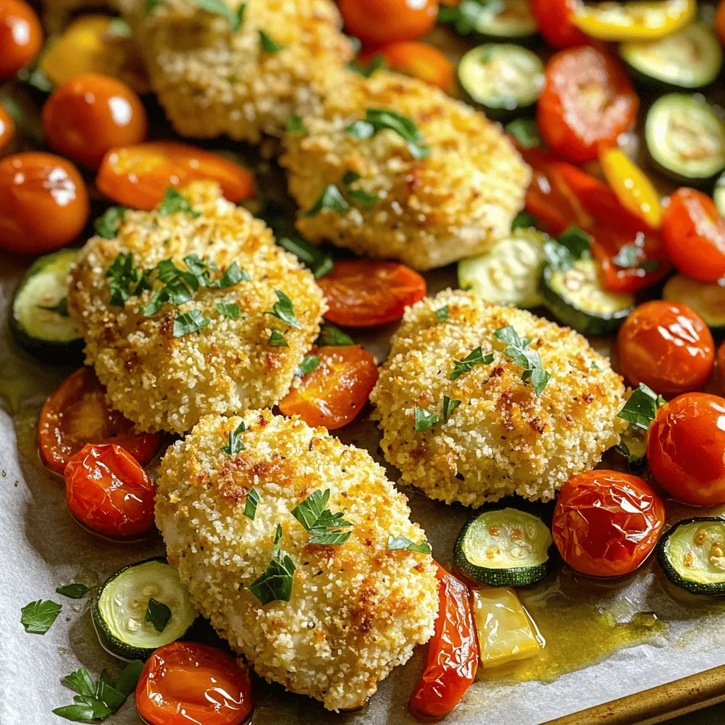 - 4 boneless, skinless chicken breasts - 1 cup grated Parmesan cheese - 1 cup panko breadcrumbs To make this dish, start with boneless, skinless chicken breasts. They are easy to cook and very tender. I like using grated Parmesan cheese for its rich flavor. The panko breadcrumbs give the chicken a nice crunch. You can find these items at any grocery store. - 2 teaspoons garlic powder - 1 teaspoon Italian seasoning - 2 tablespoons olive oil For seasonings, I use garlic powder and Italian seasoning. They add a wonderful taste. Olive oil helps the crust stick to the chicken and gives it a nice color. - 1 cup cherry tomatoes, halved - 1 zucchini, sliced - 1 red bell pepper, sliced I love adding cherry tomatoes for their sweetness. Zucchini and red bell pepper bring color and nutrition. You can switch these veggies based on what you have at home. Use your favorites for a personal touch. First, preheat your oven to 400°F (200°C). This helps the chicken cook evenly. Next, line a large sheet pan with parchment paper. This makes for easy cleanup later on. In a medium bowl, mix together 1 cup of grated Parmesan cheese and 1 cup of breadcrumbs. I like to use panko for extra crunch. Then, add 2 teaspoons of garlic powder, 1 teaspoon of Italian seasoning, 1/2 teaspoon of paprika, 1/2 teaspoon of black pepper, and 1/2 teaspoon of salt. Stir it all together well to make a tasty crust mixture. Pat the chicken breasts dry with paper towels. Place them on one side of the prepared sheet pan. Drizzle 2 tablespoons of olive oil over each chicken breast. Then, take the crust mixture and coat each piece generously, pressing down to help it stick. On the other side of the sheet pan, arrange 1 cup of halved cherry tomatoes, and slices of 1 zucchini and 1 red bell pepper. Drizzle the veggies with a bit of olive oil. Sprinkle a pinch of salt and pepper on top. Now, place the sheet pan in the oven and bake for 25-30 minutes. The chicken should be cooked through, reaching an internal temperature of 165°F (74°C). The crust will turn golden brown, and the veggies should be tender and slightly caramelized. After baking, remove the pan from the oven and let it rest for 5 minutes. Garnish with freshly chopped parsley before serving. To get that perfect crispy crust on your chicken, panko breadcrumbs are key. Unlike regular breadcrumbs, panko is lighter and airier. This texture helps your crust get extra crunch when baked. It holds onto the flavors, making each bite yummy. Here are some baking tips for crispiness: - Bake at a high temperature, like 400°F (200°C). - Use parchment paper on your sheet pan to avoid sticking. - Drizzle olive oil on the chicken before coating it. This helps the crust brown nicely. To boost flavor, you can add more seasonings. Try adding some: - Cayenne pepper for heat - Lemon zest for brightness - Onion powder for depth Using fresh herbs is a great way to finish your dish. After baking, sprinkle chopped parsley on top. It adds color and freshness to the plate. Prep ahead to save time. You can coat the chicken and cut the veggies in advance. Store them in the fridge until you're ready to bake. This makes it easy to whip up dinner on busy nights. To ensure even cooking: - Cut your chicken breasts to a similar size. This helps them cook at the same rate. - Arrange the vegetables evenly on the pan. They should not be too crowded, so they roast well. {{image_2}} You can switch up the chicken breasts for chicken thighs. Thighs add more flavor and stay juicy. If you want to try something new, use fish like salmon or cod. Tofu is another great choice for a plant-based version. It’s light and takes on flavors well. Feel free to mix in or swap out vegetables based on the season. Broccoli, asparagus, or carrots are great choices. Frozen veggies can save time, but fresh ones usually taste better. Just remember to adjust the cooking time if you use frozen. To change the taste, add different spices. Try cayenne for heat or lemon zest for brightness. You can also use different cheeses like mozzarella or cheddar for a twist. Sauces like BBQ or teriyaki can be brushed on before baking, adding a new layer of flavor. To keep your leftovers fresh, let the chicken cool first. Place the chicken and veggies in an airtight container. This helps keep the flavors intact. Refrigerate them within two hours of cooking. Use them within three days for the best taste. To reheat, use the oven for best results. Preheat the oven to 350°F (175°C). Place the chicken on a baking sheet. Heat for about 10-15 minutes. This keeps the crust crispy. Avoid using the microwave, as it can make the chicken soggy. If you must, use a low setting and cover the dish loosely. To freeze leftovers, wrap each piece of chicken in plastic wrap. Then, place them in a freezer bag. Remove air to prevent freezer burns. You can freeze them for up to three months. For thawing, place the chicken in the fridge overnight. Reheat in the oven as mentioned for best texture. It takes about 40 minutes to cook this dish. You will spend 10 minutes prepping and 25-30 minutes baking. Yes, you can make it gluten-free. Use gluten-free breadcrumbs or crushed nuts. Almond flour also works well as a substitute. You can serve this chicken with a fresh salad, rice, or crusty bread. Roasted potatoes or steamed veggies also pair nicely. Check the chicken's internal temperature. It should reach 165°F (74°C). Look for a golden crust and clear juices to know it’s done. This article covers how to make a tasty sheet pan Parmesan crusted chicken. We explored the main ingredients like chicken breasts, Parmesan cheese, and fresh veggies. I shared step-by-step instructions, tips for a crispy crust, and variations you can try. Remember, you can mix and match proteins and veggies. Storing leftovers and reheating them properly will help maintain flavor. Enjoy creating this simple, healthy meal in your own kitchen! Cook with confidence, and let your creativity shine.